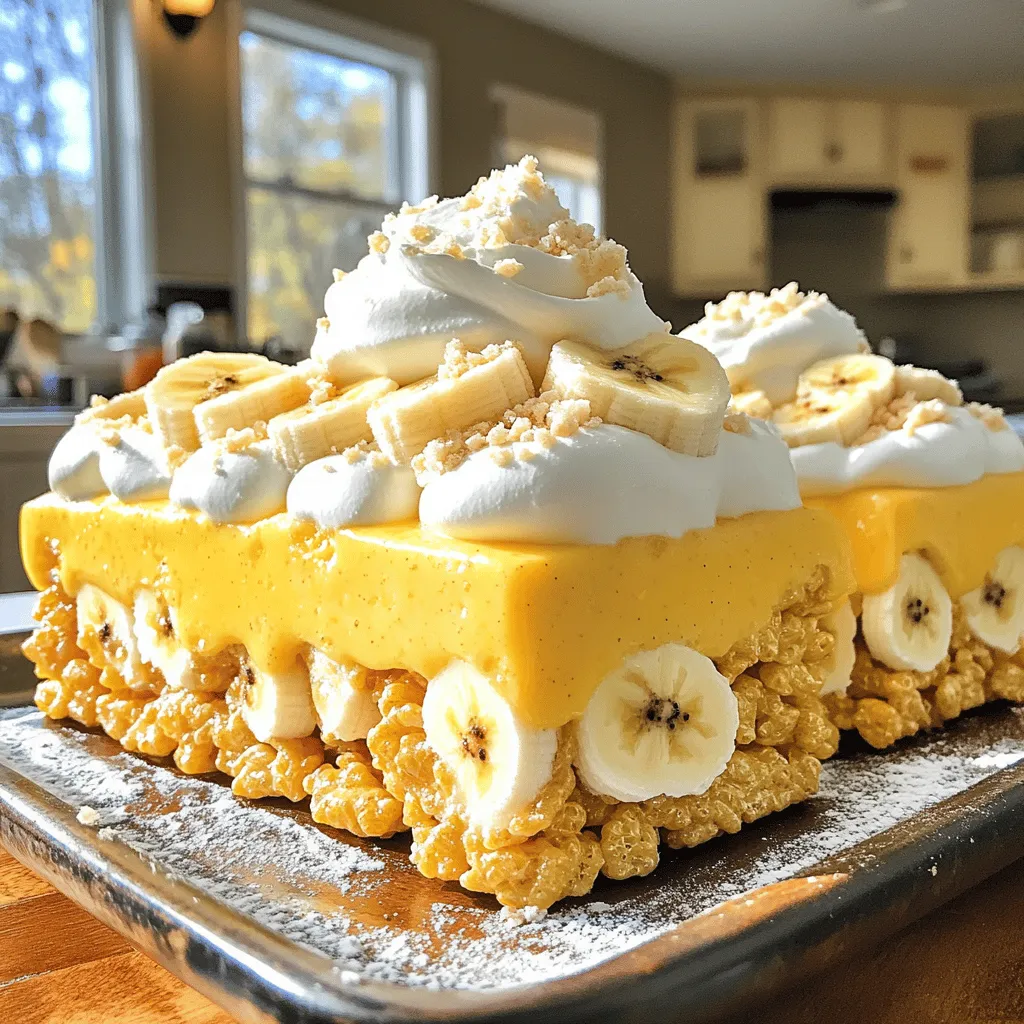 To make the best Banana Pudding Rice Krispie Treats, you need simple ingredients. Here’s what you will need: - 4 cups Rice Krispie cereal - 1 cup mini marshmallows - 1/2 cup unsalted butter - 1/2 teaspoon vanilla extract - 1 box (3.4 oz) instant banana pudding mix - 1 cup milk - 1 cup sliced bananas (fresh) - 1/2 cup whipped cream (optional, for garnish) - 1/4 cup crushed vanilla wafers (for topping) Each ingredient plays a key role. The Rice Krispie cereal gives crunch. The mini marshmallows add sweetness and stickiness. Butter helps everything come together. Vanilla extract brings a nice flavor. The banana pudding mix is the star, giving that classic banana taste. Fresh bananas add a fruity touch, while whipped cream and vanilla wafers make it look pretty. When you gather these ingredients, you set the stage for a fun and tasty treat. This recipe makes about 12 servings, perfect for sharing. If you want the full recipe, check the earlier section. - Grease the baking dish. - Melt butter and marshmallows. - Combine Rice Krispies and marshmallow mixture. First, take a 9x13 inch baking dish and grease it with a bit of butter. This helps prevent sticking. Next, grab a large saucepan and melt 1/2 cup of unsalted butter over low heat. Once the butter melts, add 1 cup of mini marshmallows. Stir continuously until the marshmallows melt and become smooth. Remove the pan from heat, then add 1/2 teaspoon of vanilla extract. Mix it well. Now, slowly add in 4 cups of Rice Krispie cereal. Stir until every piece is coated with that gooey marshmallow mix. - Prepare the banana pudding mixture. - Layer the Rice Krispies and pudding. - Refrigerate to set. In a separate bowl, whisk together 1 box of instant banana pudding mix with 1 cup of milk. Whisk for about 2 minutes until it thickens. Gently fold in 1 cup of sliced bananas. Let the Rice Krispie mixture cool for a bit. Press half of it into your greased dish evenly. Next, pour the banana pudding mixture over the Rice Krispies. Spread it evenly. Top this with the rest of the Rice Krispie mix. Press down gently to secure the layers. If you want, add a dollop of whipped cream on top and sprinkle crushed vanilla wafers for extra crunch. Finally, refrigerate the treats for at least 1 hour to let them set before slicing. For the full recipe, check out the details above. - Ensure proper marshmallow melting: Melt the butter and marshmallows on low heat. Stir until smooth. This step is key for the right texture. - Press layers evenly for best texture: When adding layers, press down gently but firmly. This keeps the treats together. - Use fresh bananas for flavor: Choose ripe bananas for a sweeter taste. Fresh bananas add great flavor and texture. - Presentation ideas: Serve these treats chilled on a colorful platter. They look great cut into squares. - Drizzle options: Add a drizzle of chocolate syrup for extra sweetness. It makes them even more tempting! - Garnishing tips: Top with whipped cream and a slice of banana. Crushed vanilla wafers also add a nice crunch. For the complete recipe, check out the Full Recipe. {{image_2}} You can take your Banana Pudding Rice Krispie Treats to the next level by adding some fun flavors. Here are a few ideas: - Add peanut butter for richness: Mixing in peanut butter gives a nice nutty taste and creaminess. Use about 1/2 cup to keep the balance. - Include chocolate chips for added sweetness: Stir in 1/2 cup of chocolate chips for a sweet twist. They melt slightly, adding a delightful gooeyness. - Swap vanilla wafers with graham crackers: Graham crackers give a different crunch and flavor. They work great as a topping or in the layers. You can also make these treats fit different diets. Here are some options: - Gluten-free options: Use gluten-free Rice Krispies and ensure all other ingredients are gluten-free. This way, everyone can enjoy them! - Dairy-free variations (using coconut cream): Swap milk with coconut cream for a rich dairy-free version. It adds a nice tropical flavor, too! These variations let you customize your treats while keeping them delicious. Try them out and see which you like best! To keep Banana Pudding Rice Krispie Treats fresh, store them in the fridge. Use an airtight container to prevent them from drying out. They taste best when cold and firm. These treats can last up to five days in the fridge. Make sure to slice them before storing for easy serving. If you want to keep them longer, freezing is a great option. Wrap the treats in plastic wrap, then cover them with aluminum foil. This will help prevent freezer burn. You can freeze them for up to three months. When you’re ready to enjoy, take them out and let them thaw in the fridge overnight. Serve chilled for the best taste. Want to learn how to make these treats? Check the Full Recipe! Can I use different flavors of pudding? Yes, you can! Try chocolate or vanilla pudding for a twist. Each flavor brings its own fun vibe. Mix and match to find your favorite. How do I make these treats more festive? Add sprinkles or colored chocolate chips on top. You can also layer in fresh fruit or use fun molds for unique shapes. These ideas make your treats pop at any event. Is it necessary to use fresh bananas? Fresh bananas add great taste and texture. They give a nice creaminess to the pudding layer. If you need, use banana chips for a crunchier option, but fresh is best. Can I substitute for Rice Krispie cereal? Yes, you can. Try using other cereals like puffed rice or cornflakes. Just make sure they are light and crispy to hold the treats together well. Making these delicious Rice Krispie Banana Treats is easy and fun. You learned about the key ingredients, simple steps to prepare, and some great tips to make your treats special. Remember to use fresh bananas and press the layers well. You can personalize the recipe by adding flavors like peanut butter or chocolate. Store them properly for the best taste. Enjoy sharing your treats with friends and family. These treats will surely bring smiles to everyone!