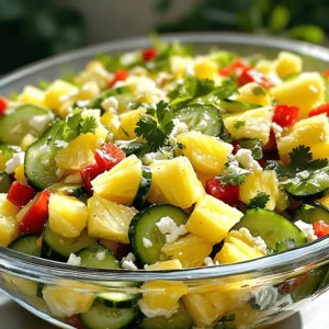 - 2 cups fresh pineapple, diced - 1 large cucumber, thinly sliced - 1 red bell pepper, diced - 1 jalapeño, finely chopped (optional) - 1/4 red onion, thinly sliced - 1/4 cup fresh cilantro, chopped - Juice of 2 limes - 2 tablespoons honey or agave syrup - Salt and pepper to taste - 1/4 cup crumbled feta cheese (optional) Pineapple cucumber salad bursts with bright flavors. Each ingredient plays a role. First, fresh pineapple adds sweetness and tang. Choose ripe, juicy pineapple for the best taste. The cucumber brings a cool crunch. It balances the sweetness of the pineapple. Next, the red bell pepper contributes color and extra flavor. The jalapeño adds a bit of heat. You can skip it if you prefer a milder dish. Red onion gives a sharp bite, while cilantro adds freshness. Lime juice brings acidity and brightness. Honey or agave syrup adds a touch of sweetness. Adjust it to your taste. Finally, salt and pepper enhance all the flavors. If you want, sprinkle feta cheese on top. It adds a creamy, salty twist. This salad is a feast for the eyes and the palate. For the full recipe, check out Tropical Crisp Pineapple Cucumber Salad. - Step 1: Combine Main Ingredients In a large bowl, add 2 cups of diced fresh pineapple, 1 thinly sliced cucumber, 1 diced red bell pepper, and 1/4 thinly sliced red onion. If you want some heat, add 1 finely chopped jalapeño. This mix gives a colorful look and fresh taste. - Step 2: Make the Dressing In a small bowl, whisk together the juice of 2 limes and 2 tablespoons of honey or agave syrup. Mix until it’s smooth and well-blended. This dressing balances the sweet and tart flavors in your salad. - Step 3: Mix Dressing with Salad Pour the lime dressing over the salad ingredients. Gently toss everything together until all the pieces are coated. This step is key to ensuring each bite is flavorful. - Step 4: Add Seasoning and Garnish Add salt and pepper to taste, along with 1/4 cup of chopped fresh cilantro. Toss the salad lightly again. If you like, sprinkle 1/4 cup of crumbled feta cheese on top for a savory twist. - Importance of Refrigeration Refrigerating the salad helps the flavors mix well. The coolness also enhances the crispness of the ingredients. - Duration for Best Flavor Let the salad chill in the fridge for at least 30 minutes before serving. This wait makes every bite even more delicious. For the full recipe, check the detailed instructions above. Choosing Ripe Pineapple To pick a ripe pineapple, look for a sweet smell. The skin should be golden and firm. Press gently; it should yield a little. Avoid pineapples that feel too soft or have brown spots. A ripe pineapple adds great flavor to your salad. Vegan Alternatives to Honey If you want a vegan option, use agave syrup instead of honey. It has a similar sweetness and works well with lime juice. You can also try maple syrup for a unique taste. These substitutes keep your salad tasty and plant-based. How to Serve Pineapple Cucumber Salad Serve your salad in a large bowl or individual dishes. For presentation, consider adding a sprig of cilantro on top. A sprinkle of feta cheese can also enhance the look. Chill the salad before serving for a refreshing treat. Pairing with Other Dishes This salad pairs well with grilled chicken or fish. It also complements spicy tacos or rice bowls. You can serve it at barbecues or picnics as a side dish. The bright flavors balance rich meals nicely, making every bite enjoyable. For the complete recipe, check out the [Full Recipe]. {{image_2}} Other Fruits to Include You can mix in other fruits for a tasty twist. Try mango, kiwi, or strawberries. Each fruit adds its own flair and flavor. They keep the salad fresh and exciting. Experiment with what you like best! Alternative Dressings If you want a different taste, swap the dressing. A splash of coconut milk or a balsamic glaze works great. You can even use a simple olive oil with lemon juice. Each dressing gives a new vibe to the salad. Gluten-Free Options This salad is naturally gluten-free. All the ingredients are safe for those avoiding gluten. You can enjoy it without worry. Just ensure any added dressing is gluten-free too. Low-Calorie Modifications For a lighter dish, skip the honey or use a sugar-free sweetener. You can also cut back on the feta cheese. The salad will still taste great, and you save some calories. Enjoying healthy meals can be tasty! To keep your pineapple cucumber salad fresh, store it in an airtight container. This helps keep out air and moisture. You can place it in the fridge right after making it. The salad stays fresh for up to three days. After that, the veggies may lose their crunchy texture and flavor. Should you reheat pineapple cucumber salad? No, this salad is best served cold. Heating can change the texture and flavor. How to refresh leftovers? If you have leftovers, try adding a bit of fresh lime juice. This brightens the salad and brings back some zest. You can also toss in some fresh herbs, like cilantro, to enhance the taste. For a quick fix, just mix it well and enjoy! For the full recipe, check out the Tropical Crisp Pineapple Cucumber Salad. How do I make it more spicy? To add spice, include more jalapeño. You can also use red pepper flakes. Adjust the amount based on your taste. A little heat can really boost the flavor! Can I prepare this salad ahead of time? Yes, you can make it a few hours early. Just mix everything except the dressing. When you’re ready to serve, add the dressing and toss. This keeps the salad fresh and crunchy! What can I use instead of cilantro? If you don’t like cilantro, try parsley or basil. Both add great flavor. You can even skip herbs if you prefer a more simple taste. Is Pineapple Cucumber Salad healthy? Yes, this salad is very healthy! It has fresh fruits and veggies. Pineapple provides vitamins, while cucumber adds hydration. The honey adds a bit of sweetness, but it’s still light. Enjoy this fresh mix guilt-free! For the full recipe, check out the Tropical Crisp Pineapple Cucumber Salad. You learned how to make a tasty Pineapple Cucumber Salad. We covered fresh ingredients, easy steps, and tips for perfection. Remember to chill it for great flavor. Feel free to experiment with different fruits or dressings. This salad is not just healthy; it’s fun to make. Store leftovers properly, and enjoy them later. Keep these ideas in mind for a fresh, bright dish that fits any meal. Your family will love it, and you will too!
