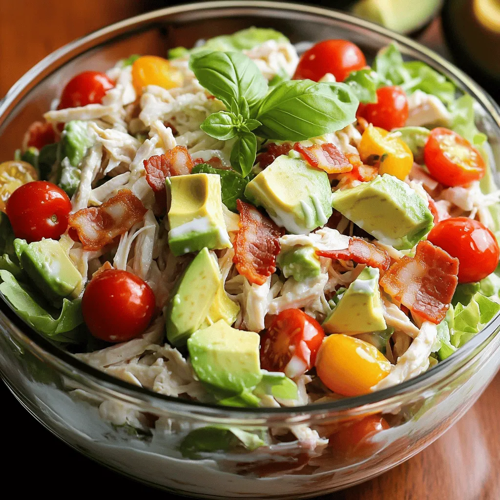- 2 cups cooked chicken breast, shredded - 4 slices of crispy turkey bacon, chopped - 1 cup cherry tomatoes, halved - 1 avocado, diced - 1/2 cup romaine lettuce, chopped - 1/4 cup red onion, finely chopped - 1/2 cup Greek yogurt - 2 tablespoons mayonnaise - 1 tablespoon Dijon mustard - 1 tablespoon lemon juice - Salt and pepper to taste - Fresh basil leaves for garnish Gather these fresh ingredients to make your BLT chicken salad. Each one brings flavor and nutrition. The cooked chicken breast adds protein. Turkey bacon gives a crispy texture and a savory taste. Cherry tomatoes add a sweet burst. Avocado brings creaminess, while romaine lettuce adds crunch. Red onion offers a mild bite, and the herbs brighten the flavors. You can mix Greek yogurt with mayonnaise for a tangy dressing. Dijon mustard and lemon juice add zest. Don’t forget to season with salt and pepper! These simple ingredients create a tasty, healthy meal. - Large mixing bowl - Small bowl - Measuring cups and spoons - Fork or spatula for mixing Having the right tools makes cooking easier. A large mixing bowl helps combine all the salad ingredients. Use a small bowl for the dressing to keep it separate until ready. Measuring cups and spoons ensure you use the right amounts. Finally, a fork or spatula allows for gentle mixing without smashing the ingredients. You can find this full recipe in my collection of delicious meals. - Combine shredded chicken, bacon, tomatoes, avocado, lettuce, and onion. - Gently mix to incorporate ingredients. Start by taking a large mixing bowl. Add in two cups of shredded chicken. Next, toss in four slices of crispy turkey bacon that you have chopped. The bacon adds a nice crunch. Then, add one cup of halved cherry tomatoes for sweetness. Don’t forget the avocado! Dice one avocado and add it in for creaminess. Now, chop half a cup of romaine lettuce and a quarter cup of finely chopped red onion. These add freshness and flavor. Mix everything gently but thoroughly. You want each bite to have a bit of everything. - Combine Greek yogurt, mayonnaise, mustard, lemon juice, salt, and pepper. - Whisk until smooth and creamy. In a small bowl, combine half a cup of Greek yogurt with two tablespoons of mayonnaise. The yogurt makes the dressing creamy but lighter. Add in one tablespoon of Dijon mustard for a little zing. Squeeze in one tablespoon of lemon juice for brightness. Finally, season with salt and pepper to taste. Whisk it all together until smooth and creamy. This dressing will bring your salad to life. - Pour dressing over salad mixture. - Toss gently to coat evenly. - Chill for 15 minutes before serving. Now, pour the dressing over your salad mixture. Toss gently to coat everything evenly. This is where the magic happens! Let the salad chill in the fridge for about 15 minutes. This time lets the flavors blend nicely. Before serving, give the salad one last gentle toss. You want it to look fresh and inviting. Serve it in a clear glass bowl to show off those vibrant colors. Enjoy your delicious and healthy BLT Chicken Salad! For the complete recipe, check out the Full Recipe. To make your BLT chicken salad shine, use freshly cooked chicken. This gives your salad the best texture and flavor. After mixing all the ingredients, let the salad chill in the fridge. Chilling helps the flavors meld together, making each bite taste even better. When serving your salad, consider pairing it with crusty bread or crackers. This adds a nice crunch. For a great visual impact, present the salad in a clear bowl. The colorful ingredients will look inviting and make your meal more appealing. To lighten up your salad, use low-fat Greek yogurt instead of regular yogurt. This swap cuts calories without losing creaminess. You can also substitute ingredients based on your dietary needs. For example, try bacon alternatives if you want a healthier option. These changes keep the salad delicious while catering to different diets. You can find the full recipe [here](#). {{image_2}} You can add your own twist to the BLT Chicken Salad. Try adding diced cucumbers or bell peppers for a crunch. These veggies not only boost flavor but also add color. You can also use different greens like spinach or arugula. These greens bring a fresh taste and vibrant look. The dressing is key to making this salad yummy. You can experiment with different types of mustard. Honey mustard adds sweetness, while spicy mustard gives a kick. You can also try yogurt flavors like garlic or herb for a creamy base. Adding fresh herbs like dill or cilantro can brighten the dish. These herbs add depth and fresh taste. If you need to cater to dietary needs, it’s easy to adapt. To make it gluten-free, just check your ingredient choices. Most items, like chicken and veggies, are naturally gluten-free. If you want a vegan version, use plant-based substitutes. Swap the chicken for chickpeas and the yogurt for a dairy-free option. These changes keep the salad hearty and filling. For the full recipe, check out the details above! To store your leftovers, keep them in an airtight container in the refrigerator. This helps keep the salad fresh. It’s best to eat the salad within 2-3 days. After that, the ingredients may lose their taste and texture. Freezing the salad is not a good idea. The ingredients can change texture when thawed. If you plan to freeze it, store the dressing separately. This will help maintain the salad’s taste when you serve it later. I recommend serving the BLT chicken salad cold. This keeps the flavors bright and fresh. If you must reheat it, do so gently on low heat. This method helps avoid altering the texture of the ingredients. Enjoy the crispness and taste just as they are! You can use avocado or a yogurt-based dressing as alternatives. These options keep the salad creamy and tasty. Avocado adds a rich flavor, while yogurt gives a nice tang. Both choices make the salad lighter and healthier. Plus, they keep the dish fresh and vibrant. Yes, you can prepare the salad in advance. Just remember to add delicate ingredients like lettuce and avocado just before serving. This way, they stay crisp and fresh. Preparing the chicken and bacon ahead of time saves you effort on busy days. This salad pairs well with vegetable sticks, potato chips, or a light soup. The crunch of the chips or the fresh veggies adds great texture. A bowl of soup can balance out the flavors nicely. Enjoy your meal with these simple sides! This BLT Chicken Salad recipe is a tasty and simple dish. You mix fresh ingredients and create a flavorful dressing. Remember to chill the salad for better taste. You can also switch ingredients to fit your diet. Store your leftovers well for days of enjoyment. With some tips and variations, you can keep this meal fresh and exciting. Enjoy making it your own!