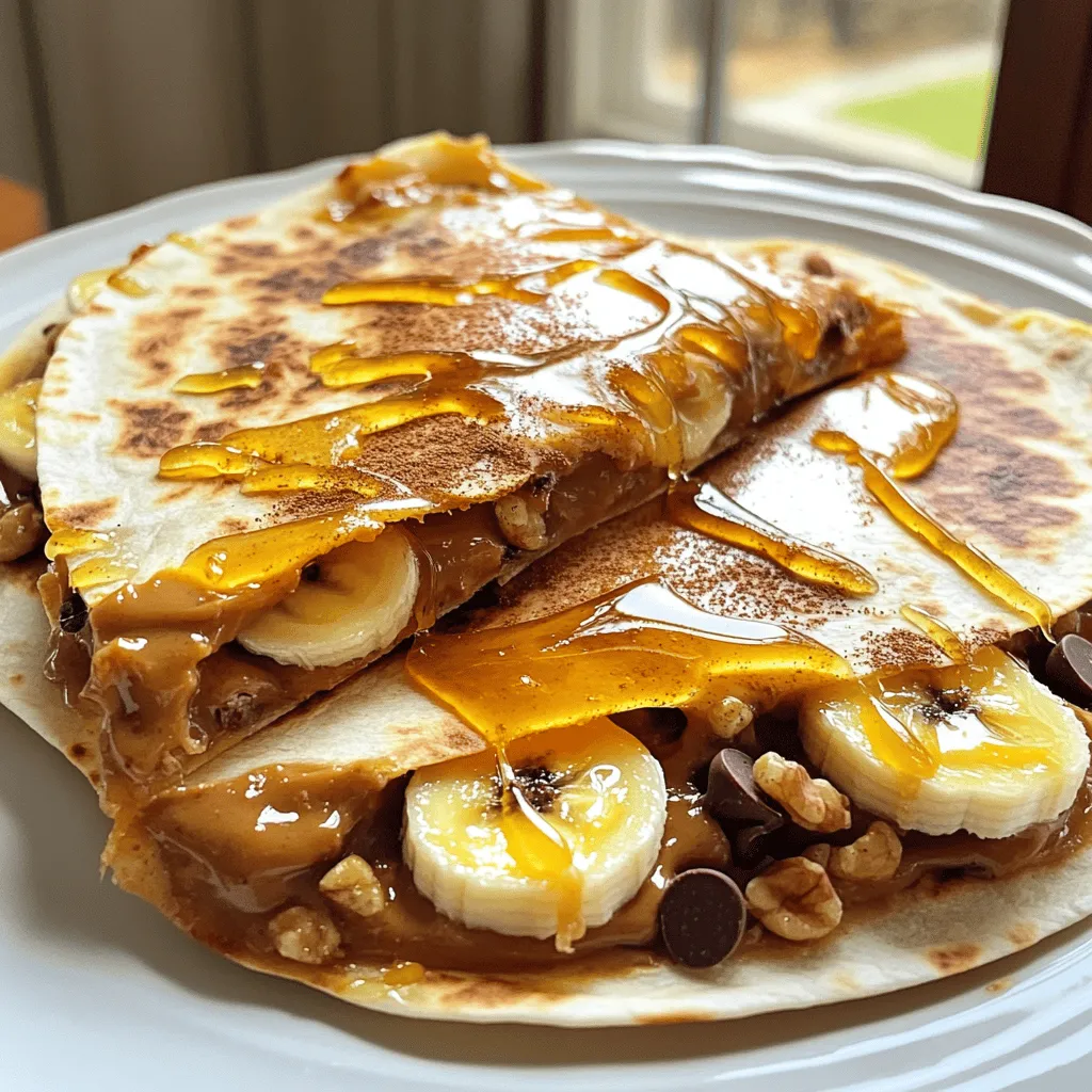 - 2 large flour tortillas - 1/2 cup creamy or crunchy peanut butter - Sliced banana - 1/4 cup honey - 2 tablespoons chopped walnuts or almonds - 2 tablespoons chocolate chips - Cooking spray or butter - Non-stick skillet Making a peanut butter quesadilla is simple and fun. The main ingredients are easy to find. You just need large flour tortillas and peanut butter. You can choose creamy or crunchy, depending on your taste. For extra flavor and texture, consider add-ins. Sliced banana adds sweetness and creaminess. Honey gives a nice drizzle of sweetness. Chopped nuts like walnuts or almonds add crunch. Chocolate chips can make it feel like dessert. You will also need cooking spray or butter to grease the skillet. A non-stick skillet works best for cooking. This makes flipping the quesadilla easy and keeps it from sticking. Check out the Full Recipe for more details on how to make this tasty treat! First, heat a non-stick skillet over medium heat. Lightly grease it with cooking spray or butter. This step ensures that your quesadilla won’t stick. Next, take out your tortillas. Spread 1/4 cup of peanut butter evenly over each tortilla. Make sure to cover them well. This gives your quesadilla a rich, creamy taste. Now, it’s time to layer your ingredients. On one tortilla, add sliced banana on top of the peanut butter. The banana adds a sweet flavor and soft texture. Drizzle honey over the banana. Then, sprinkle cinnamon for extra taste. If you want, you can also add chopped walnuts or almonds and chocolate chips. These will give more crunch and sweetness. Place the second tortilla on top, peanut butter side down. This creates a delicious sandwich. Carefully transfer the quesadilla to the preheated skillet. Cook for about 2 to 3 minutes per side. You want each side to turn golden brown. The peanut butter should be soft and warm. Once cooked, take the quesadilla out of the skillet. Let it cool for a minute before cutting it into wedges. Serve warm and enjoy! For the full recipe, check out the complete instructions provided. To make a tasty peanut butter quesadilla, the right skillet temperature matters. Heat your non-stick skillet to medium. If it's too hot, the quesadilla burns. If it's too cool, it won't cook well. Ensure an even cook by pressing down gently with a spatula. This helps the filling heat through and the tortilla crisp up nicely. You can pair your quesadilla with dips like yogurt or fruit salsa. This adds a fresh twist and enhances the flavor. For a fun presentation, cut the quesadilla into wedges. Arrange them on a plate with dips beside them. It looks great and invites everyone to dig in! To balance the sweetness, add fruits like strawberries or apples. They give a nice contrast to the peanut butter. If you want to try something new, use different nut butters. Almond or cashew butter works well and brings a unique taste. For the full flavor experience, check out the Full Recipe. {{image_2}} You can make your peanut butter quesadilla even better by adding fruit. Strawberries and apples work great. Slice them thin and layer them on top of the peanut butter. This will add sweetness and crunch. You can also mix in different nuts like almonds or walnuts for extra flavor and texture. This adds a nice bite to each quesadilla. Want to turn your quesadilla into a dessert? Try drizzling chocolate sauce on it. This adds a rich, sweet touch that kids will love. You can also pair your quesadilla with vanilla ice cream. The cold ice cream balances the warm, gooey peanut butter. It’s a fun treat for any day! If you like savory flavors, try adding cheese or spices. A sprinkle of cinnamon can add warmth. You can also use whole grain tortillas for a healthier option. This gives your quesadilla a nutty flavor. Mixing both sweet and savory flavors can surprise your taste buds! For the complete recipe, check out the [Full Recipe]. To keep leftover quesadillas fresh, let them cool first. Then wrap them in plastic wrap or foil. Store them in the fridge for up to three days. This way, they stay tasty and safe to eat. To reheat your quesadilla, use a skillet over low heat. This method helps keep the texture nice and crispy. Heat each side for about two minutes. You can also microwave them. Just place the quesadilla on a plate and cover it with a damp paper towel. Heat for about 30 seconds. If you want to freeze your quesadilla, first let it cool completely. Wrap it tightly in plastic wrap, then place it in a freezer bag. This helps prevent freezer burn. To thaw, move it to the fridge overnight. For best results, reheat it in a skillet after thawing. Enjoy your Peanut Butter Quesadilla whenever you want! Check the Full Recipe for more details. A peanut butter quesadilla is a fun twist on the classic dish. It combines two tortillas filled with creamy or crunchy peanut butter, sweet banana slices, and a drizzle of honey. The flavor is a mix of nutty, sweet, and warm. You get a crispy outside and a gooey inside. It’s a delicious snack or quick meal that satisfies your sweet tooth. Yes, you can use various tortillas! If you need gluten-free options, try corn tortillas. Whole wheat tortillas add more fiber. For a low-carb diet, use lettuce wraps instead. Just choose what fits your diet best. Each type brings a unique taste and texture to your quesadilla. This recipe is great for kids! It has protein from peanut butter and vitamins from bananas. You can also make it healthier by using whole grain tortillas. If your child is allergic to nuts, swap peanut butter for sunbutter. This recipe is easy to customize, making it fun and safe for all kids. Enjoy this easy treat together! For more ideas, check the Full Recipe. In this blog post, we explored how to make a peanut butter quesadilla. We covered the main ingredients, optional add-ins, and cooking tips. You learned the step-by-step process for preparing and cooking your quesadilla. We also discussed variations, storage methods, and answered some common questions. Peanut butter quesadillas are fun and easy to make. You can customize them in many ways. Enjoy experimenting with different flavors and ingredients. Make it your own!