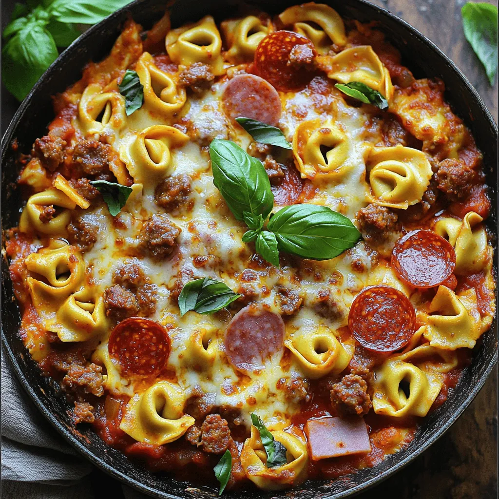- Cheese tortellini (fresh or frozen) - Cooked Italian sausage, crumbled - Pepperoni slices To make Meat Lovers Pizza Tortellini, you need cheese tortellini. This can be fresh or frozen. I love using fresh tortellini for its great taste. You also need cooked Italian sausage. Crumble it into small pieces for the best texture. Don't forget the pepperoni slices! They add that classic pizza flavor. - Diced ham - Shredded mozzarella cheese - Pizza sauce For a hearty meal, add diced ham. It gives a nice, smoky taste. Shredded mozzarella cheese is a must. It melts beautifully and makes everything creamy. Lastly, pizza sauce brings all the flavors together. You can use store-bought or homemade sauce based on your time. - Dried oregano - Garlic powder - Olive oil - Fresh basil leaves for garnish (optional) Seasonings enhance the taste. Dried oregano adds depth. Garlic powder gives a nice aroma. A touch of olive oil helps everything cook well. You can garnish with fresh basil leaves. They add a pop of color and fresh flavor. For the full recipe, you can refer to the [Full Recipe]. Cooking Meat Lovers Pizza Tortellini is easy and fun. Follow these steps for a tasty dish. - Cooking the cheese tortellini: Start by boiling a large pot of salted water. Once it boils, add the cheese tortellini. Cook it until it is al dente, as per the package instructions. This usually takes about 2-3 minutes for fresh tortellini or 5-6 minutes for frozen. - Draining and setting aside: After cooking, carefully drain the tortellini in a colander. Set it aside for later. - Heating the olive oil: In a large skillet, pour in 1 tablespoon of olive oil. Heat it over medium heat. This oil adds flavor and helps cook the meat. - Browning the Italian sausage: Next, crumble the cooked Italian sausage into the skillet. Cook it for about 5-7 minutes until it turns brown. Make sure to stir occasionally for even cooking. - Adding pepperoni and ham: Once the sausage is browned, toss in the pepperoni slices and diced ham. Cook for another 3-4 minutes. This step adds more flavor and a nice texture. - Creating the sauce with pizza sauce, oregano, and garlic powder: Now, stir in 1 cup of pizza sauce, 1 teaspoon of dried oregano, and 1 teaspoon of garlic powder. Let this mix simmer for 2-3 minutes. The smell will be amazing! - Mixing in the tortellini: Carefully add the drained tortellini into the skillet. Toss everything together gently. Make sure the tortellini gets coated with the meat and sauce. - Adding mozzarella cheese and melting: Finally, sprinkle 1 cup of shredded mozzarella cheese over the top. Cover the skillet and let it sit for 2-3 minutes. This will melt the cheese and make it gooey and delicious. Now you're ready to enjoy your Meat Lovers Pizza Tortellini! For the complete recipe, check out the [Full Recipe]. Cooking tortellini just right is key. You want it to be al dente. This means it should be firm but not hard. Follow package instructions carefully. Start checking a minute early to avoid overcooking. Overcooked tortellini turns mushy and loses its bite. To make your dish pop, add some extra spices. I suggest crushed red pepper for heat. You could also try some fresh herbs like thyme or parsley. About the sauce, homemade pizza sauce tastes better than store-bought. It gives you control over flavors and freshness. If you’re short on time, a good quality store-bought sauce works well too. Sautéing meats evenly is important for flavor. Start with a hot skillet and add olive oil. Cook the Italian sausage first until it is browned. It adds a deep flavor. When adding pepperoni and ham, let them crisp a bit for extra texture. For cheese, ensure even melting by covering the skillet. This traps heat and helps the cheese melt uniformly. You want that gooey, stringy effect when you serve the dish. {{image_2}} You can easily change the Meat Lovers Pizza Tortellini to fit your needs. If you want a vegetarian option, swap the meats for veggies. You can use bell peppers, mushrooms, and spinach for a fresh twist. This keeps the dish colorful and tasty. For those who need gluten-free options, look for gluten-free tortellini made from rice or corn. These alternatives cook similarly and hold flavor well. They let you enjoy this dish without worry! Want to take your dish to the next level? Try adding different cheese varieties. Parmesan adds a nutty flavor and richness. A bit of goat cheese can give a creamy touch. Mixing cheeses makes every bite exciting. Don't forget about sauces! You can experiment with different sauces like Alfredo or marinara. Each sauce adds a unique taste. Alfredo offers creaminess, while marinara brings a tangy kick. Mixing and matching can lead to your new favorite flavor. If you want to change the meats, consider ground turkey or chicken sausage. These options are leaner but still full of flavor. They add a lighter touch while keeping the essence of the dish. You can also include different cured meats. Salami or pancetta can give a nice twist. Each meat has its own character, making your meal even more interesting. Don't hesitate to mix things up and find your perfect combo! Check out the Full Recipe for all the details on making this delicious dish! To store leftovers, let the dish cool first. Next, place it in an airtight container. This keeps it fresh and tasty. In the refrigerator, your Meat Lovers Pizza Tortellini lasts for up to 3 days. You can freeze portions for later. Just pack the tortellini in freezer-safe containers. Make sure to leave some space at the top for expansion. When you’re ready to eat, take it out and thaw it overnight in the fridge. For the best reheating, use a microwave or stovetop. Heat it slowly for even warmth. You can add a splash of pizza sauce to keep it moist. Pair the dish with a crisp green salad or garlic bread for a perfect meal. Making Meat Lovers Pizza Tortellini takes about 30 minutes. The prep time is around 15 minutes. Cooking the tortellini and sautéing the meats takes another 15 minutes. This dish is quick and perfect for busy nights when you need a tasty meal fast. Yes, you can make Meat Lovers Pizza Tortellini ahead of time. Cook the tortellini and meats, then mix them with the sauce. Store it in an airtight container in the fridge for up to three days. You can also freeze it for up to three months. Just remember to cool it completely before freezing. To reheat, use the stove or microwave. If using the stove, add a splash of water or sauce to keep it moist. Heat on low until warm. For the microwave, cover the dish and heat in short bursts. Stir between each burst for even heating. Enjoy your leftovers just as much as the first time! You now have all you need to make Meat Lovers Pizza Tortellini. We covered the key ingredients and step-by-step instructions. Options for customizations and tips for storage help you tailor this dish to your taste. Remember, this meal is fun to make and easy to adapt. Whether you choose to stick to classic flavors or try new combinations, you can achieve great results. Enjoy your cooking, and savor every bite!