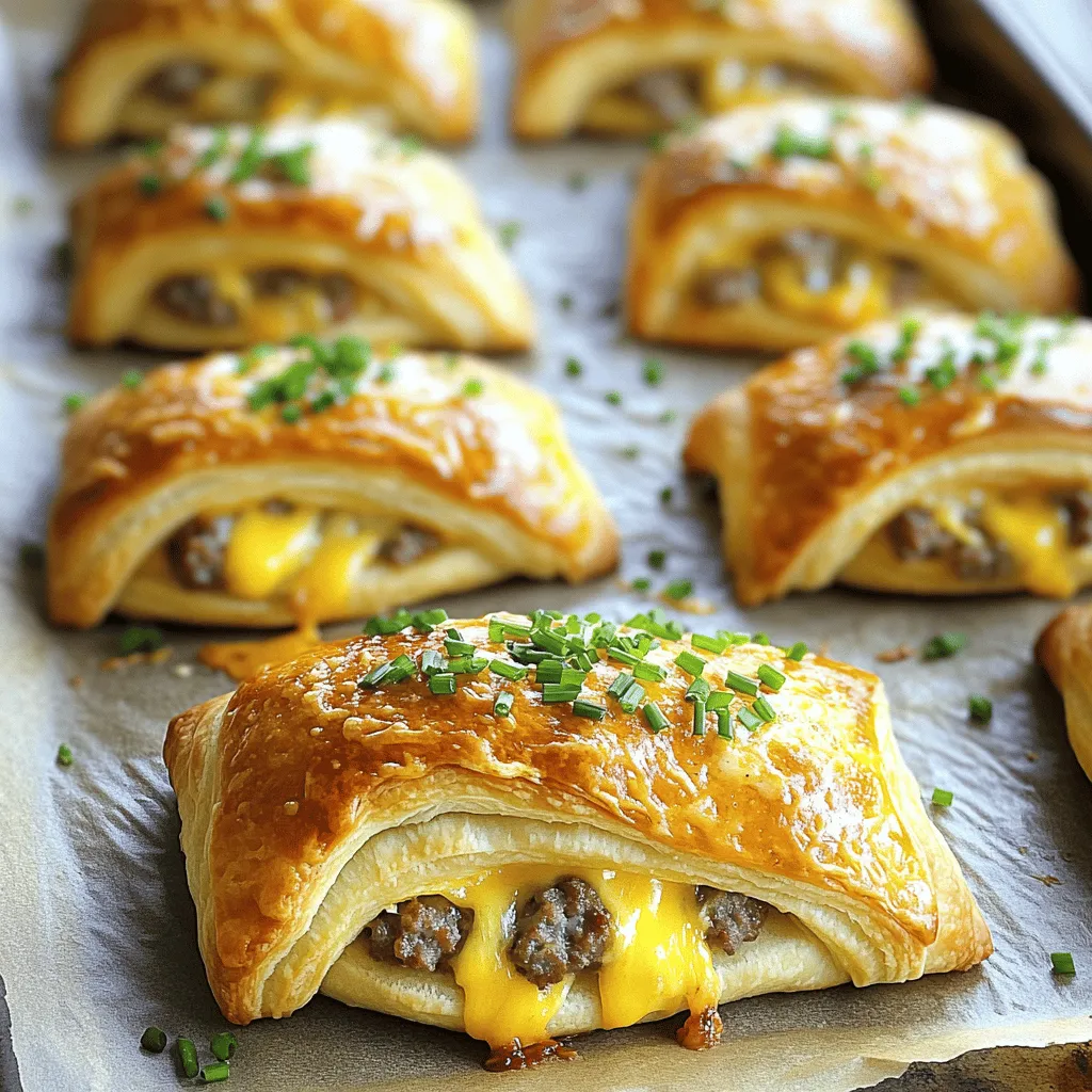 - 1 tube of crescent roll dough - 1 pound breakfast sausage (your choice: spicy or mild) - 1 cup shredded cheddar cheese - 1/2 teaspoon garlic powder - 1/2 teaspoon onion powder - 1/4 teaspoon black pepper - Fresh chives, finely chopped To make breakfast sausage crescent rolls, you need a few key ingredients. First, grab a tube of crescent roll dough. This dough gives the rolls their flaky texture. Next, choose one pound of breakfast sausage. You can go for spicy or mild, based on your taste. Then, don’t forget the cheese! A cup of shredded cheddar cheese adds great flavor and a nice melt. Now let’s talk seasonings. A little garlic powder, onion powder, and black pepper can really boost the taste of the sausage. These spices add depth and warmth to your dish. Lastly, if you want to take it up a notch, fresh chives make a lovely garnish. They add a pop of color and a mild onion flavor. You can find all these ingredients in your local store. For the full recipe, check out the details in the previous section. - Preheat your oven to 375°F (190°C). This step is key for a perfect bake. - In a skillet, cook the breakfast sausage over medium heat. Break it up as it cooks. You want it nice and brown. Drain any extra grease. - Add garlic powder, onion powder, and black pepper to the sausage. Stir well to mix. Then, take it off the heat. - Unroll the tube of crescent roll dough on a clean surface. - Carefully separate the dough into the pre-scored triangles. - On the wide end of each triangle, spoon about a tablespoon of the cooked sausage. - Sprinkle a little cheddar cheese over the sausage. - Starting from the wide end, roll the crescent dough over the filling. Pinch the sides to seal them well. - Place the rolled crescents on a baking sheet lined with parchment paper. - In a small bowl, beat the egg. Brush it over the tops of the crescent rolls. This gives them a nice golden finish. - Bake in your preheated oven for about 12-15 minutes. Look for that golden brown color. - Once baked, remove them from the oven. Let them cool for a bit before serving. If you want, garnish with fresh chives. For the full recipe, check the details above. Enjoy your tasty breakfast sausage crescent rolls! To handle crescent dough well, keep it cold. Cold dough is easier to roll. Work quickly but carefully. If the dough gets warm, put it in the fridge for a few minutes. This helps keep the shape when baking. Also, use a clean, flat surface to roll it out. This will make it easier to separate the triangles and fill them. For even cooking, use medium heat. Break the sausage into small pieces as it cooks. This ensures all parts cook through. Stir often to avoid burning. Once browned, drain excess fat. This keeps your rolls from becoming greasy. Mix in the spices while the sausage is still hot. This helps the flavors blend well. To get a golden finish, use an egg wash. Beat one egg in a small bowl. Brush it lightly over the tops of the crescent rolls. This adds a nice sheen and color. Make sure to cover all areas for even coloring. If you want a richer color, let them bake a bit longer, but watch closely to avoid burning. {{image_2}} You can switch out the cheddar cheese for other tasty types. Try using mozzarella for a milder taste. Pepper jack adds a spicy twist. You can even mix cheeses for a unique flavor. Each choice gives a new texture and taste. Want a kick? Add jalapeños to the sausage mix. You can also try red pepper flakes or hot sauce. These spices boost the flavor and make each bite exciting. Adjust the amount based on your heat preference. Enjoy the added warmth in every roll! For a meat-free breakfast, use plant-based sausage. Many brands offer great flavors that mimic real sausage. Cook it the same way as regular sausage. You can still use all the same spices and cheese. This option is perfect for those who want a lighter meal. It keeps the dish delicious and satisfying. To store your cooked crescent rolls, wait until they cool down. Place them in an airtight container. This helps keep them fresh. You can store them in the fridge for up to three days. If you want to keep them longer, consider freezing. To reheat your crescent rolls, the oven is best. Preheat the oven to 350°F (175°C). Place the rolls on a baking sheet. Heat them for about 10 minutes. This keeps them warm and crisp. You can also use a microwave. If you do, heat them in 15-second intervals. Just know they won’t get as crispy. To freeze uncooked crescent rolls, prepare them as normal. After rolling, place them on a baking sheet. Freeze them for about an hour until firm. Then, transfer them to a freezer bag. For cooked rolls, let them cool completely. Wrap each roll in plastic wrap. Then, place them in a freezer bag. They can last up to three months. When ready, bake from frozen for extra ease. Follow the instructions from the Full Recipe for the best results. Making breakfast sausage crescent rolls is quick! You need about 15 minutes to prep. Then, you bake them for 12 to 15 minutes. In total, it takes around 30 minutes. This means you can enjoy these tasty treats in no time! Yes, you can prepare them in advance. You can cook the sausage and mix in the seasonings. Then, store the mixture in the fridge. When you’re ready, roll the crescent dough and bake as usual. This saves time on busy mornings! These rolls pair well with many sides. You can serve them with ketchup or mustard for dipping. A fresh fruit salad adds a nice touch too. If you want something warm, scrambled eggs make a great side. Enjoy these rolls with your favorite dips for extra flavor! These breakfast sausage crescent rolls are easy and fun to make. We covered the basic ingredients: crescent dough, sausage, and cheese, along with simple seasonings. The baking steps are straightforward, and I provided tips to perfect your dish. You can also explore variations like different cheeses or vegetarian options. With the right storage and reheating methods, you can enjoy them later. Now, gather your ingredients and start cooking these delicious rolls for your next meal!