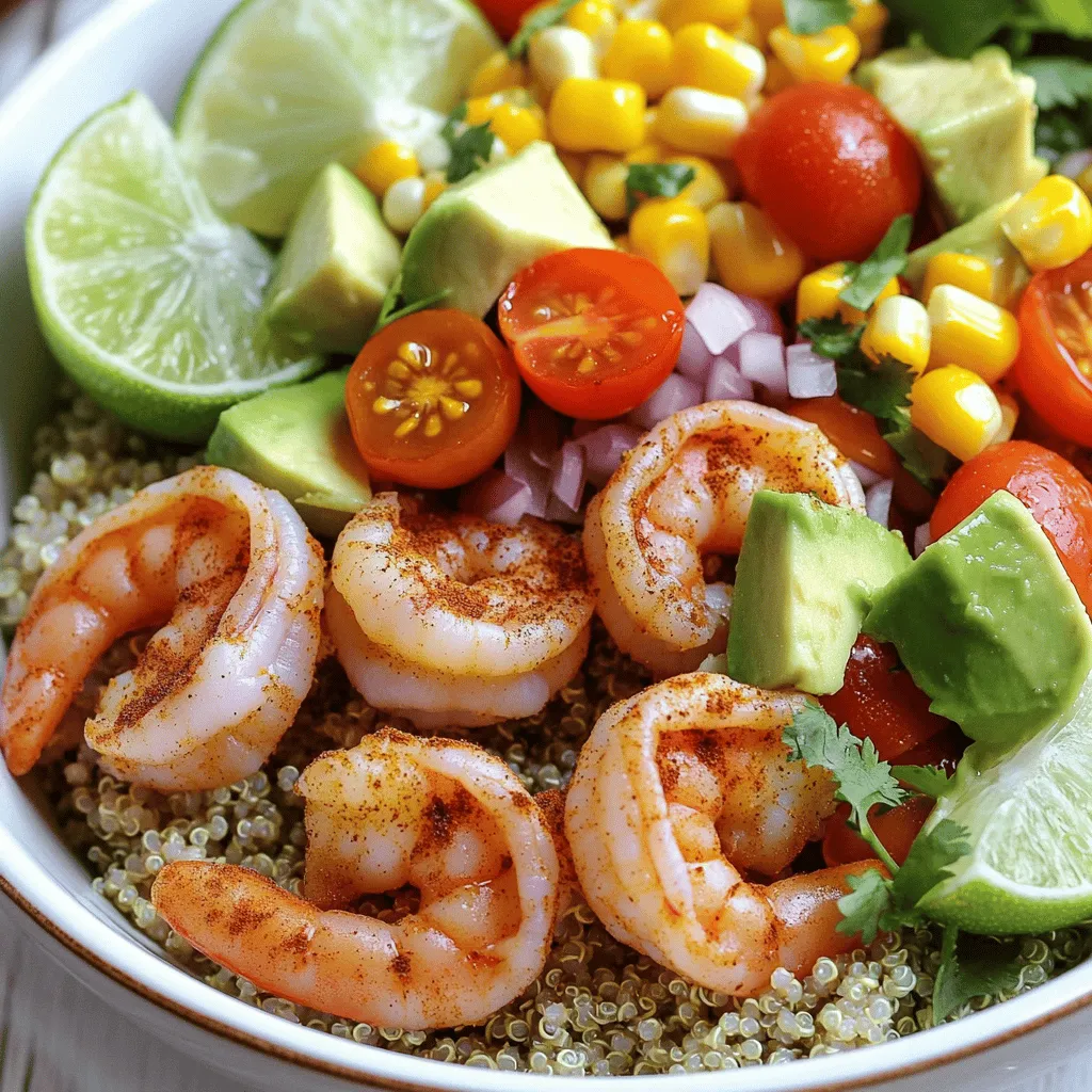 - 1 lb large shrimp, peeled and deveined - 2 ripe avocados, diced - 1 cup quinoa, rinsed - 1 cup vegetable broth (or water) - 1 cup cherry tomatoes, halved - 1/2 cup red onion, finely chopped - 1 cup corn (fresh or frozen) - 1 lime, juiced - 2 tablespoons olive oil - 1 teaspoon cumin - 1 teaspoon smoked paprika - Salt and pepper to taste - Fresh cilantro, for garnish I love making shrimp and avocado bowls because they are fresh and tasty. The shrimp adds protein, while avocados give a creamy texture. You can use large shrimp for this recipe. They cook quickly and look great in the bowl. Quinoa is another star here. It is packed with nutrients. Rinsing it helps remove any bitter taste. The broth adds flavor and makes the quinoa even better. Cherry tomatoes and corn bring sweetness. The red onion adds a nice crunch. Lime juice brightens every bite. The spices, cumin and smoked paprika, give a warm kick. Fresh cilantro makes everything pop. It adds color and flavor. I always keep it on hand for garnishing. If you want the full recipe, check out Shrimp & Avocado Fiesta Bowls. Enjoy these healthy and colorful bowls! To start, combine the rinsed quinoa and vegetable broth in a medium saucepan. This mix adds flavor and makes the quinoa tasty. Bring it to a boil over medium heat. Once you see bubbles, reduce the heat to low. Cover the pot and let it simmer for about 15 minutes. When done, the quinoa will be fluffy and the liquid will be absorbed. Fluff it with a fork and set it aside. Next, heat olive oil in a large skillet over medium-high heat. Once the oil is hot, add the shrimp. You’ll want to season them with cumin, smoked paprika, salt, and pepper. Sauté the shrimp for about 3 to 5 minutes. They should turn pink and opaque when cooked through. Remove the skillet from heat to keep them juicy and tender. In a large bowl, combine the cooked quinoa, diced avocados, halved cherry tomatoes, corn, and finely chopped red onion. This mix gives the bowl a nice crunch and refreshing taste. Drizzle lime juice over the top. Gently toss everything together to mix well. Be careful not to mash the avocado, as you want its creaminess intact. Now it's time to put it all together. Divide the quinoa mixture evenly among four bowls. Top each bowl with a portion of the sautéed shrimp. This adds a beautiful contrast to the colorful veggies and grains. Finally, sprinkle fresh cilantro on top of each bowl. If you want, add an extra squeeze of lime juice for a burst of flavor. This final touch not only enhances the taste but also makes the dish look inviting and fresh. For the full recipe, check out Shrimp & Avocado Fiesta Bowls. - Avoid overcooking for best texture. Overcooked shrimp can turn rubbery. They only need 3-5 minutes in the pan. - Use fresh shrimp for enhanced flavor. Fresh shrimp offers a sweet, clean taste that frozen shrimp can't match. - Add additional spices or herbs to taste. Consider using garlic powder, chili flakes, or fresh herbs like parsley. - Experiment with different oils such as avocado oil. Oils can change the dish's taste and richness. Avocado oil adds a nice, buttery flavor. - Use colorful bowls and garnishes. Bright colors make your meal more enticing and fun to eat. A mix of greens, reds, and yellows looks great. - Serve with lime wedges for added zest. A squeeze of lime just before eating brightens the whole dish. It adds a fresh kick that complements the shrimp and avocado perfectly. {{image_2}} You can switch up the shrimp for chicken or tofu. Both options work well in this dish. Chicken adds heartiness, while tofu gives you a plant-based choice. If you want more flavor, grilled fish is another tasty option. It brings a nice smoky taste that pairs well with the fresh avocado. Not a fan of quinoa? Try brown rice or couscous instead. Both grains offer different textures and flavors. For a low-carb choice, use cauliflower rice. It’s light and keeps the dish fresh. You won’t miss the carbs when you load it with toppings. Dressings can change your bowl. A drizzle of garlic aioli can add richness. You could also mix in tropical fruits like mango or pineapple. These fruits bring sweetness and a fun twist. They balance the dish and make it more vibrant. For the full recipe, check out the details in the earlier sections. Keep your leftover shrimp and avocado bowls in an airtight container in the fridge. This helps lock in freshness. Consume them within 2-3 days for the best taste and quality. After this time, the flavors may fade, and the texture might change. If you want to store the meal longer, freeze the quinoa separately. This keeps it from getting mushy. Store the shrimp mixture in freezer-safe containers. Be sure to label them with the date. This way, you can enjoy the dish later without losing flavor. When ready to eat, thaw the frozen bowls overnight in the refrigerator. This slow thawing keeps the shrimp tender. Reheat gently on the stove or in the microwave. Avoid high heat; this prevents the shrimp from becoming rubbery. Enjoy your delicious shrimp and avocado bowls any time! For the full recipe, check out the detailed steps. Yes, you can. Just prepare each part first. Store them in separate containers. When it’s time to eat, simply assemble the bowls. This keeps everything fresh and tasty. If you’re not a fan of avocado, no worries! You can use hummus instead. A creamy dressing also works well. Both options add creaminess and flavor. Yes, it is! All the ingredients in this recipe are naturally gluten-free. Enjoy this dish without any gluten concerns. You can easily boost the veggie count. Add diced bell peppers or zucchini. Leafy greens like spinach or kale are great too. This adds nutrition and color to your meal. This recipe offers a tasty shrimp and avocado bowl packed with protein and flavor. We covered the main ingredients, step-by-step cooking, and ways to enhance your dish. Don’t hesitate to try different proteins or grains to mix things up. Storage tips help you keep leftovers fresh. Enjoy this simple, healthy meal that satisfies both hunger and taste. You can impress friends with your cooking skills while eating well.