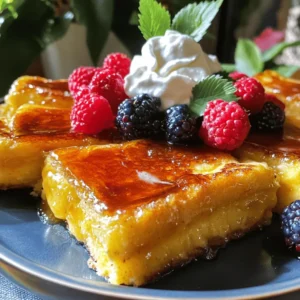 To make this dish, gather these key items: - 8 slices of brioche or challah bread - 4 large eggs - 1 cup whole milk - 1 cup heavy cream - 1/2 cup granulated sugar - 2 teaspoons vanilla extract - 1 teaspoon almond extract - 1/2 teaspoon ground cinnamon - Pinch of salt - 1/4 cup brown sugar (for topping) These ingredients create a rich and creamy base that will soak into the bread. The brioche or challah provides a soft texture, while the brown sugar creates a delightful caramelized crust. You can enhance your dish with these extras: - Fresh berries - Whipped cream Adding fresh berries gives a pop of color and flavor. Whipped cream adds a light, fluffy touch that balances the sweet custard. You can easily swap some ingredients if needed: - Use almond milk instead of whole milk for a lighter option. - Substitute coconut cream for heavy cream for a dairy-free version. - Use maple syrup instead of granulated sugar for a different sweetness. These substitutions can cater to dietary needs without losing flavor. Remember, cooking is all about finding what works best for you while still enjoying the delicious results! Start by cutting the brioche or challah into thick slices. Aim for about 1 inch in thickness. This helps the bread soak up the custard well. Next, butter a 9x13 inch baking dish. Arrange the bread slices in the dish, overlapping them slightly. This creates a lovely, layered look. In a large bowl, crack open the four eggs. Add one cup of whole milk and one cup of heavy cream. Mix in half a cup of granulated sugar. Next, pour in two teaspoons of vanilla extract and one teaspoon of almond extract. Sprinkle in half a teaspoon of ground cinnamon and a pinch of salt. Whisk everything together until smooth and creamy. This custard will give your French toast that rich, decadent flavor. Now, pour the custard mixture evenly over the bread slices. Make sure all the bread gets soaked. You can press down lightly with a spatula to help the bread absorb the custard. Cover the dish with plastic wrap and place it in the fridge. Let it soak overnight or for at least four hours. This step is key; it allows the bread to soak up all that delicious flavor. For the complete experience, check out the Full Recipe for more details. To get the best custard, mix your eggs and cream well. Use whole milk and heavy cream for richness. Whisk until the mixture is smooth. This helps ensure an even texture. Let the bread soak long enough. An overnight soak works best. This allows the bread to absorb all the flavors. For a crunchy top, sprinkle brown sugar evenly before baking. Broil the French toast for a couple of minutes after baking. Watch it closely to avoid burning. You want it bubbly and golden brown. This step gives you that classic crème brûlée finish. Serve your French toast warm for the best taste. Add fresh berries and whipped cream on top. A sprinkle of powdered sugar adds a nice touch. Use a large platter for a beautiful display. This makes it look extra special for family or guests. For a fun twist, serve with maple syrup on the side. You can find the Full Recipe for more details. {{image_2}} You can make your Overnight Crème Brûlée French Toast even more exciting. Try adding fruits like bananas, strawberries, or blueberries. Just layer them between the bread slices. Nuts, like walnuts or pecans, add a nice crunch. You can also sprinkle in spices, such as nutmeg or cardamom, for a warm twist. Each choice brings a new taste to the dish. If you need dietary changes, you can still enjoy this recipe. For a gluten-free option, use gluten-free bread. Many brands make soft, tasty breads that work well. To make it dairy-free, swap whole milk and heavy cream for almond milk or coconut milk. Silken tofu can replace eggs for a vegan version. These changes keep the flavor and texture close to the original. Serving this dish can be fun and creative. You might want to drizzle maple syrup over the top for added sweetness. A sprinkle of powdered sugar can make it look fancy. Serve with yogurt or a fruit salad for a fresh touch. You can even add a scoop of ice cream for a dessert twist. Explore these options to make breakfast special! For the full recipe, check out the details above. After enjoying your Overnight Crème Brûlée French Toast, you may have some left. Store it in an airtight container. Place it in the fridge if you plan to eat it within three days. Make sure to cool it down before putting it away. This helps keep it fresh. When you are ready to eat the leftovers, reheating is easy. Preheat your oven to 350°F (175°C). Place the slices on a baking sheet. Cover them with foil to keep them moist. Heat for about 10-15 minutes. You can also use a microwave. Heat each slice for 30 seconds, checking to avoid overcooking. For short-term storage, refrigeration works best. If you want to keep the French toast longer, freezing is a good option. Wrap each slice tightly in plastic wrap, then place them in a freezer bag. This helps prevent freezer burn. When you want to eat it, defrost it in the fridge overnight before reheating. You can store Overnight Crème Brûlée French Toast in the fridge for up to three days. Make sure to cover it to keep it fresh. If you want to keep it longer, you can freeze it. Just wrap each slice well in plastic wrap and then put them in a freezer bag. This way, you can enjoy it later! Yes, you can make this recipe without eggs. You can use a mix of ground flaxseed and water as an egg substitute. For each egg, mix 1 tablespoon of ground flaxseed with 2.5 tablespoons of water. Let it sit for about five minutes until it becomes thick. You can also use silken tofu blended until smooth or unsweetened applesauce. These choices work well to create a custard-like texture. The best way to serve Overnight Crème Brûlée French Toast is warm. Top it with fresh berries and a dollop of whipped cream for a burst of flavor. You can also drizzle some maple syrup for extra sweetness. For a fun twist, serve it with a sprinkle of powdered sugar or a scoop of ice cream! If you want to impress guests, consider garnishing with mint leaves for a pop of color. To find the full recipe, check the details above. Overnight Crème Brûlée French Toast is a delightful dish made with simple ingredients. We covered what you need, how to prepare it, and tips for a perfect texture. Various options allow you to customize flavors and meet dietary needs. Storing leftovers properly ensures you can enjoy it later. This recipe is easy and fun to make, perfect for brunch or a special treat. With these steps and suggestions, you can impress anyone who tries it. Give it a go, and enjoy every tasty bite!
