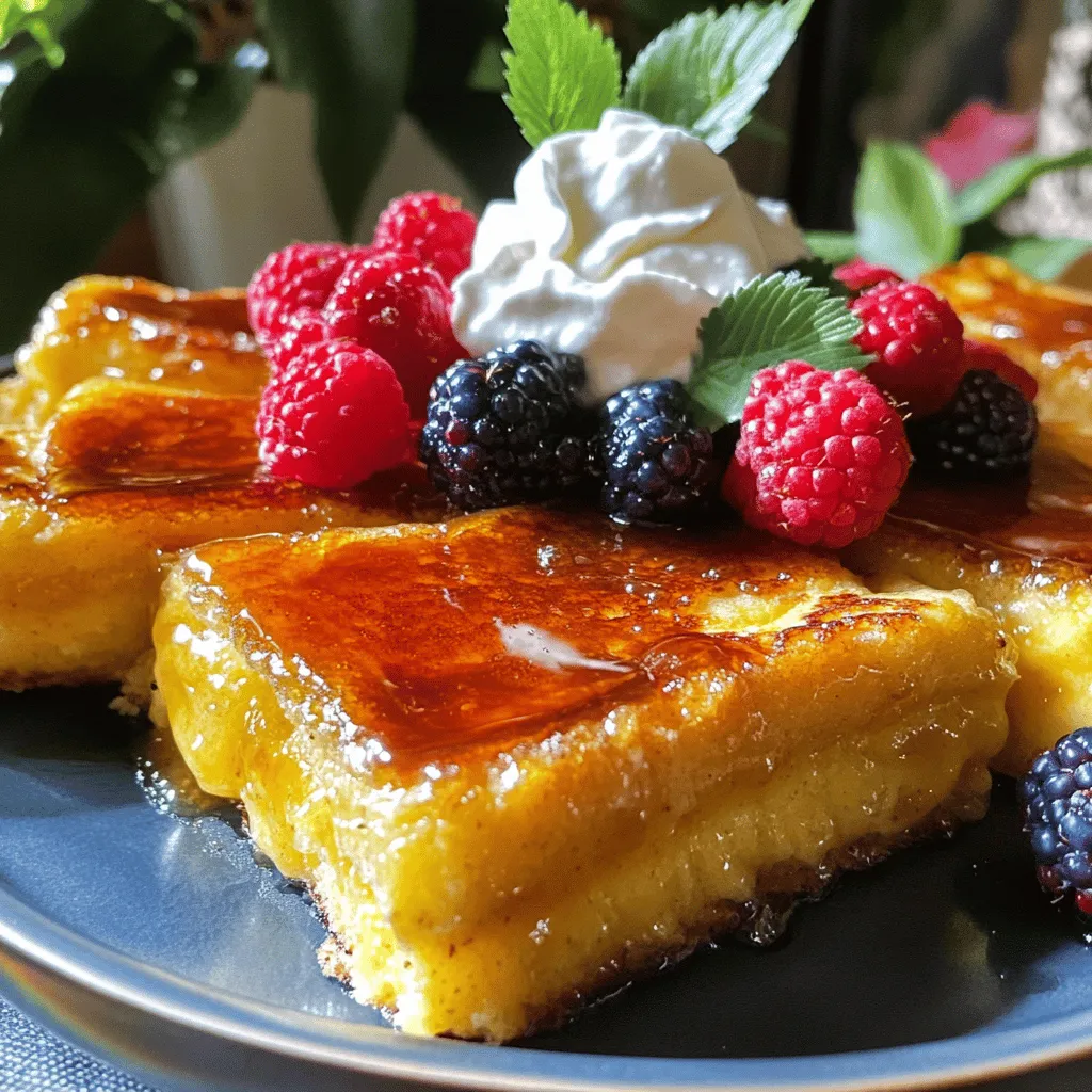 To make this dish, gather these key items: - 8 slices of brioche or challah bread - 4 large eggs - 1 cup whole milk - 1 cup heavy cream - 1/2 cup granulated sugar - 2 teaspoons vanilla extract - 1 teaspoon almond extract - 1/2 teaspoon ground cinnamon - Pinch of salt - 1/4 cup brown sugar (for topping) These ingredients create a rich and creamy base that will soak into the bread. The brioche or challah provides a soft texture, while the brown sugar creates a delightful caramelized crust. You can enhance your dish with these extras: - Fresh berries - Whipped cream Adding fresh berries gives a pop of color and flavor. Whipped cream adds a light, fluffy touch that balances the sweet custard. You can easily swap some ingredients if needed: - Use almond milk instead of whole milk for a lighter option. - Substitute coconut cream for heavy cream for a dairy-free version. - Use maple syrup instead of granulated sugar for a different sweetness. These substitutions can cater to dietary needs without losing flavor. Remember, cooking is all about finding what works best for you while still enjoying the delicious results! Start by cutting the brioche or challah into thick slices. Aim for about 1 inch in thickness. This helps the bread soak up the custard well. Next, butter a 9x13 inch baking dish. Arrange the bread slices in the dish, overlapping them slightly. This creates a lovely, layered look. In a large bowl, crack open the four eggs. Add one cup of whole milk and one cup of heavy cream. Mix in half a cup of granulated sugar. Next, pour in two teaspoons of vanilla extract and one teaspoon of almond extract. Sprinkle in half a teaspoon of ground cinnamon and a pinch of salt. Whisk everything together until smooth and creamy. This custard will give your French toast that rich, decadent flavor. Now, pour the custard mixture evenly over the bread slices. Make sure all the bread gets soaked. You can press down lightly with a spatula to help the bread absorb the custard. Cover the dish with plastic wrap and place it in the fridge. Let it soak overnight or for at least four hours. This step is key; it allows the bread to soak up all that delicious flavor. For the complete experience, check out the Full Recipe for more details. To get the best custard, mix your eggs and cream well. Use whole milk and heavy cream for richness. Whisk until the mixture is smooth. This helps ensure an even texture. Let the bread soak long enough. An overnight soak works best. This allows the bread to absorb all the flavors. For a crunchy top, sprinkle brown sugar evenly before baking. Broil the French toast for a couple of minutes after baking. Watch it closely to avoid burning. You want it bubbly and golden brown. This step gives you that classic crème brûlée finish. Serve your French toast warm for the best taste. Add fresh berries and whipped cream on top. A sprinkle of powdered sugar adds a nice touch. Use a large platter for a beautiful display. This makes it look extra special for family or guests. For a fun twist, serve with maple syrup on the side. You can find the Full Recipe for more details. {{image_2}} You can make your Overnight Crème Brûlée French Toast even more exciting. Try adding fruits like bananas, strawberries, or blueberries. Just layer them between the bread slices. Nuts, like walnuts or pecans, add a nice crunch. You can also sprinkle in spices, such as nutmeg or cardamom, for a warm twist. Each choice brings a new taste to the dish. If you need dietary changes, you can still enjoy this recipe. For a gluten-free option, use gluten-free bread. Many brands make soft, tasty breads that work well. To make it dairy-free, swap whole milk and heavy cream for almond milk or coconut milk. Silken tofu can replace eggs for a vegan version. These changes keep the flavor and texture close to the original. Serving this dish can be fun and creative. You might want to drizzle maple syrup over the top for added sweetness. A sprinkle of powdered sugar can make it look fancy. Serve with yogurt or a fruit salad for a fresh touch. You can even add a scoop of ice cream for a dessert twist. Explore these options to make breakfast special! For the full recipe, check out the details above. After enjoying your Overnight Crème Brûlée French Toast, you may have some left. Store it in an airtight container. Place it in the fridge if you plan to eat it within three days. Make sure to cool it down before putting it away. This helps keep it fresh. When you are ready to eat the leftovers, reheating is easy. Preheat your oven to 350°F (175°C). Place the slices on a baking sheet. Cover them with foil to keep them moist. Heat for about 10-15 minutes. You can also use a microwave. Heat each slice for 30 seconds, checking to avoid overcooking. For short-term storage, refrigeration works best. If you want to keep the French toast longer, freezing is a good option. Wrap each slice tightly in plastic wrap, then place them in a freezer bag. This helps prevent freezer burn. When you want to eat it, defrost it in the fridge overnight before reheating. You can store Overnight Crème Brûlée French Toast in the fridge for up to three days. Make sure to cover it to keep it fresh. If you want to keep it longer, you can freeze it. Just wrap each slice well in plastic wrap and then put them in a freezer bag. This way, you can enjoy it later! Yes, you can make this recipe without eggs. You can use a mix of ground flaxseed and water as an egg substitute. For each egg, mix 1 tablespoon of ground flaxseed with 2.5 tablespoons of water. Let it sit for about five minutes until it becomes thick. You can also use silken tofu blended until smooth or unsweetened applesauce. These choices work well to create a custard-like texture. The best way to serve Overnight Crème Brûlée French Toast is warm. Top it with fresh berries and a dollop of whipped cream for a burst of flavor. You can also drizzle some maple syrup for extra sweetness. For a fun twist, serve it with a sprinkle of powdered sugar or a scoop of ice cream! If you want to impress guests, consider garnishing with mint leaves for a pop of color. To find the full recipe, check the details above. Overnight Crème Brûlée French Toast is a delightful dish made with simple ingredients. We covered what you need, how to prepare it, and tips for a perfect texture. Various options allow you to customize flavors and meet dietary needs. Storing leftovers properly ensures you can enjoy it later. This recipe is easy and fun to make, perfect for brunch or a special treat. With these steps and suggestions, you can impress anyone who tries it. Give it a go, and enjoy every tasty bite!