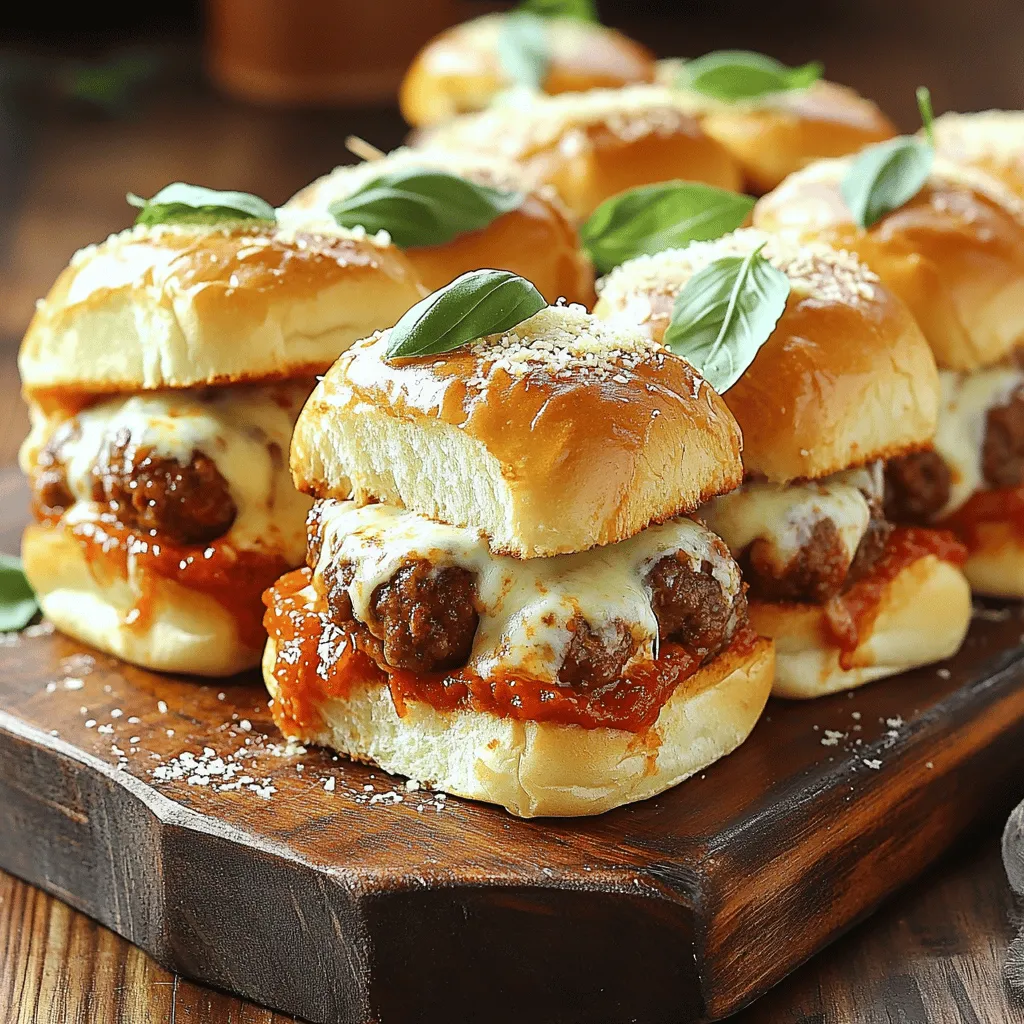 - 12 pre-cooked meatballs (homemade or store-bought) - 1 pound slider buns (soft, preferably brioche) - 1 cup marinara sauce - 1 cup shredded mozzarella cheese - 1/2 cup grated Parmesan cheese - 3 cloves garlic, minced - 1 teaspoon dried oregano - 1 teaspoon dried parsley - 1/4 cup unsalted butter, melted - Salt and pepper to taste - Fresh basil leaves for garnish (optional) Gathering the right ingredients is key for the best pull-apart meatball sliders. Start with pre-cooked meatballs. You can make them at home or buy them ready-made. Soft slider buns, like brioche, make every bite rich and tasty. Marinara sauce adds that classic flavor to the mix. For the cheese, shredded mozzarella brings gooeyness, while grated Parmesan gives a salty kick. Garlic, oregano, and parsley add layers of flavor. Don’t forget unsalted butter! It helps bring everything together. A pinch of salt and pepper will enhance the taste. For a fresh touch, consider adding basil as a garnish. With all these delicious ingredients, you can create sliders that are not only easy to make but also fun to eat. Get ready to impress your family and friends with these tasty treats! For the full recipe, check out the details above. First, preheat your oven to 375°F (190°C). This ensures the sliders bake evenly. Gather all your ingredients so they are ready to use. Next, create the garlic Parmesan butter mixture. In a small bowl, combine the melted butter, minced garlic, oregano, parsley, and a pinch of salt and pepper. Mix it well until it’s smooth and fragrant. This mixture adds a rich flavor to your sliders. Layering the ingredients is key for great sliders. Start by cutting the slider buns in half. Keep the top and bottom connected. Place the bottom halves in a greased baking dish. Spoon a thin layer of marinara sauce onto these bottom halves. This adds moisture and flavor. Now, place the pre-cooked meatballs evenly over the sauce. Make sure they fit well. Top the meatballs with a generous amount of shredded mozzarella cheese. Don’t be shy—this is where the gooey goodness comes from. Spoon another thin layer of marinara over the cheese, then sprinkle with grated Parmesan. This adds a nice crust on top. Place the top half of the buns over everything. Press down slightly to ensure they stick together. Finally, brush the garlic Parmesan butter mixture evenly over the top of the buns. This will give them a beautiful, golden color when baked. Cover the baking dish with aluminum foil. This helps keep the moisture in while they bake. Place the dish in your preheated oven and bake for 15 minutes. Then, remove the foil and bake for another 10 minutes. This step is important for getting that golden top. For the best results, look for a bubbly cheese and a nice golden crust. Let the sliders sit for a few minutes after baking. This allows the flavors to meld. For a full recipe, check back to ensure you have all the details to create these mouthwatering sliders. To make your sliders burst with flavor, consider adding spices or sauces. You can mix in some crushed red pepper for heat or a splash of balsamic vinegar for tang. Both options can take your dish to the next level. When choosing meatballs, you can go with store-bought options for ease or make your own for a personal touch. Homemade meatballs often taste better, but quality frozen ones save time. Just ensure they are well-seasoned for the best results. Serving your sliders creatively makes them even more inviting. Slice the sliders into individual pieces and place them on a wooden board. This adds a rustic charm to your meal. Drizzle any leftover garlic butter over the top for a glossy finish. Use fresh basil leaves as a garnish. They not only look great but also add a fresh taste. You can also sprinkle some extra cheese on top before serving for a cheesy touch. You can prepare the sliders in advance. Assemble everything up to the baking step, then cover and refrigerate. This makes it easy to bake them fresh when you’re ready. For leftover sliders, store them in an airtight container. Reheat in the oven at 350°F (175°C) for about 10 minutes. This helps keep them warm and crispy. For the full recipe, check out the details above! {{image_2}} You can make these sliders even more fun by trying different meats. Instead of beef, use turkey, chicken, or even pork. For a meatless option, swap meatballs for roasted veggies or lentil patties. This makes the sliders hearty and tasty. The type of bun also matters. While brioche is soft and sweet, you might enjoy whole wheat or pretzel buns. These choices add unique flavors and textures to your sliders. Want to spice things up? Add jalapeños or crushed red pepper for heat. Mixing in some pepper jack cheese can also bring the heat. You can also try adding BBQ sauce for a smoky twist. For international flavors, consider using pesto instead of marinara. This gives a fresh, herby taste. Buffalo sauce can also work well for a zesty kick. Imagine the flavors blending with the garlic Parmesan butter! If you're gluten-free, look for gluten-free buns. Many brands offer great options that taste just as good. You can also make your meatballs with gluten-free breadcrumbs. For dairy-free sliders, use dairy-free cheese and substitute olive oil for the butter. This way, everyone can enjoy these tasty treats without worry. For the full recipe, check the earlier section. To keep your pull-apart meatball sliders fresh, let them cool down first. Place leftover sliders in an airtight container. This helps avoid drying out. You can store them in the fridge for up to three days. When you reheat, use an oven to keep them crispy. Want to save some sliders for later? You can freeze cooked sliders easily. Wrap them tightly in plastic wrap and then foil. This helps prevent freezer burn. When ready to eat, thaw them in the fridge overnight. For reheating, place them in a preheated oven at 350°F (175°C) for about 15-20 minutes. In the fridge, these sliders last about three days. If they smell off or look dry, it’s best to toss them. Always check for mold or changes in texture. Fresh is best, so enjoy them soon! Yes, you can use frozen meatballs. They make this recipe quick and easy. Just thaw them before adding to the sliders. Follow the same steps as with fresh meatballs. This option saves time without losing flavor. To add some heat, try these ideas: - Mix in red pepper flakes with the garlic butter. - Use spicy marinara sauce instead of regular. - Add sliced jalapeños to the meatballs. These simple changes will give your sliders a tasty kick. These sliders pair well with many sides and drinks. Here are some great ideas: - Serve with crispy potato wedges or fries. - A fresh salad adds a nice crunch. - Pair with a cold beer or soda. These options will enhance your meal and make it more fun. For more details, check the Full Recipe. This blog post covered how to make tasty pull-apart sliders. We talked about key ingredients like pre-cooked meatballs, slider buns, and marinara sauce. The steps included preparing the garlic butter, assembling the sliders, and baking them to perfection. In the end, you can get creative with flavors and presentation. These sliders are sure to be a hit at any gathering. Try making them today, and enjoy the fun of pulling apart each delicious bite.
