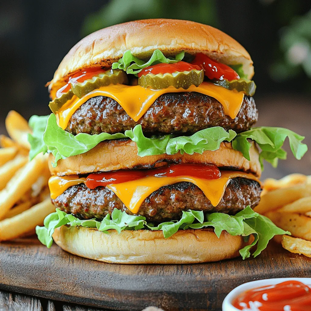 - Ground beef: 1 lb (80/20 is ideal for juicy burgers) - Seasonings: - 1 teaspoon garlic powder - 1 teaspoon onion powder - 1 teaspoon smoked paprika - Salt and pepper to taste For a great air fryer hamburger, you need the right ground beef. I suggest using beef with an 80/20 fat ratio. This mix gives you juicy burgers that are not too greasy. The fat helps keep the burger moist as it cooks. Seasonings play a big part in flavor. I love using garlic powder, onion powder, and smoked paprika. These spices add depth and a hint of smokiness. I always add salt and pepper for balance. Mix these well into your beef for the best taste. - Hamburger buns: 4 (choose your favorite type) - Popular toppings: - Leafy romaine lettuce - Tomato, sliced - Pickles, optional - Ketchup and mustard, for serving - 4 slices of cheddar cheese Choosing buns can change your burger experience. I recommend soft, fresh buns that match your burger size. Toasting them lightly in the air fryer adds a nice crunch. For toppings, classic choices like lettuce and tomato work well. They add freshness and color. Pickles give a nice tang, while ketchup and mustard add a touch of sweetness and spice. You can find the full recipe and more tips to make your hamburgers shine! Start by mixing the ground beef with seasonings. In a bowl, combine: - 1 lb ground beef - 1 teaspoon garlic powder - 1 teaspoon onion powder - 1 teaspoon smoked paprika - Salt and pepper to taste Make sure to mix gently. Overworking the meat can make the burgers tough. Next, divide the meat into four equal parts. Form each part into a patty about ¾ inch thick. Here’s a key tip: use your thumb to make a small indent in the center of each patty. This helps the burger cook evenly and prevents puffing. Now it’s time to preheat your air fryer. Set it to 375°F (190°C) for about five minutes. Preheating is essential for even cooking. When ready, place the patties in the air fryer basket. Make sure they don’t touch each other. You might need to cook them in batches, depending on your air fryer size. Cook the burgers for 8-10 minutes. Flip them halfway through for even doneness. Aim for a temperature of 160°F (71°C) for medium burgers. As the burgers near the end of cooking, add a slice of cheddar cheese on each patty. This lets the cheese melt nicely. Once cooked, take the burgers out and let them rest for a few minutes. Now, it’s time to build your burger! Start with the bottom half of the bun. Place the patty on it. Add leafy romaine lettuce, then tomato slices, and pickles if you like. Finally, drizzle with ketchup and mustard before topping with the other half of the bun. For more details, check out the Full Recipe. Choosing the right ground beef is key. I recommend using beef with an 80/20 fat ratio. This mix offers enough fat for flavor while keeping the burger juicy. Leaner beef can dry out, leading to tough burgers. For seasoning, keep it simple but bold. I use garlic powder, onion powder, and smoked paprika. These add depth without overwhelming the beef. Always season the meat before forming patties. This ensures every bite is flavorful. To avoid overcooking, check the temperature. Use a meat thermometer to ensure your burgers reach 160°F (71°C) for medium. This method prevents guesswork and ensures juicy results. For even cooking, place patties in a single layer in the air fryer. Make sure they don’t touch. If your air fryer is small, cook in batches. Flipping the patties halfway through helps them cook evenly. Toasting buns adds a nice crunch. You can toast them right in the air fryer. Place the buns cut side up for about 2-3 minutes at 375°F (190°C). Keep an eye on them to avoid burning. For the best results, toast the buns just before the burgers finish cooking. This way, they stay warm and fresh. It’s a small step that makes a big difference in your burger experience. Remember, you can find the full recipe [Full Recipe]. Enjoy your cooking journey! {{image_2}} You can easily change up the flavors of your burgers. Try adding different seasonings. For a spicy kick, use cayenne pepper or chili powder. If you like a sweeter taste, mix in some brown sugar. You can also swap smoked paprika for regular paprika or add fresh herbs like basil or cilantro for a fresh twist. When it comes to cheese, the options are endless. Cheddar is classic, but you can try mozzarella for a milder taste. Swiss cheese melts well and adds a nutty flavor. Blue cheese is bold and pairs nicely with savory toppings. If you want to make healthier burgers, consider using leaner ground beef, like 90/10. This will cut down on fat without losing flavor. You can also use ground turkey or chicken for a lighter choice. Another great option is to make burgers using beans or lentils. These are tasty and packed with protein. For vegetarian or vegan options, use black bean patties or chickpea burgers. You can also make portobello mushroom caps that grill well and have a meaty texture. Toppings can truly elevate your burger. Try adding avocado slices or a dollop of guacamole for creaminess. Pineapple can add a sweet touch, while jalapeños give a spicy crunch. If you want a gourmet feel, use caramelized onions or sautéed mushrooms. A drizzle of balsamic glaze can add a sweet and tangy flavor. Experiment with different combinations to find your favorite. Don't forget to check out the Full Recipe for more ideas! To keep your leftover burgers fresh, let them cool first. Place each burger on a plate or tray. Once they cool, wrap each burger tightly in plastic wrap or foil. This step is key to keeping moisture inside. Then, store them in the fridge. They can last for about three days. To keep the flavor and texture, avoid stacking them. For reheating, the air fryer works best. Preheat your air fryer to 350°F (175°C). Place the burgers in the basket. Heat them for about 3 to 5 minutes. This method helps keep the burgers juicy. Check the internal temperature to ensure they reach 165°F (74°C) for safety. If you have cheese, add a slice on top during the last minute. To freeze cooked patties, let them cool completely. Wrap each patty in plastic wrap, then place them in an airtight bag. Label the bag with the date. Cooked patties can stay fresh for up to three months. When you're ready to eat, thaw them in the fridge overnight. You can also use the microwave on the defrost setting for quicker results. Cook hamburgers in the air fryer for 8-10 minutes. Flip them halfway through. For medium doneness, aim for an internal temperature of 160°F (71°C). Use a meat thermometer for best results. If you like your burgers rare, cook for less time. For well-done, add a couple of extra minutes. Set your air fryer to 375°F (190°C). This temperature cooks the burgers evenly. It gives you a nice crust outside while keeping the inside juicy. Preheating the air fryer for about 5 minutes helps achieve the right cooking conditions. Yes, you can cook frozen hamburgers in the air fryer. Place the frozen patties in the basket without thawing. Increase the cooking time to about 12-15 minutes. Flip the burgers halfway for even cooking. Check the internal temperature to ensure safety. Enjoy a quick meal without the fuss! In this blog post, you learned how to make delicious air fryer hamburgers. We covered key ingredients, from the right ground beef to spices and bun choices. I shared step-by-step instructions for preparing patties and cooking them perfectly. You discovered tips for keeping them juicy and flavorful, including creative topping ideas. Finally, we discussed storage methods for leftovers. Enjoy your cooking adventure and create the best air fryer hamburgers at home!