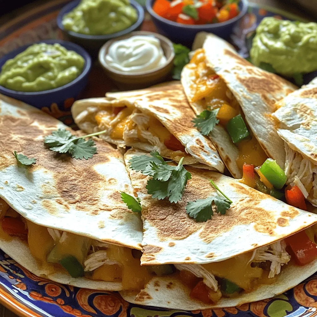 For tasty air fryer quesadillas, gather these key items: - 4 large flour tortillas - 1 cup shredded cheddar cheese - 1 cup shredded mozzarella cheese - 1 cup cooked chicken, shredded (or black beans for a vegetarian option) - 1 small bell pepper, diced - ½ small red onion, finely chopped - 1 tablespoon taco seasoning - Cooking spray or olive oil for brushing These ingredients make a great base for crispy quesadillas. The mix of cheese creates a gooey, delicious filling. The chicken or black beans add protein and flavor, while the veggies give it a nice crunch. You can mix it up with these fun options: - Jalapeños for heat - Spinach for greens - Corn for sweetness - Different cheeses like pepper jack or gouda These optional ingredients let you create quesadillas just how you like them. Feel free to use what you have on hand. Let’s make your quesadillas even better! Try these toppings: - Sour cream - Guacamole - Salsa - Fresh cilantro These toppings add flavor and freshness. You can serve them on the side for dipping or drizzle them right on top. For a full recipe, click on the provided link to get step-by-step details. To start, gather your ingredients. You need the chicken, bell pepper, red onion, and taco seasoning. If you want a vegetarian option, use black beans instead of chicken. In a bowl, mix the chicken (or beans), diced bell pepper, chopped red onion, and taco seasoning. Stir well, so every piece gets coated with flavor. This step is key for a tasty filling in your quesadillas. Next, lay out two flour tortillas on your workspace. Sprinkle half of the shredded cheddar and mozzarella cheese on each tortilla. Then, take the chicken mixture and divide it between the two tortillas. Spread it evenly on top of the cheese. Now, add the rest of the cheese on top of the chicken. Finally, cover each tortilla with another tortilla. Before you cook, preheat your air fryer to 375°F (190°C) for about 5 minutes. Brush the tops of the quesadillas lightly with cooking spray or olive oil. This helps them get crispy. Carefully place the quesadillas in the air fryer basket. If your air fryer is small, you may need to cook in batches. Air fry for 8-10 minutes. Flip them halfway through cooking for even browning. When they are golden and crispy, take them out and let them cool for a minute. Slice them into wedges, and they are ready to enjoy! Check the Full Recipe for more details. To get that perfect crunch, you need to use cooking spray or olive oil. Lightly brush the tops of your quesadillas before they go in the air fryer. This step adds flavor and helps them crisp up nicely. You can also use a little more cheese on the outside. It melts and creates a delicious cheesy crust. Not all air fryers cook the same way. Some may run hotter than others. Start with 8 minutes at 375°F (190°C). Check the quesadillas after 5 minutes. If they need more time, add 1-2 minutes. Flip them halfway for even cooking. This method ensures a golden-brown finish every time. Mix and match your fillings for fun flavors. You can use cooked chicken, veggies, or even beans. Try adding spices or herbs for extra taste. For cheese, a blend of cheddar and mozzarella works great. Feel free to swap in your favorites. Just remember to balance wet and dry ingredients to keep the quesadillas from getting soggy. For the full recipe, check out the detailed instructions. {{image_2}} You can easily make delicious vegetarian quesadillas. Instead of chicken, use black beans. They add protein and flavor. Try adding corn for sweetness. Spinach or mushrooms can add great texture. You can mix in your favorite veggies too! Just make sure to keep the cheese. It melts perfectly and binds everything. Cheese is key to quesadillas. You can use many types for different tastes. Try pepper jack for a spicy kick. Or use gouda for a smoky flavor. A mix of cheeses can create a unique taste. Just remember, the more cheese, the better! Each type adds its own charm. Want some heat? Add jalapeños or diced green chilies. They bring a nice spice without being too much. You can also mix in some salsa or hot sauce with the filling. This adds moisture and flavor. Experiment with your favorite spices too! You can use cumin or chili powder for an extra boost. These variations can help you create your perfect quesadilla. Check out the Full Recipe for more details! To store leftover quesadillas, let them cool first. Place them in an airtight container. You can keep them in the fridge for up to three days. For best taste, eat them within this time. To reheat, use your air fryer. Set it to 350°F (175°C). Heat the quesadillas for about 5 minutes. This will make them warm and crispy again. If you don’t have an air fryer, you can use a skillet. Heat over medium heat, flipping until warm. If you want to freeze them, wrap each quesadilla in plastic wrap. Then, put them in a freezer bag. They can last for up to three months in the freezer. When ready to eat, thaw overnight in the fridge before reheating. Enjoy your crispy air fryer quesadillas any day! For the full recipe, check out the earlier sections. Air fryer quesadillas take about 8 to 10 minutes to cook. You want them golden and crispy. Preheat your air fryer to 375°F (190°C) before cooking. Flipping them halfway helps them brown evenly. This quick cooking time makes them perfect for a fast meal. Yes, you can use corn tortillas. They add a nice flavor and crunch. Just make sure they are sturdy enough to hold the filling. Corn tortillas may cook a bit faster than flour ones, so watch them closely. To prevent sticking, lightly brush the quesadillas with cooking spray or olive oil. This adds a nice crisp and keeps them from sticking to the basket. You can also use parchment paper designed for air fryers for easy cleanup. Air fryer quesadillas are a quick and tasty meal. We discussed essential ingredients, step-by-step instructions, and helpful tips. You can customize with different fillings and toppings for variety. Store leftovers properly and enjoy them later. Cooking in an air fryer makes it all easy and fun. Remember, practice makes perfect for that crispy texture. Try these ideas and make your own delicious quesadillas today!
