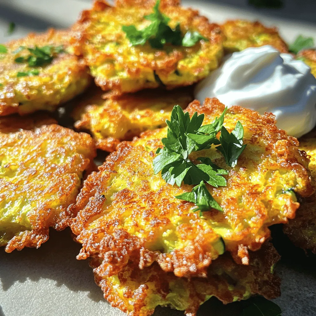 To make crispy zucchini fritters, you need: - 2 medium zucchinis, grated - 1 teaspoon salt - 1 cup all-purpose flour - 1/2 cup grated Parmesan cheese - 2 large eggs - 1/4 cup chopped fresh parsley - 1/4 teaspoon garlic powder - 1/4 teaspoon black pepper - 1/2 teaspoon baking powder - Vegetable oil for frying These simple ingredients create a tasty and fun snack. The zucchini gives a fresh flavor while the cheese adds richness. You can make your fritters even better by adding: - Chopped scallions or onions - Crushed red pepper flakes for spice - Different cheeses like feta or mozzarella Feel free to mix in your favorite flavors. Each option adds a new twist to the dish. Each serving of these zucchini fritters has: - Approximately 200 calories - 10 grams of fat - 20 grams of carbohydrates - 8 grams of protein These fritters are not just tasty but also offer good nutrition. They can fit into many diets. Check the [Full Recipe] for more details on preparation and serving. Start by grating the zucchinis. Use a box grater or food processor for speed. Once grated, place the zucchini in a colander. Sprinkle 1 teaspoon of salt over it. This step is key. Let it sit for about 10-15 minutes. The salt pulls out excess moisture. After 15 minutes, use a clean kitchen towel or paper towels. Squeeze the grated zucchini to remove as much moisture as you can. This helps the fritters stay crispy. If you skip this step, your fritters may turn out soggy. Next, grab a large mixing bowl. Add the drained zucchini to it. Now, combine the zucchini with the dry and wet ingredients. Use 1 cup of all-purpose flour, 1/2 cup of grated Parmesan cheese, and 2 large eggs. Also, include 1/4 cup of chopped fresh parsley, 1/4 teaspoon of garlic powder, 1/4 teaspoon of black pepper, and 1/2 teaspoon of baking powder. Mix it all together until well combined. You want a thick batter that holds together. This mixture is what will become your tasty fritters. Now, it’s time to fry! Heat about 1/4 inch of vegetable oil in a large skillet. Aim for medium heat. You want the oil hot but not smoking. A good test is to drop a small bit of batter into the oil. If it sizzles, you're ready to fry. Using a tablespoon, scoop about 2 tablespoons of the zucchini mixture. Carefully drop it into the hot oil. Flatten it slightly with the back of the spoon. Repeat this until the skillet is full but not overcrowded. Fry the fritters for about 3-4 minutes on each side. Look for a golden brown color and a crispy texture. Use a slotted spoon to transfer them to a paper towel-lined plate. This helps drain any extra oil. Continue frying the remaining fritters, adding more oil if needed. For more detailed cooking instructions, check out the Full Recipe. To get crispy zucchini fritters, you need the right oil temperature. Aim for 350°F (175°C). If the oil is too cool, the fritters will soak up oil and become soggy. If it's too hot, they will burn outside while staying raw inside. Use a deep skillet or a heavy-bottomed pan for frying. A cast-iron skillet works best here. It holds heat well and cooks evenly, giving you that perfect golden finish. Also, use a thermometer to check the oil temperature. This simple tool makes a big difference. These fritters taste great with a dip. Tzatziki or marinara sauce are both nice choices. Tzatziki adds a cool touch, while marinara gives a nice kick. You can also serve them with Greek yogurt for a creamy option. For plating, stack the fritters on a colorful plate. Add fresh herbs like parsley or dill on top for a pop of color. You can even place a small bowl of dip next to the fritters. This looks nice and makes it easy for guests to grab some. One common mistake is overcrowding the pan. If you place too many fritters at once, they won’t fry well. They will steam instead of crisp. Always leave space between each fritter in the pan. Another mistake is not draining the zucchini. After grating, you must remove excess moisture. If you skip this step, your fritters will become mushy. Use paper towels or a clean kitchen towel to squeeze out as much water as you can. This helps keep them crispy. For the full recipe of these delicious crispy zucchini fritters, check out the details provided above. {{image_2}} To make your crispy zucchini fritters even tastier, you can add herbs like thyme or dill. These herbs give your fritters a fresh and vibrant taste that pairs well with zucchini. You can also use spices for an international twist. For instance, try adding cumin for a warm flavor or paprika for a hint of smokiness. These small changes can make a big difference in taste. If you're looking for healthier options, consider baking instead of frying. Baking still gives a nice crunch while cutting down on oil. You can also try using whole wheat flour or gluten-free flour. These options add nutrients and fiber, making your fritters more filling and better for you. Crispy zucchini fritters work well as a side dish or an appetizer. They are perfect for family dinners or parties. You can pair them with salads or soups for a complete meal. They add a fun crunch and a pop of color to your plate. Check the Full Recipe for more ideas on how to enjoy these delicious fritters. To keep your leftover crispy zucchini fritters fresh, place them in an airtight container. You can store them in the fridge for up to three days. Make sure they are completely cool before sealing. This helps to keep their texture. Reheating can be tricky if you want to keep the crunch. I recommend using an oven or an air fryer. Preheat your oven to 350°F (175°C). Place the fritters on a baking sheet and heat them for about 10-15 minutes. If using an air fryer, set it to 375°F (190°C) and heat for about 5-7 minutes. Both methods help retain that crispy outer layer. You can freeze your fritters both uncooked and cooked. For uncooked fritters, place them on a baking sheet and freeze until solid. Then, transfer them to a freezer bag. For cooked fritters, let them cool completely before placing them in a freezer bag. To thaw, leave them in the fridge overnight. For reheating, use the oven or air fryer for best results. Yes, you can prepare zucchini fritters ahead of time. Grate the zucchini, salt it, and let it drain. This step helps remove moisture. After draining, store the zucchini in an airtight container in the fridge for up to 24 hours. You can also mix the other ingredients and keep that mixture in the fridge. Just fry them when you're ready to enjoy a tasty snack. Using frozen zucchini is not the best choice. When zucchini freezes, it loses its crispness. This change affects the taste and texture of the fritters. If you must use frozen zucchini, make sure to thaw and drain it well. Press it to remove as much water as possible. This step helps keep the fritters from being too soggy. If you want a vegan option, you can replace eggs with flaxseed meal or applesauce. To use flaxseed meal, mix one tablespoon with three tablespoons of water. Let it sit for a few minutes to thicken. For applesauce, use 1/4 cup per egg. Both options help bind the fritters, keeping them together and tasty. Zucchini fritters are a simple and fun dish to make. We explored the key ingredients, how to prepare them, and tips for the perfect fry. Remember to manage moisture and temperature to achieve a crispy texture. You can even add your favorite herbs or spices for extra flavor. Whether served as a snack or with a meal, these fritters are both tasty and versatile. Enjoy making them and share them with family and friends for a delightful treat!