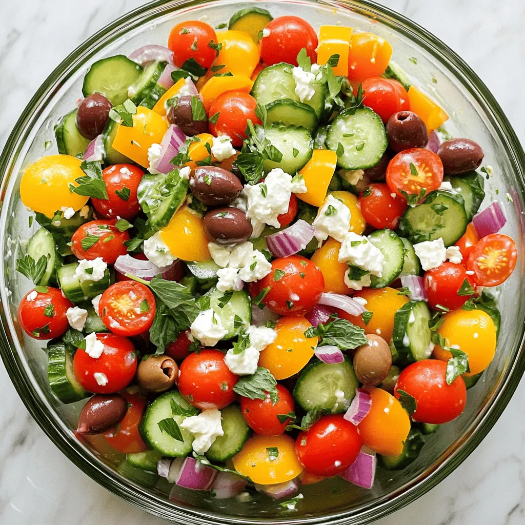 - 2 cups cherry tomatoes, halved - 1 cucumber, diced - 1 red onion, thinly sliced - 1 bell pepper, diced Fresh produce gives your creamy Greek salad a bright taste. Cherry tomatoes offer sweetness and color. The cucumber adds crunch and coolness. Red onion gives a sharp bite, while bell pepper adds a sweet flavor. Use ripe tomatoes for the best taste. - 1 cup feta cheese, crumbled - 1/2 cup plain Greek yogurt - 2 tablespoons olive oil - 2 tablespoons lemon juice Feta cheese is a key part of this dish. It adds creaminess and a salty kick. The Greek yogurt makes the dressing thick and rich. Olive oil gives a smooth texture, while lemon juice adds a fresh zing. Together, these ingredients create a perfect balance. - 1 teaspoon dried oregano - Salt and pepper to taste - Fresh parsley or mint for garnish Dried oregano brings a classic Greek flavor. It pairs well with the salad's fresh ingredients. Salt and pepper enhance all the flavors. Fresh parsley or mint adds a pop of color and aroma, making your salad even more inviting. For the full recipe, check out the Full Recipe section. Start with a large mixing bowl. Combine the following ingredients: - 2 cups cherry tomatoes, halved - 1 cucumber, diced - 1 red onion, thinly sliced - 1 bell pepper, diced - 1 cup Kalamata olives, pitted Toss gently to mix. This step blends the flavors well. The colors look bright and fresh. In a small bowl, whisk together these ingredients until smooth: - 1/2 cup plain Greek yogurt - 2 tablespoons olive oil - 2 tablespoons lemon juice - 1 teaspoon dried oregano - Salt and pepper to taste This dressing adds rich creaminess. The yogurt gives it a nice tang. Pour the creamy dressing over the salad base. Toss gently to coat all the veggies. Now, fold in: - 1 cup feta cheese, crumbled This helps keep the feta intact. Taste the salad and adjust seasoning with more salt, pepper, or lemon juice if needed. Let the salad sit for about 10-15 minutes at room temperature. This allows all the flavors to meld beautifully. You can find the full recipe to guide you through each step. Let the salad rest for 10 to 15 minutes before serving. This helps the flavors mix well. The tomatoes and cucumbers will release juices, making the salad even tastier. You can adjust the acidity with lemon juice. If it tastes too rich, add a bit more lemon juice. This will brighten the dish and balance the creaminess. This creamy Greek salad pairs well with grilled meats or pita bread. The salad adds a fresh touch to any meal. It complements the smoky flavor of grilled chicken or lamb. You can serve it as a side dish or even as a light main course. If you want an even creamier texture, try substituting sour cream for Greek yogurt. Sour cream adds a rich taste and smooth texture. You can also mix both for a unique flavor. This little change can make your creamy Greek salad even more enjoyable. For the full recipe, check the detailed instructions and enjoy your culinary adventure! {{image_2}} You can make your creamy Greek salad even better by adding protein. Grilled chicken works well. It adds a nice flavor and makes the salad heartier. Just slice the chicken and mix it in. If you prefer a vegetarian option, chickpeas are a great choice. They add protein and a nice texture. Use canned chickpeas for ease. Rinse and drain them before adding to the salad. This way, you can enjoy a filling meal without losing the fresh taste. While the yogurt dressing is delicious, you can mix things up with different dressings. Tzatziki is a great option. It adds a cool and creamy element. You can also try avocado dressing. It offers a rich flavor and smooth texture. Just blend ripe avocado with olive oil, lemon juice, and seasonings. Both options give your salad a new twist while keeping it light and fresh. Using seasonal ingredients can make your creamy Greek salad shine. Fresh herbs like basil or dill can enhance the flavor. You might also swap in seasonal veggies. Try adding radishes in spring or cherry peppers in summer. These changes keep your salad exciting and vibrant. They bring in new tastes and colors that brighten up your table. For the complete recipe, refer to the [Full Recipe]. To keep your creamy Greek salad fresh, store it in an airtight container. This helps keep the flavors intact. Place the salad in the fridge right after serving. Avoid letting it sit out for too long. This salad lasts about 3 days in the fridge. After that, the veggies may get soggy. The feta and yogurt may also lose their taste. Always check for any off smells before eating leftovers. You can serve this salad chilled or at room temperature. For a refreshing dish, keep it cold. If you prefer it warm, let it sit for a few minutes after taking it out of the fridge. Enjoy it fresh from the Full Recipe! To make your Greek salad creamier, focus on the dressing. Use more Greek yogurt for a thicker texture. You can also add a bit of sour cream or mayonnaise. Mixing in some avocado will boost creaminess too. Whisk the dressing well to blend all the ingredients. This helps achieve a smooth finish. Try this: add a splash of milk or buttermilk for a lighter feel. This small change can make a big difference. Adjust the lemon juice for balance. A richer dressing enhances the salad's overall taste. Yes, you can prepare this salad ahead of time. To keep it fresh, store the dressing separately. Mix the salad base, then cover and refrigerate. When you are ready to serve, simply add the dressing and toss. This keeps the vegetables crisp and the flavors bright. For the best results, try to make it no more than a day before. This way, the salad stays vibrant. If you need to prepare it earlier, consider adding the feta just before serving. This keeps it from getting too soggy. Get creative with toppings! You can add grilled chicken for protein or chickpeas for a vegetarian option. Sliced radishes add a nice crunch, while capers bring a briny kick. You can also toss in some fresh herbs like dill or basil for extra flavor. Sun-dried tomatoes can add a sweet and tangy touch. Try adding toasted nuts for a crunchy texture. These toppings make your salad unique and delicious. This blog post covered how to make a creamy Greek salad. We explored each ingredient, including fresh produce and dairy. You learned how to prepare the salad and its dressing. We shared tips to improve flavor and served some great ideas for variations. We also discussed how to store leftovers and answered common questions. Enjoy creating your own creamy Greek salad, and feel free to experiment!