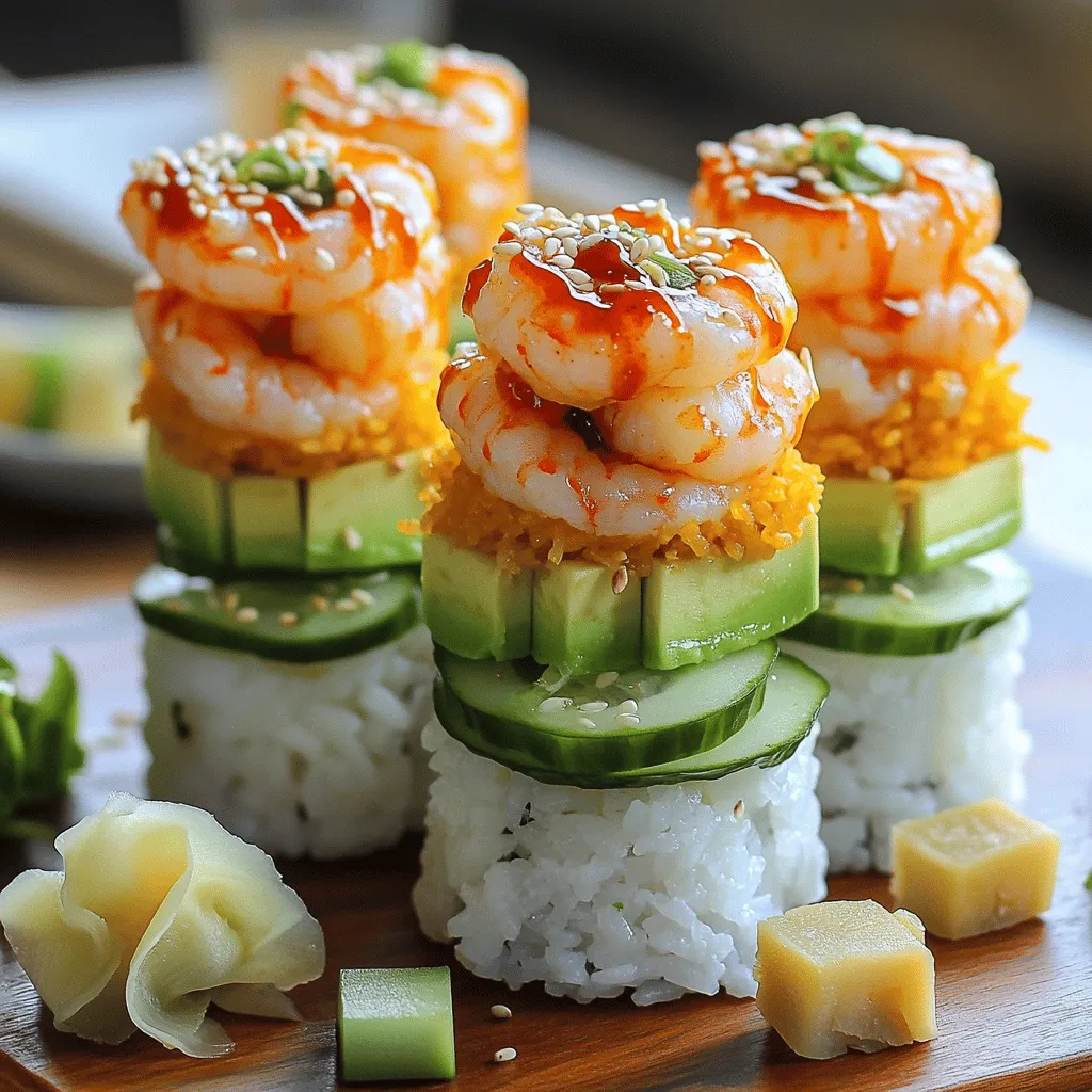 To make spicy shrimp sushi stacks, gather these fresh ingredients: - 1 lb shrimp, peeled and deveined - 1 tablespoon sriracha - 1 tablespoon mayonnaise - 1 cup sushi rice - 1 1/4 cups water - 1 tablespoon rice vinegar - 1 teaspoon sugar - 1/2 teaspoon salt - 1 avocado, sliced - 1 cucumber, thinly sliced - 3 sheets nori, cut into small squares - Sesame seeds, for garnish - Pickled ginger and wasabi, for serving You can make simple swaps if needed. Try these: - Use Greek yogurt instead of mayonnaise for a lighter option. - Swap sriracha for chili garlic sauce if you want more heat. - Brown rice can replace sushi rice for a whole grain version. - If you don't have nori, use thinly sliced lettuce to wrap your stacks. When buying shrimp, look for these signs of freshness: - They should smell like the ocean, not fishy. - The shells should look clear and shiny. - Choose shrimp that feel firm and springy to the touch. - If possible, buy shrimp that are wild-caught for the best flavor. By following these tips and using the full recipe, you can create a yummy dish that impresses everyone! Making Spicy Shrimp Sushi Stacks is fun and simple. Follow these steps to create a delicious dish. 1. Cook the Rice: Rinse the sushi rice in cold water. Do this until the water is clear. Combine the rice and water in a pot. Bring it to a boil. Once boiling, reduce the heat, cover it, and simmer for 15 minutes. Remove the pot from the heat and let it sit for 10 minutes. This helps the rice finish cooking. 2. Prepare the Sushi Rice: In a small bowl, mix rice vinegar, sugar, and salt. Heat this mixture in the microwave for about 30 seconds. Stir until everything is dissolved. Use a fork to fluff the rice and gently mix in the vinegar mixture. Let it cool a bit. 3. Prepare the Spicy Shrimp: In a bowl, mix sriracha and mayonnaise. This will be your spicy mayo. Heat a skillet over medium heat. Cook the shrimp for about 3-4 minutes until they're pink and cooked through. Toss the shrimp in the spicy mayo until they are all coated. Cooking sushi rice is key to great sushi stacks. Use short-grain sushi rice for the best texture. Rinsing the rice helps remove excess starch. This makes it less sticky. The right water ratio is essential too. Use 1 cup of rice to 1 1/4 cups of water. This balance gives you fluffy rice. Let it rest after cooking; this lets it steam and become tender. To assemble your sushi stacks, you need a round mold or a cup. Start by adding a layer of sushi rice at the bottom. Press it down gently. Next, add a layer of the spicy shrimp. Then, add avocado and cucumber slices. Repeat these layers until you reach the top of the mold. Finish with a layer of sushi rice. Carefully remove the mold to reveal the stack. This is where the fun happens! Sprinkle sesame seeds on top. Place small squares of nori around the sides. Serve with pickled ginger and wasabi to complete your dish. Enjoy your meal, and impress your friends with this fun presentation! For the complete recipe, check out the Full Recipe. When making sushi stacks, avoid overcooking the shrimp. Cook them just until they turn pink. If you overcook them, they will become rubbery and tough. Another mistake is using too much water for the rice. Follow the water ratio in the recipe closely. Too much water makes the rice mushy. Don't forget to let the rice sit after cooking. This step helps the flavors come together. To make spicy mayo, mix one tablespoon of sriracha with one tablespoon of mayonnaise. Adjust the amount of sriracha based on your spice level. For extra flavor, add a dash of lime juice or sesame oil. Mix well until smooth and creamy. This mayo adds a rich kick to the shrimp. It also complements the coolness of avocado and cucumber. For a stunning presentation, use a round mold to shape your sushi stacks. Layer the ingredients carefully to create height and color contrast. Start with sushi rice, then add spicy shrimp, avocado, and cucumber. Finish with rice on top. Once stacked, remove the mold gently. Sprinkle sesame seeds on top for crunch. Place small squares of nori around the stack for visual appeal. Serve with pickled ginger and wasabi on the side for a complete look. {{image_2}} You can play with flavors in sushi stacks. Try using different sauces or spices. For a twist, add mango and jalapeño. This mix brings sweet and spicy to the table. Another fun idea is using sesame oil in the shrimp mix. It adds a rich depth. You can also switch out the sriracha for sweet chili sauce for a milder kick. The options are endless, so get creative! Not in the mood for shrimp? No problem! You can make a veggie version. Try using marinated tofu or tempura vegetables. They add crunch and flavor without meat. For a vegan option, use avocado and cucumber as your base. You can also toss in some roasted red peppers for extra taste. Remember, the key is to keep the layers bright and colorful. Toppings can make your sushi stacks pop. Try adding spicy mayo on top for heat. You can also drizzle some teriyaki sauce for a sweet touch. For crunch, sprinkle roasted seaweed flakes or crispy onions. Fresh herbs like cilantro or green onion give a fresh taste. Don’t forget sesame seeds for a nutty finish. These little touches make your dish stand out and taste amazing! To keep your leftover sushi stacks fresh, wrap them tightly in plastic wrap. You can also place them in an airtight container. This helps prevent the rice from drying out. Store them in the fridge for up to two days. Avoid stacking them, as this can squash the layers. Sushi stacks are best enjoyed cold, but if you want to warm them, do it gently. Place them on a microwave-safe plate. Cover with a damp paper towel to retain moisture. Heat for about 20 seconds. Check if they are warm enough. You don’t want to overheat them, as it can change the texture. If you want to freeze the ingredients, do it separately. You can freeze shrimp for up to three months. Cooked sushi rice can also be frozen. Place it in a freezer bag, flatten it for easy storage, and remove as much air as possible. When ready to use, thaw shrimp and rice in the fridge overnight. This keeps them fresh and tasty for your next sushi stack creation. For the best flavor, avoid freezing the assembled stacks. To make sushi rice, rinse it well under cold water. Keep rinsing until the water runs clear. This step removes excess starch for better texture. Next, combine the rice with water in a pot. Bring it to a boil, then lower the heat. Cover and let it simmer for 15 minutes. After cooking, remove the pot from heat and let it sit for 10 minutes. Finally, mix rice vinegar, sugar, and salt in a bowl. Heat it briefly until dissolved, then fluff the rice. Stir in this mixture gently for perfect sushi rice. Yes, you can use frozen shrimp. Just make sure to thaw them first. Place the shrimp in a bowl of cold water for about 15-20 minutes. After thawing, peel and devein the shrimp if needed. Using frozen shrimp is a great way to save time. Just remember to cook them until they are pink and firm. This will ensure they blend well with the spicy mayo. Spicy Shrimp Sushi Stacks stay fresh for about 1-2 days in the fridge. Store them in an airtight container to keep them from drying out. The rice might become a bit hard, so enjoy them soon after making for the best taste. If you have extra shrimp or rice, keep them separate until ready to serve. This will help maintain the texture and flavor. For the full recipe, check the earlier section. You learned how to make Spicy Shrimp Sushi Stacks from start to finish. We discussed key ingredients, cooking tips, and common mistakes to avoid. You can impress everyone with your sushi skills now. Remember, fresh shrimp makes a big difference. Also, feel free to get creative with your flavors and toppings. With practice, your sushi will shine. Enjoy making this fun dish, and share it with friends. You have the tools to create something special. Happy cooking!