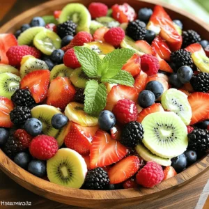 For the best berry fruit salad, I love using a mix of vibrant, fresh fruits. Here are my favorites: - 1 cup strawberries, hulled and halved - 1 cup blueberries - 1 cup raspberries - 1 cup blackberries - 2 kiwis, peeled and diced - 1 banana, sliced These fruits not only add color but also bring different flavors and textures. Strawberries are sweet and juicy, while blueberries add a pop of tartness. Raspberries and blackberries give a tangy twist, and kiwis add a tropical flair. The banana rounds it all off with its creamy texture. To make the simple yet tasty honey lime dressing, gather these ingredients: - 3 tablespoons honey - 2 tablespoons lime juice (freshly squeezed) - Zest of 1 lime The honey brings sweetness, while the lime juice adds brightness. Zest enhances the lime flavor, making the dressing refreshing. For a finishing touch, consider using: - 1 tablespoon fresh mint, chopped (for garnish) Mint adds a lovely aroma and a hint of coolness. It also makes the salad look more appealing. With these fresh fruits and ingredients, you can create a colorful and delicious berry fruit salad. For the complete recipe, check the [Full Recipe]. To hull strawberries, use a small knife. Insert the knife at the top, where the green leaves are. Twist the knife gently to remove the core. For bananas, peel the skin and slice them into rounds. Aim for even slices for a nice look. Washing berries is simple. Place them in a bowl and fill it with cold water. Gently swirl the berries to remove dirt. Drain the water, and let them dry on a clean towel. This keeps your fruit fresh and ready. For a smooth dressing, use a whisk. In a small bowl, add honey, lime juice, and lime zest. Whisk until the mixture is well combined and smooth. This helps mix the flavors perfectly. Using fresh lime juice is key. Fresh juice gives a bright flavor that bottled juice can’t match. It adds a zesty kick to your salad. To mix the fruits and dressing, start by pouring the dressing over the fruit in a large bowl. Use a spatula to gently toss the salad. Make sure every piece of fruit gets coated in the dressing. This step is crucial for the best taste. For serving, you can use individual bowls or a large platter. Garnish with fresh mint for a pop of color and flavor. This makes your salad look beautiful and appetizing. For the full recipe, check out the Berry Bliss Fruit Salad . To boost the taste of your berry fruit salad, try adding herbs. Fresh mint or basil can bring a new layer of flavor. Chop them finely and mix them right in. You can also try spices like cinnamon for a warm touch. If you want a twist on the honey lime dressing, consider using maple syrup instead of honey. It gives a nice, rich flavor. You can also use orange juice for a sweeter, citrusy dressing. These changes can make the salad feel fresh and exciting. Berry fruit salad is perfect for many occasions. It works well at summer picnics, birthday parties, or brunches. Its colorful look and sweet taste make it a hit with kids and adults alike. Pair your fruit salad with light desserts like sorbet or yogurt. It also goes great with grilled chicken or fish. The bright, fruity flavors can balance savory dishes perfectly. Making your salad look great is easy. Use clear glass bowls to show off the vibrant colors. Layer the fruits for a beautiful effect. You can also serve it on a large platter for a party. For a fun twist, try using small mason jars. Each guest can have their own jar. This adds a personal touch and makes serving simple. Enjoy presenting your berry fruit salad with flair! For the full recipe of this delicious berry fruit salad, check out the [Full Recipe]. {{image_2}} You can switch up the berries based on what you find. If strawberries are not fresh, try using cherries or peaches. Raspberries can be swapped for black currants for a fun twist. You can also mix in tropical fruits like mangoes or pineapples for a different flavor. This gives your salad a fresh taste each time you make it! If you want a vegan option, you can use maple syrup instead of honey. This keeps the sweet flavor while making it plant-based. For gluten-free needs, this salad is perfect as it contains no gluten. You can feel good serving it to anyone with dietary restrictions. To add crunch, try adding nuts or granola. Almonds or walnuts work great, and they add healthy fats. For something creamy, you can top it off with yogurt or whipped cream. Both options will make your salad richer and more satisfying. To store your berry fruit salad, place it in the fridge right away. Use an airtight container to keep it fresh. This helps to prevent air from spoiling the fruit. A glass container works great as it doesn’t hold odors. Always cover your container with a lid or plastic wrap. You can store the salad in the fridge for about 2 to 3 days. After that, the fruits may start to lose their flavor and texture. Look for signs of spoilage, like mushy fruit or an off smell. If you see any of these signs, it’s best to toss the salad. Yes, you can make the salad ahead of time! However, it’s wise to add the honey lime dressing just before serving. This keeps the fruits fresh and prevents them from getting soggy. If you want to prep, chop the fruits and store them separately. This way, you can mix them when you’re ready to serve. Yes, you can use frozen berries. However, they may change the texture. Frozen berries can become mushy when thawed. This might affect how the salad looks. Fresh berries will keep their shape and taste better in the salad. To change the dressing's taste, adjust the honey and lime juice. If you want it sweeter, add more honey. If you like it tangy, add more lime juice. Just mix and taste until it’s right for you. Use seasonal fruits for the best flavor. In spring and summer, strawberries, blueberries, and raspberries shine. In fall, pears and apples work well. Always choose ripe, fresh fruits for the best salad. Yes, this recipe is great for meal prep. You can cut the fruits a day ahead. Store them in airtight containers. Add the dressing right before serving to keep everything fresh. This blog post covered how to make a fresh berry salad. You learned about the key ingredients, like fruits and the honey lime dressing. I shared step-by-step instructions for preparation and tips for flavor enhancement. Variations and storage info help you customize and keep your salad fresh. In conclusion, don’t hesitate to get creative with your fruit salad. Mix and match fruits for fun flavors. Enjoy the bright colors and taste at any meal or event. This easy dish brings joy to gatherings, making it a hit for all.