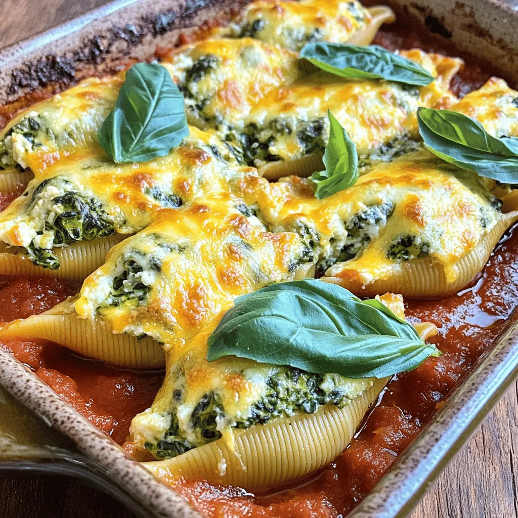 - 12 jumbo pasta shells - 1 cup ricotta cheese - 2 cups fresh spinach, chopped - 1 cup shredded mozzarella cheese - 1/2 cup grated Parmesan cheese - 1 egg - 2 cloves garlic, minced - 1 teaspoon dried oregano - 1 teaspoon salt - 1/2 teaspoon black pepper - 2 cups marinara sauce - Fresh basil leaves for garnish Alternatives for Ricotta Cheese If you can’t find ricotta, try cottage cheese. It gives a similar texture. You can also blend silken tofu for a dairy-free option. Spinach Options: Fresh vs. Frozen I love using fresh spinach for its flavor. However, frozen spinach works too. Just make sure to drain the excess water. Choosing the Right Pasta Shells Jumbo shells are the best for stuffing. If you can’t find them, use large manicotti shells. They work just as well. This dish packs a lot of flavor and is fun to make. You can find the full recipe above and enjoy cooking! Preheating the Oven First, set your oven to 375°F (190°C). This step is key for the perfect bake. Cooking the Jumbo Pasta Shells Next, boil the jumbo pasta shells according to the package instructions. Cook them until they are al dente. This means they should still have a slight bite to them. After boiling, drain the shells and let them cool a bit. Preparing the Spinach and Ricotta Filling In a large bowl, mix 1 cup of ricotta cheese, 2 cups of chopped fresh spinach, and half of the mozzarella cheese. Add in 1/2 cup of grated Parmesan cheese, 1 egg, 2 cloves of minced garlic, 1 teaspoon of dried oregano, 1 teaspoon of salt, and 1/2 teaspoon of black pepper. Stir everything together until it is well mixed. How to Properly Stuff the Shells Take a spoon and carefully fill each shell with the spinach and ricotta mixture. Be gentle to avoid tearing the shells. Place each stuffed shell in a baking dish. Arranging in the Baking Dish Make sure the stuffed shells sit close together in the dish. This helps them stay warm and cook evenly. Adding and Spreading Marinara Sauce Pour 2 cups of marinara sauce over the stuffed shells. Spread it evenly so all the shells are covered. This adds flavor and moisture as they bake. Covering and Uncovering for Perfect Cheese Cover the baking dish with foil. This traps steam and helps the shells cook. After 25 minutes, remove the foil. Then, sprinkle the remaining mozzarella cheese on top. Baking Times: What to Look For Bake for an additional 10 minutes. Look for the cheese to be bubbly and golden. This is when your dish is ready to enjoy! For the full recipe, check out the section titled Full Recipe. To ensure your shells do not stick together, use a large pot of boiling water. Add salt to the water. This helps keep the shells from clumping. Stir the shells gently while they cook. This keeps them moving and prevents sticking. For al dente pasta, cook the shells for one to two minutes less than the package states. This way, they will finish cooking in the oven. Al dente shells hold the filling better and have a nice bite. To add some heat, sprinkle in red pepper flakes. This gives a nice kick to the dish. You can also mix in Italian seasoning for a deeper flavor. Fresh herbs like parsley or thyme can brighten the taste. For cheese combos, try mixing ricotta with goat cheese. It adds a tangy twist. You can also swap some mozzarella for fontina. This gives a creamy texture that melts well. Garnishing with fresh basil leaves makes your dish pop. It adds color and a lovely aroma. Place the basil on top right before serving to keep it fresh. For serving suggestions, pair the stuffed shells with a simple side salad. A crisp Caesar salad works well. You can also serve garlic bread on the side. This makes for a complete and satisfying meal. Feel free to explore the Full Recipe for more detailed steps and measurements. {{image_2}} You can easily change the filling for stuffed shells. This keeps meals fresh and fun. - Adding Other Vegetables: Try adding chopped bell peppers or zucchini. You can also use mushrooms or artichokes for a tasty twist. Mix these veggies into the ricotta for more flavor. - Mixing in Different Cheeses: Swap ricotta for goat cheese or cream cheese. You can also add feta for a tangy kick. Each cheese brings a new taste to your dish. You can adapt this dish to fit your diet. Here are some great ideas: - Gluten-Free Options: Use gluten-free pasta shells. Many brands make tasty shells that hold the filling well. Just be sure to cook them carefully to avoid mushiness. - Vegetarian Add-ins: While this dish is vegetarian, you can add more veggies. Consider using lentils or beans for protein. These swaps keep your meal hearty and filling. You have choices when it comes to cooking. Baked shells are warm and cheesy, but unbaked is quick! - No-Bake Approach for Quick Meals: For a fast option, skip the oven. Just fill the shells and pour sauce over them. Heat in a pot until warm. This is great for busy nights! - Using the Air Fryer for a Unique Twist: If you love your air fryer, use it for stuffed shells. Cook them at 350°F (175°C) for about 15 minutes. This gives a crispy, golden finish that everyone will enjoy. For the full recipe, check out the details above and get cooking! To keep your stuffed shells fresh, store them in an airtight container. Place them in the fridge within two hours of cooking. This method helps maintain the flavor and texture. Make sure to cover the shells with some marinara sauce to prevent them from drying out. When you are ready to eat, reheat them gently in the oven. Cover them with foil to keep them moist. Bake at 350°F (175°C) for about 20 minutes, or until heated through. This way, you will enjoy maximum flavor. To freeze your stuffed shells, let them cool completely first. Arrange the shells in a single layer on a baking sheet. Place them in the freezer for about an hour. This step prevents them from sticking together. Once frozen, transfer them to a freezer-safe bag. Be sure to label the bag with the date. For reheating, you can bake them straight from the freezer. Cover with foil and bake at 375°F (190°C) for about 40-45 minutes. Remove the foil during the last 10 minutes to brown the cheese. Refrigerated stuffed shells last for about 3-5 days. If you freeze them, they can stay good for up to 3 months. However, the taste and quality may change over time. Always check for signs of spoilage before eating. Proper storage helps you enjoy your delicious dish longer. For the full recipe, check out the section above. Can I use other types of pasta? Yes, you can use other pasta shapes. Try using manicotti or cannelloni. Just adjust your cooking time as needed. The key is to ensure the pasta holds the filling well. How do I know when the stuffed shells are fully cooked? Check for a bubbly and golden cheese top. Also, the filling should be hot throughout. You can use a food thermometer; a safe internal temperature is 165°F (74°C). Can I make these shells ahead of time? Absolutely. You can prepare them a day before. Just cover and refrigerate. When ready, just bake as directed from the fridge. This saves time and is great for meal prep. Are spinach and ricotta stuffed shells healthy? Yes, they can be quite healthy. Spinach provides vitamins and minerals. Ricotta adds protein and calcium. Use low-fat cheese for lighter options. Caloric content per serving: What to expect? Each serving has about 350-400 calories. This can change based on specific ingredients used. To cut calories, consider reducing cheese or using whole wheat pasta. What to do if the filling is too runny? If your filling is runny, add more ricotta or a bit of breadcrumbs. This helps absorb extra moisture. Let it sit for a few minutes to thicken. Why did my shells break during cooking? Shells may break if overcooked. Always boil them until al dente. Use a gentle touch when handling them to avoid cracking. Easy Spinach and Ricotta Stuffed Shells are simple and tasty. We covered ingredients, step-by-step cooking, and helpful tips. You can customize your shells with different fillings or dietary options. Storing and reheating is easy, so nothing goes to waste. Remember, cooking can be fun and creative. Experiment and make this dish your own. Enjoy your delicious result, and share it with friends and family!