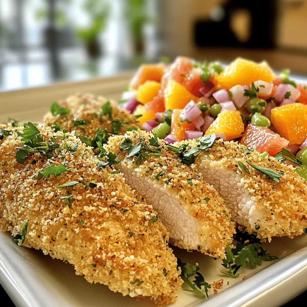- 1 lb chicken tenderloins - 1 cup breadcrumbs (preferably panko) - 1/2 cup grated Parmesan cheese - 2 tablespoons fresh parsley, finely chopped - 1 tablespoon fresh thyme leaves - 1 teaspoon garlic powder - 1 teaspoon onion powder - Salt and pepper to taste - 2 eggs, beaten - 1 tablespoon olive oil - Citrus Salsa ingredients When I create meals, I want them to be both tasty and easy. Chicken tenderloins are a great choice because they cook quickly and stay juicy. This zesty herb-crusted chicken tenderloin recipe is a personal favorite. The magic starts with the main ingredients. You only need chicken tenderloins, breadcrumbs, and Parmesan cheese. Panko breadcrumbs add the perfect crunch. Next, we mix in herbs and spices. Fresh parsley and thyme bring bright flavors. Garlic and onion powders add depth. Don’t forget to add salt and pepper to enhance all these flavors. For extra richness, you will need beaten eggs. They help the breadcrumbs stick to the chicken. A drizzle of olive oil adds flavor and helps the chicken crisp up nicely. And let’s not forget the citrus salsa! It’s fresh and bright. You can use oranges, grapefruit, and jalapeño for a kick. This salsa pairs perfectly with the chicken. All these ingredients come together to create a meal you will love. For more details, check the Full Recipe. - Preheat your oven to 400°F (200°C). - Line a baking sheet with parchment paper. - Mix breadcrumbs and cheese with herbs and spices in a bowl. - Beat the eggs in a separate bowl until smooth. - Dip each chicken tenderloin in the egg, letting the excess drip off. - Coat the chicken with the breadcrumb mixture, pressing gently. - Place the coated chicken on the baking sheet and drizzle with olive oil. - Bake for 15-20 minutes until golden brown. While your chicken cooks, this is a great time to prepare the zesty citrus salsa that pairs so well with the chicken. The bright flavors of the salsa make each bite even more exciting! - Ensure the internal temperature reaches 165°F (75°C). - Let the chicken rest for better juiciness. Cooking chicken tenderloins can be simple and rewarding. A meat thermometer helps ensure you hit the right temperature. Insert it into the thickest part of the tenderloin. This step guarantees safe and tasty chicken. After cooking, let the tenderloins rest for a few minutes. This allows the juices to settle and keeps them moist. - Experiment with different cheeses or herbs. - Add a dash of hot sauce for a spicy kick. You can boost flavor with ease. Try adding different cheeses like cheddar or mozzarella. Fresh herbs like basil or oregano can add a bright taste. If you like heat, a dash of hot sauce is perfect. It adds an exciting kick to each bite. - Use panko breadcrumbs for extra crunch. - Broil for a couple of minutes at the end for browning. For a crunchy texture, panko breadcrumbs work best. They create a light, crispy coating. After baking, broil the tenderloins for a few minutes. This extra step gives them a beautiful golden color and enhances the crispiness. You can enjoy these tenderloins with the zesty salsa from the Full Recipe for a great flavor combination. {{image_2}} You can change up how you coat your chicken tenderloins for fun. Here are some ideas: - Swap breadcrumbs for crushed nuts for a gluten-free version. - Use crushed cornflakes for a crunchier texture. These options add new flavors and textures to your meals. Changing the flavor can make your chicken tenderloins shine. Try these ideas: - Add lemon zest to the coating for a citrus twist. - Create an Asian-inspired version with sesame seeds and soy sauce. These twists can take a simple dish to a new level. How you serve your chicken can make it even better. Here are some tasty pairings: - Pair with different salsas or sauces like mango salsa or BBQ sauce. - Serve over a bed of salad or with a side of rice. These suggestions can help you create a colorful and delicious plate. For a full recipe, check out the Zesty Herb-Crusted Chicken Tenderloins with Citrus Salsa. Store leftover chicken tenderloins in an airtight container. They stay good for up to 3 days in the fridge. Make sure they cool down before sealing. This helps keep them fresh longer. When you’re ready to eat, just heat them up! You can freeze chicken tenderloins for easy meal prep. Coat them but do not cook them first. Place them in a freezer bag, squeezing out the air. They can last for months this way. When you want to cook them, just thaw and bake. For cooked tenderloins, you can also freeze them. Reheat cooked tenderloins in the oven. This keeps their texture nice and juicy. When reheating, the oven is better than the microwave. The oven keeps the chicken crispy. Microwaving can make it soggy. If you do use a microwave, place a paper towel over the chicken. This helps absorb extra moisture. Always check that it’s hot all the way through. Enjoy your tenderloins just like they were fresh! Chicken tenderloins are small strips of meat located under the breast. They are very tender and flavorful. This part of the chicken is known for its quick cooking time. Many people love them for their ease and taste. Yes, you can use chicken breasts instead of tenderloins. Cut the breasts into strips to mimic tenderloins. Keep in mind that chicken breasts take longer to cook. Adjust your cooking time to ensure they are tender and juicy. Look for a few signs to know when chicken tenderloins are ready. The meat should be opaque and no longer pink. The juices should run clear when you cut into them. Use a meat thermometer to check for an internal temperature of 165°F (75°C). Letting the chicken rest before serving helps keep it juicy. Zesty herb-crusted chicken tenderloins are easy and fun to make. We covered the main ingredients and step-by-step instructions to achieve a delicious dish. I shared tips for perfect tenderloins and suggested flavor variations and storage methods. Remember, cooking is about trying new things. Experiment with spices or coatings to find your favorite. Enjoy your cooking journey and share these tasty meals with friends and family!