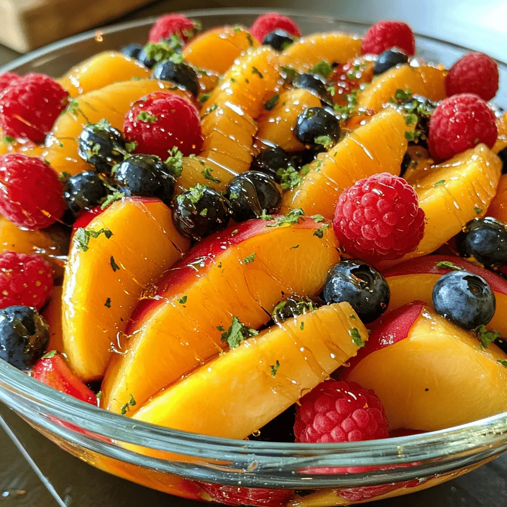 - 2 ripe peaches, sliced - 1 cup strawberries, hulled and halved - 1 cup blueberries - 1 cup raspberries - 1 tablespoon fresh mint, chopped - 2 tablespoons honey - 1 tablespoon lemon juice - Pinch of sea salt Start with the peaches. Wash them well and slice them into wedges. Place the slices in a large mixing bowl. Next, prepare the berries. Hull the strawberries and cut them in half. Add the strawberries, blueberries, and raspberries to the bowl with the peaches. In a small bowl, whisk together the honey, lemon juice, and a pinch of sea salt. Mix until they combine well into a smooth dressing. Drizzle the honey dressing over the fruit. Toss everything gently to coat the fruit evenly. Let the salad sit for about 10 minutes. This allows the flavors to meld beautifully. You can find the full recipe for Peach Berry Fruit Salad at the end of the article. Let the salad sit for about 10 minutes. This helps the fruit soak up the honey and lemon juice. Ripe fruit makes a big difference in taste. Choose peaches that are soft and fragrant. Fresh berries should be plump and bright. When you use the best fruit, your salad shines. Serve the fruit salad in a clear glass bowl. This lets the colors pop and makes it eye-catching. For a fancy touch, use individual bowls. You can add a mint sprig on top for extra flair. This small detail makes a big impact. Pair the salad with yogurt or cottage cheese for a creamy twist. This adds protein and makes it more filling. You can also use the salad as a topping for pancakes or waffles. It brings a fresh taste to breakfast. Enjoy your Peach Berry Fruit Salad with these ideas for a fun twist! You can switch up the fruit in your salad. Instead of peaches, use nectarines. They taste great and add a nice crunch. When berries are in season, add them in. Think of juicy blackberries or tart cherries for a fun twist. These changes keep your salad fresh and exciting! Want to keep it vegan? Just swap honey for agave syrup. It tastes sweet and works well in the dressing. If you want more texture, toss in some nuts or seeds. Chopped almonds or sunflower seeds bring extra crunch and healthy fats. For a tropical twist, add pineapple and mango. This gives your salad a fun, sunny vibe. You can also try a berry mix. Use only strawberries, blueberries, and raspberries for a bold berry flavor. Each variation can change your salad experience! For the full recipe, check out the details above. {{image_2}} To store leftovers in the fridge, use an airtight container. Place your Peach Berry Fruit Salad inside and seal it well. This keeps the fruit fresh and prevents odors. It’s best to eat the salad within two days for the best taste and texture. If you notice any excess liquid, drain it before eating. Can this salad be frozen? I do not recommend freezing this salad. Freezing can change the texture of the fruit. However, you can freeze individual fruits. For instance, freeze peaches, strawberries, or berries for smoothies later. Tips for freezing fruit properly include washing and slicing the fruit first. Lay the fruit on a baking sheet in a single layer. Freeze it for about an hour. Once frozen, transfer the fruit to a freezer bag. This method prevents clumping. Got extra salad? You can blend it into a smoothie. Just toss the leftover fruit salad with some yogurt and ice. Blend until smooth for a refreshing drink. Another idea is to use it in desserts or breakfast bowls. Top your oatmeal or yogurt with the salad for extra flavor. You can also add it to pancakes or waffles for a fruity twist. Yes, you can use canned fruit instead of fresh. Canned fruit is convenient and saves time. However, fresh fruit has better taste and texture. Canned fruit often has added sugar and preservatives. This can change the flavor and healthiness of your salad. If you choose canned fruit, look for options packed in juice, not syrup. Rinse the fruit well to reduce excess sugar. To keep your salad fresh and bright, prevent oxidation. Lemon juice is your best friend here. Its acidity slows down browning. Toss your cut fruit with a bit of lemon juice right after slicing. This keeps the peaches and apples looking fresh. You can also use a splash of orange juice. Another tip is to cover the salad tightly with plastic wrap. This reduces air exposure. Serving Peach Berry Fruit Salad is fun and easy! Use a large, clear glass bowl. This shows off the vibrant colors of the fruit. For parties, consider individual cups. They make great, easy servings. Add a sprig of fresh mint on top for a nice touch. You can also serve with a side of yogurt or whipped cream. This adds creaminess and boosts flavor! For a potluck, make it colorful and inviting. The Peach Berry Fruit Salad is easy to make and fun to eat. Here’s what you need: - 2 ripe peaches, sliced - 1 cup strawberries, hulled and halved - 1 cup blueberries - 1 cup raspberries - 1 tablespoon fresh mint, chopped - 2 tablespoons honey - 1 tablespoon lemon juice - Pinch of sea salt Here’s how to make it: 1. Wash the peaches and slice them into wedges. Place them in a big bowl. 2. Add strawberries, blueberries, and raspberries to the bowl. Mix them well. 3. In a small bowl, whisk honey, lemon juice, and a pinch of sea salt. 4. Drizzle this mixture over the fruit. Toss gently to coat. 5. Sprinkle chopped mint over the salad and toss again. 6. Let it sit for about 10 minutes. This helps the flavors mix well. This full recipe makes enough for four servings. For a pretty look, serve in a clear glass bowl. You can also put it in single bowls and add mint on top for style. Enjoy your refreshing and healthy delight! In this blog post, we explored a delightful Peach Berry Fruit Salad. You learned how to prepare fresh fruit, mix a tasty dressing, and combine it all for a perfect dish. Remember, using ripe fruit and letting the salad sit boosts flavor. Feel free to try seasonal fruits or dietary swaps for your needs. This salad is versatile for snacks, parties, or breakfast. Enjoy your fruity creation and share it with friends for a refreshing treat!