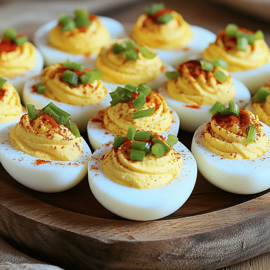 To make spicy chili garlic deviled eggs, gather these items: - 6 hard-boiled eggs - 3 tablespoons mayonnaise - 1 teaspoon Dijon mustard - 1 tablespoon chili garlic sauce (adjust to taste) - 1 teaspoon sriracha (optional) - 1 teaspoon rice vinegar - Salt and black pepper to taste - 1 green onion, finely chopped (for garnish) - 1 teaspoon smoked paprika (for garnish) - Use large eggs for the best results. - Mayonnaise gives creaminess; you can add more if you like it richer. - Adjust the chili garlic sauce to control heat; start with less if unsure. - Sriracha adds extra spice but is optional. - Rice vinegar adds a nice tang; feel free to use lemon juice if you prefer. - Season with salt and pepper to balance all flavors. If you need options, here are some easy swaps: - Use Greek yogurt instead of mayonnaise for a lighter version. - Swap Dijon mustard for yellow mustard if you want a milder taste. - If you can’t find chili garlic sauce, use hot sauce mixed with minced garlic. - For a dairy-free option, use mashed avocado in place of mayonnaise. - Green onions can be replaced with chives for a milder onion flavor. These ingredients help make a great spicy chili garlic deviled eggs recipe that you can enjoy at any gathering. For the full recipe, check out the details above. Start by boiling six eggs. Place them in a pot and cover with water. Bring the water to a boil. Once boiling, turn off the heat and cover the pot. Let the eggs sit for about 12 minutes. After that, move them to an ice bath to cool. This helps with peeling. When cool, gently tap the eggs and peel them. Slice each egg in half lengthwise. Next, take the yolks out of the whites. Place the yolks in a bowl. Add three tablespoons of mayonnaise. Then, add one teaspoon of Dijon mustard. Mix in one tablespoon of chili garlic sauce. If you like it spicy, add one teaspoon of sriracha. Include one teaspoon of rice vinegar, and season with salt and black pepper. Use a fork to mash everything together. Mix until it is creamy and smooth. Taste the mixture. Adjust the spice if needed. Now it’s time to fill the egg whites. You can use a spoon or a piping bag. Carefully spoon or pipe the yolk mixture back into the whites. Fill them generously but make sure they look neat. Once filled, sprinkle smoked paprika on top. Add chopped green onion for a fresh touch. Your spicy chili garlic deviled eggs are ready to impress! You can serve them right away or chill them for 15-20 minutes. This helps the flavors blend beautifully. For the full recipe, check the details above. To make great deviled eggs, start with the right boil. Place your eggs in a pot and cover them with cold water. Bring the water to a boil over medium heat. Once boiling, turn off the heat and cover the pot. Let the eggs sit for 12-14 minutes. Then, cool them in an ice bath. This method helps prevent a green ring around the yolk. Spice is key in Spicy Chili Garlic Deviled Eggs. Start with one tablespoon of chili garlic sauce. If you want more heat, add extra sauce or sriracha. Always taste your mixture before filling the eggs. You can even mix in a little honey for a sweet twist. Find the right balance that suits you and your guests. Presentation matters with deviled eggs. Use a piping bag for a neat look. Fill the egg whites with the yolk mix, creating swirls. For garnish, sprinkle smoked paprika on top. Add finely chopped green onions for color and crunch. Arrange them on a colorful platter. This makes your appetizer pop and draws attention at any party. Check out the Full Recipe for more tips! {{image_2}} You can boost the flavor of your spicy chili garlic deviled eggs with simple tweaks. Try adding fresh herbs like cilantro or dill for a bright touch. You can also swap the chili garlic sauce for harissa or a spicy aioli if you want a different heat level. For an extra kick, mix in some finely chopped jalapeños. This makes each bite pop with flavor! Deviled eggs come in many styles. You can make a classic version with just mayo and mustard. Or go gourmet with ingredients like avocado or smoked salmon. For a twist, try adding curry powder or bacon bits. Each style offers a unique taste, so don’t be afraid to experiment. Your guests will love the variety! When serving your deviled eggs, presentation matters! Arrange them on a colorful platter or use an egg tray for fun. Pair them with crunchy veggies like celery and carrots for a fresh contrast. You can also serve them with a chilled drink, like sparkling water or a light cocktail. This makes for a delightful snack that your guests will remember. For the complete recipe, check out the full recipe above! To keep your spicy chili garlic deviled eggs fresh, store them in an airtight container. Place a piece of plastic wrap directly on top of the eggs to prevent them from drying out. Keep the container in the fridge until you are ready to serve. This method helps maintain their texture and flavor. When stored properly, deviled eggs can last for about 2 to 3 days in the fridge. However, they taste best when fresh. If you notice any off smells or changes in color, it’s best to toss them. Always check for quality before eating. I do not recommend freezing deviled eggs. The texture of the eggs and filling can change and become watery. If you have extra filling, you can freeze that separately. Just remember to use it within a month for the best taste. Yes, you can! Try using sriracha or hot sauce for heat. You can also use a blend of ketchup and hot sauce if you want a sweeter taste. Each sauce gives a unique flavor. Just adjust the amount based on how spicy you like it. You can swap mayonnaise with Greek yogurt or avocado. Both options add creaminess. For Greek yogurt, use the same amount as the mayo. If you choose avocado, mash it well and adjust seasoning. Both choices keep the eggs tasty and healthy. For a party, present your deviled eggs on a nice platter. You can use a deviled egg tray for easy serving. Add a small sign to show what’s in them. Chill them before serving to keep them fresh. You can also sprinkle extra toppings, like herbs or spices, for a fun touch. For the full recipe, check [Full Recipe]. We covered everything you need to make tasty deviled eggs. You learned the best ingredients, how to boil eggs, and tips for great flavor. We also discussed how to store and serve these treats. Use what you learned to impress your friends and family. Experiment with flavors and find what you enjoy most. Deviled eggs are fun and easy to make. Happy cooking!