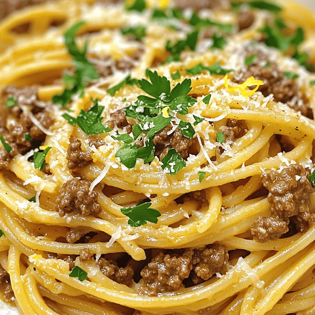 To make Beef and Garlic Butter Pasta, you need a few key ingredients. Here’s what you’ll need: - 250g spaghetti or your choice of pasta - 300g ground beef - 4 tablespoons unsalted butter - 5 cloves garlic, minced - 1 small onion, finely chopped - 1 teaspoon dried oregano - 1 teaspoon chili flakes (optional) - Salt and pepper to taste - ½ cup grated Parmesan cheese - Fresh parsley, chopped (for garnish) - Zest of 1 lemon These ingredients come together to create a rich and tasty dish. Each component plays its part in building flavor and texture. While I suggest spaghetti, you can use various pasta types. Fettuccine, linguine, or penne all work well. Choose what you like most. The pasta should hold the sauce nicely. For the best flavor, I recommend using ground beef. It cooks quickly and absorbs flavors well. If you want something different, you can use ground sirloin or chuck. These cuts offer good taste and fat content, which keeps the dish juicy and rich. Making Beef and Garlic Butter Pasta is simple and fun. First, gather all your ingredients. This way, you will not miss anything. Cooking should feel easy and enjoyable. Follow these steps carefully for the best results. Start by cooking the pasta. Fill a large pot with salted water and bring it to a boil. Add your spaghetti or pasta. Cook it according to the package instructions until it is al dente. This usually takes about 8-10 minutes. Don't forget to save 1 cup of pasta water before draining the rest. Next, prepare the beef. In a large skillet, heat 2 tablespoons of butter over medium heat. Add finely chopped onion and minced garlic to the skillet. Sauté them for about 3 minutes. They should smell great and look soft. Now it's time to brown the ground beef. Turn up the heat to medium-high. Add the ground beef to the skillet. Cook it for about 5-7 minutes, breaking it up with a spatula. Make sure it is nicely browned. If you see too much fat, drain it away. Once the beef is cooked, it’s time to add flavor. Sprinkle in dried oregano, chili flakes, salt, and pepper. Stir this mixture for 1-2 minutes. This helps the spices blend well with the beef. Now, lower the heat back to medium. Add the remaining 2 tablespoons of butter to the skillet. Let it melt, then add in your drained pasta. Toss everything together. If the pasta looks dry, slowly add some reserved pasta water. Keep mixing until the pasta is well coated and creamy. Finally, take the skillet off the heat. Mix in grated Parmesan cheese and lemon zest. Taste and adjust seasoning if you need to. Serve this delicious meal in bowls, topped with fresh parsley for a lovely finish. Enjoy this Beef and Garlic Butter Pasta for a flavorful meal! For the full recipe, check the details above. To boost the flavor of your Beef and Garlic Butter Pasta, think about adding some extras. Here are some ideas: - Fresh herbs: Basil or thyme can add a lovely aroma. - Vegetables: Try adding spinach, bell peppers, or mushrooms for color and nutrition. - Cheese: Besides Parmesan, consider using feta or mozzarella for creaminess. Adding these ingredients can make your dish more exciting and tasty. The texture of your pasta makes a big difference. Here are some tips: - Al Dente: Cook your pasta until it is firm but not hard. This gives a nice bite. - Pasta Water: Save some of the cooking water. It helps the sauce stick and adds flavor. - Toss Warm: Combine the pasta with the sauce while it’s still warm. This will help the sauce coat the pasta evenly. Pair your Beef and Garlic Butter Pasta with these great side dishes: - Garlic Bread: This classic goes well with any pasta. - Salad: A fresh green salad with a light vinaigrette can balance the meal. - Roasted Vegetables: Seasonal veggies can add color and nutrients. These sides can complete your meal and make it more enjoyable. For the full recipe, check out the [Full Recipe]. {{image_2}} You can swap the ground beef for plant-based options. Try using lentils or mushrooms. Both add great texture. For lentils, cook them until soft and mix them into the sauce. For mushrooms, sauté them until golden brown for a meaty flavor. Use the same garlic butter sauce from the original recipe. This keeps the dish rich and tasty. If you like heat, keep the chili flakes. If you prefer less spice, leave them out. You could also add sweet bell peppers for a mild kick. Cook them with the onions. For an extra layer, use black pepper or red pepper flakes. Always taste as you go. This way, you can adjust to your liking. You can switch up the garlic butter sauce too. Consider adding a splash of soy sauce for an umami boost. You can also use Alfredo or a light cream sauce instead. This gives a rich, creamy texture. For a fresh twist, add a hint of lemon juice or zest. This brightens the flavor and balances the richness. Keep experimenting until you find your favorite mix! For the full recipe, check out the details above. To keep your Beef and Garlic Butter Pasta fresh, store it in an airtight container. Let it cool down first. Place it in the fridge after cooling, where it lasts for up to three days. Label the container with the date. This way, you know when to eat it. When you're ready to enjoy your leftovers, reheating is key. Use a skillet over medium heat for best results. Add a splash of water or a little extra butter to keep it moist. Stir it gently until heated through. This helps maintain the flavor and texture. You can also use a microwave, but be sure to cover it to avoid drying out. If you want to save your Beef and Garlic Butter Pasta for longer, freezing is a great option. Make sure it cools completely. Place it in a freezer-safe container or bag. Remove as much air as possible to prevent freezer burn. This dish can last up to three months in the freezer. When you’re ready to eat, let it thaw in the fridge overnight before reheating. Enjoy your flavorful meal any time! The best pasta for this dish is spaghetti. Its long strands hold the sauce well. You can also try fettuccine or linguine for a different texture. Each type brings a unique taste to your meal. Choose what you like best! Yes, you can use other meats. Ground turkey or chicken works great. If you prefer a richer taste, try ground lamb. For a vegetarian option, use mushrooms or lentils. Each choice gives the dish a new twist. To make this dish healthier, use whole wheat pasta instead of white. This adds fiber and nutrients. You can also reduce the butter or use olive oil for cooking. Adding more veggies like spinach or bell peppers boosts nutrition too. One common mistake is overcooking the pasta. Always follow package instructions for the best texture. Another is not reserving enough pasta water. This water helps the sauce stick to the pasta. Lastly, don’t skip seasoning! It enhances all the flavors. To adjust the recipe, simply double the ingredients. Use 500g of pasta and 600g of beef for eight servings. Keep the other ingredients the same. Remember to use a larger pot for cooking and a bigger skillet for the sauce. That way, everything cooks evenly. For the full recipe, check out the details above! This blog post covered the key steps to make beef and garlic butter pasta. We explored essential ingredients, including the best cuts of beef and pasta types. You learned how to create a tasty garlic butter sauce and enhance flavors with simple tips. Finally, you can store leftovers properly and try variations like vegetarian options. Follow these steps, and you’ll create a dish that delights every time. Enjoy the cooking experience and have fun!