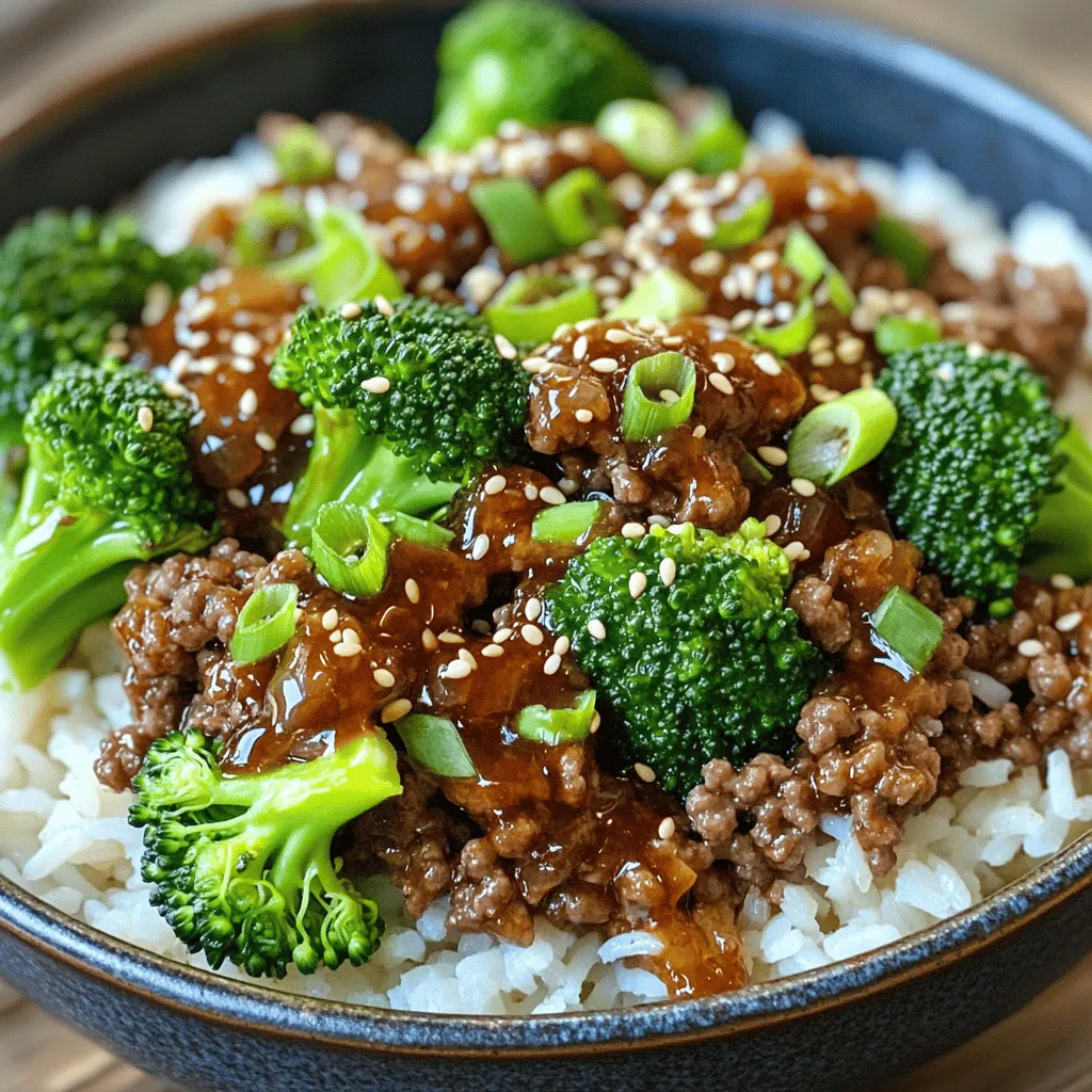 - 1 pound ground beef - 3 tablespoons soy sauce - 2 tablespoons brown sugar - 1 tablespoon sesame oil - 3 cloves garlic, minced - 1 teaspoon ginger, minced - 1/2 teaspoon red pepper flakes (adjust to taste) - 2 green onions, chopped - 1 cup broccoli florets - 1 cup cooked jasmine rice (or rice of choice) - Sesame seeds for garnish To make a Korean Ground Beef Bowl, gather these simple ingredients. Ground beef is the star here. Use 1 pound for the right amount of meat. You will also need soy sauce, brown sugar, and sesame oil to create a rich flavor. Minced garlic and ginger add depth to the dish. For a bit of heat, include red pepper flakes. Feel free to adjust this to your taste. To add some color, use broccoli florets and green onions as a garnish. Finally, serve your beef over a cup of cooked jasmine rice. You can use any rice you like. This dish is not just tasty; it’s also quick to prepare. You can find the full recipe to make this delicious bowl. Enjoy the blend of flavors as you whip this up in your kitchen! To start, you need to make a tasty marinade. In a small bowl, mix the following: - 3 tablespoons soy sauce - 2 tablespoons brown sugar - 1 tablespoon sesame oil - 3 cloves garlic, minced - 1 teaspoon ginger, minced - 1/2 teaspoon red pepper flakes (adjust to your taste) Stir these until well combined. Set this mixture aside. The marinade will add a lot of flavor to your beef. Next, it's time to cook the beef. Heat a large skillet over medium-high heat. Add 1 pound of ground beef. Cook this for about 4 to 5 minutes. Break it apart with a spatula as it cooks. Once it is browned, drain any excess fat. This step helps keep your dish from being too greasy. Now, pour the marinade over the cooked beef. Stir well to coat the beef evenly. Let it simmer for about 3 to 4 minutes. This allows the beef to soak up all those tasty flavors. Then, toss in 1 cup of broccoli florets. Cover the skillet and cook for another 3 to 4 minutes. You want the broccoli to be tender but still crisp. While this cooks, prepare 1 cup of jasmine rice according to package instructions. Once everything is ready, you can assemble your bowl. Don't forget to check out the Full Recipe for more details. When cooking ground beef, get the heat just right. Start with medium-high heat. This helps the beef brown nicely. Browning adds a lot of flavor. Stir the meat often. Break it apart with a spatula. Cook it for about 4-5 minutes. If there's too much fat, drain it away. For the broccoli, use a medium heat. This helps keep the broccoli crisp. Add it after you mix in the marinade. Cover the skillet for about 3-4 minutes. This way, the broccoli cooks evenly. It should be tender, but not mushy. To make your Korean Ground Beef Bowl shine, think about sides. A light salad or pickled veggies work well. They add crunch and balance to the meal. You could also serve it with kimchi. When assembling your bowl, start with rice. Place a scoop in each bowl first. Then, add the beef and broccoli mix on top. Finish with chopped green onions and sesame seeds. This adds color and flavor. Want to make your dish pop? Use spices and aromatics. You can add more garlic or ginger for depth. A splash of lime juice can brighten things up. If you like heat, try adding more red pepper flakes. Feel free to mix in other flavors too. A bit of honey or sriracha can change the taste. Experiment until you find your favorite combo. This dish can be your canvas! For the full recipe, check out the details above. {{image_2}} You can swap out beef for chicken, turkey, or tofu. Each option brings a unique taste. Ground chicken or turkey works well. They cook fast and absorb flavors. Tofu is a great choice for a plant-based meal. Just crumble it and cook like ground beef. This makes it a versatile dish for everyone. Adding more veggies makes your bowl colorful and healthy. Bell peppers, carrots, and snap peas are great choices. You can also try zucchini or mushrooms for extra flavor. Feel free to mix and match based on what you like. Each veggie adds its own taste and texture, making your meal exciting. Sauces can change the whole dish. Besides the marinade, try adding a spicy gochujang sauce for heat. A sweet and tangy sesame dressing also works well. You can even drizzle some sriracha for a kick. Explore these options to find your favorite combination. Each dressing adds flair to your meal and makes it unique. For the full recipe, check out the Korean Beef Delight Bowl. To store your Korean Ground Beef Bowl, let it cool first. Place the beef and broccoli in an airtight container. You can keep it in the fridge for up to three days. This helps keep it fresh and tasty. When ready to eat, just take it out and enjoy. You can freeze the beef mixture for later meals. First, cool it completely. Then, put it in a freezer-safe container. Make sure to leave some space at the top for expansion. You can freeze it for up to three months. When you want to use it, thaw it overnight in the fridge. When reheating, use a skillet for the best flavor. Add a splash of water or broth to keep it moist. Heat over medium until warm. You can also microwave it. Just cover with a damp paper towel to keep it from drying out. Enjoy it as if it’s fresh! For a full recipe, please check the [Full Recipe]. To add spice, you can increase red pepper flakes. Start with an extra half teaspoon. You can also add fresh sliced chili peppers. Another option is to drizzle in some sriracha or gochujang. Each of these options gives a unique kick. Taste your dish as you go to find the right heat. Yes, you can meal prep this dish! Cook the beef and broccoli ahead of time. Store them in separate containers. Cook your rice fresh or store it in the fridge. This way, you can enjoy your bowl anytime. Just heat everything up when you’re ready to eat. This bowl pairs well with several sides. Try serving it with kimchi for a tangy crunch. You can also add pickled vegetables for extra flavor. A simple salad with sesame dressing works great too. These sides will enhance your meal and add variety. To make this recipe gluten-free, substitute soy sauce with tamari. Tamari is a gluten-free soy sauce. You can also use coconut aminos as a soy sauce alternative. Both options keep your dish tasty and safe for gluten-sensitive diets. Enjoy the same great flavor without the gluten! This blog post described how to make a Korean Ground Beef Bowl using simple ingredients and steps. You learned to prepare a flavorful marinade and cook the beef just right. I shared tips on how to customize your dish and serve it well. Remember, you can swap proteins or add veggies for variety. Store leftovers wisely and reheat them for delicious meals later. Enjoy your cooking adventure, and make this dish your own with fun twists!