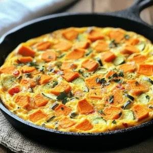 To create a tasty Paleo Potato Breakfast Frittata, you will need the following simple ingredients: - 4 large eggs - 1 medium sweet potato, grated - 1 small zucchini, grated - 1/2 cup red bell pepper, diced - 1/2 onion, finely chopped - 1 clove garlic, minced - 2 tablespoons olive oil - Salt and pepper to taste - Fresh parsley, chopped (for garnish) These ingredients bring together fresh flavors and a satisfying texture. The sweet potato adds natural sweetness, while the zucchini and bell pepper provide a nice crunch. Eggs serve as the perfect base, binding everything together. I love how easy it is to find these ingredients, and they work well for breakfast, lunch, or dinner. When you prepare this dish, make sure to choose fresh veggies. Freshness enhances the taste and makes your frittata shine. If you want to explore more, check the Full Recipe for detailed instructions on how to bring your frittata to life! - Preheat the oven to 375°F (190°C). - In a large oven-safe skillet, heat 2 tablespoons of olive oil over medium heat. - Add 1/2 onion, finely chopped, and sauté until it is translucent, about 3-4 minutes. - Stir in 1 clove of minced garlic and 1/2 cup of diced red bell pepper. Cook for another 2-3 minutes until the pepper softens. - Now, add 1 medium sweet potato, grated, and 1 small zucchini, grated, to the skillet. - Season with salt and pepper to taste, and cook, stirring for about 5-7 minutes until the veggies are tender. - In a bowl, whisk together 4 large eggs and a pinch of salt and pepper. Pour this egg mixture over the sautéed vegetables in the skillet. - Allow the frittata to cook on the stovetop for about 4 minutes until the edges start to set. - Transfer the skillet to the preheated oven and bake for 15-20 minutes or until the center is set and the frittata is lightly golden on top. - Remove the skillet from the oven and let it cool for a few minutes. Garnish with chopped fresh parsley before serving. For the complete guide, check out the Full Recipe. To avoid a soggy frittata, make sure to cook the veggies well. This helps release moisture before adding the eggs. I usually sauté them until tender and slightly caramelized. This adds flavor and keeps the frittata from getting too wet. For even cooking, use a heavy skillet. I prefer cast iron or stainless steel. These materials hold heat well and cook the frittata evenly. Also, be sure to spread the egg mixture evenly over the veggies. This ensures every bite has a good balance. If you want to mix things up, try different vegetables. Spinach, mushrooms, or broccoli work great in this frittata. They add color and nutrients. You can even switch the sweet potato for regular potatoes if you like. For egg substitutes, use flaxseed meal or chia seeds. Mix one tablespoon of either with three tablespoons of water. Let it sit for a few minutes to thicken. This works well for vegans or those with egg allergies. Don't hesitate to change the seasonings, too. Add herbs like thyme or basil for fresh flavors. You can also spice it up with red pepper flakes or smoked paprika. This adds a nice kick to your dish. For the full recipe, check out the Paleo Potato Breakfast Frittata section. {{image_2}} You can change the frittata to fit your taste. - Protein options: Add bacon or sausage for a heartier meal. Both add great flavor. If you prefer meat, try diced chicken or turkey as well. - Cheese recommendations: If you’re not strict about Paleo, cheese adds creaminess. Feta or goat cheese works well here. Just sprinkle it on top before baking. - Spice levels and flavor enhancements: Want more kick? Add red pepper flakes or jalapeños. Herbs like oregano or thyme can elevate the taste. Pair your frittata with fresh sides. A simple salad brings a nice crunch. You can also serve it with fruits like berries or sliced oranges for a sweet touch. This frittata is perfect for breakfast or brunch. It looks lovely on a table. You can slice it into wedges for easy serving. Make it ahead for busy mornings. Just store it in the fridge. Reheat slices for a quick meal on the go. Try the [Full Recipe] to explore more about this dish! To keep your frittata fresh, use airtight containers. Glass or plastic containers work well. Make sure they seal tightly to keep out air. Store the frittata in the fridge. It stays good for about 3-4 days. You can reheat the frittata in different ways. The oven is a great option. Preheat it to 350°F (175°C). Place the frittata on a baking sheet and heat for about 10-15 minutes. You can also use the microwave. Heat slices for 30-60 seconds until warm. If you want to save some for later, you can freeze the frittata. Cut it into slices and wrap each piece in plastic wrap. Place the wrapped slices in a freezer bag. They stay good for up to 2-3 months. To thaw, place the wrapped slices in the fridge overnight. Then reheat as usual. For the full recipe of the Paleo Potato Breakfast Frittata, check the full recipe section above. - Is the Paleo Potato Breakfast Frittata suitable for meal prep? Yes, this frittata is great for meal prep. You can make it in advance and store it in the fridge. It keeps well for up to four days. Just slice it into portions for easy serving. - Can I make this recipe ahead of time? You can make this frittata ahead of time. Bake it, let it cool, and then store it in an airtight container. Reheat slices in the microwave or oven for a quick breakfast. - What can I use instead of potatoes? If you want a substitute for potatoes, try using cauliflower or butternut squash. Both options add flavor and texture. You can also use other veggies like mushrooms or spinach. - Nutritional benefits of sweet potatoes Sweet potatoes are rich in vitamins A and C. They also provide fiber, which is good for digestion. Their natural sweetness makes them a tasty choice in dishes. - Understanding the Paleo diet principles The Paleo diet focuses on whole foods. It avoids processed items and emphasizes fruits, vegetables, nuts, and lean meats. This diet aims to mimic what early humans ate. - Exploring other egg-based recipes Eggs are versatile and can be used in many dishes. You can try egg muffins, shakshuka, or a classic omelet. Each offers unique flavors and textures. In this post, we covered how to make a delicious Paleo Potato Breakfast Frittata. We started with the ingredients, like eggs, sweet potatoes, and zucchini. Then we walked through each step, from prep to cooking. I provided tips for perfecting your frittata and easy ingredient swaps. You can customize it with add-ins and store leftovers properly. This recipe is great for busy mornings or any meal. Enjoy making your frittata. It's a tasty way to eat healthy!