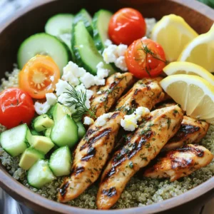 - 1 lb boneless, skinless chicken breasts - 2 tablespoons olive oil - 1 lemon (zested and juiced) - 2 tablespoons fresh dill, chopped (or 1 tablespoon dried dill) - 2 cloves garlic, minced - 1 teaspoon salt - 1/2 teaspoon black pepper - 1 cup quinoa, rinsed - 2 cups vegetable broth or water - 1 cucumber, diced - 1 cup cherry tomatoes, halved - 1 avocado, sliced - 1/4 cup feta cheese, crumbled (optional) - Extra dill and lemon wedges for garnish Lemon-Dill Chicken Bowls use simple, fresh ingredients. You can find the full recipe above. The chicken gives the dish protein. Quinoa adds healthy grains. The fresh veggies bring color and crunch. This meal is bright and tasty, perfect for any day. - Use thyme or parsley for different herb flavors. - For gluten-free, try rice or millet instead of quinoa. - To make it dairy-free, skip the feta cheese. These substitutes help you customize the dish. You can easily adjust to fit your taste or needs. Enjoy creating your perfect Lemon-Dill Chicken Bowl! For the best flavor, marinate the chicken for at least 30 minutes. If you have more time, two hours in the fridge works even better. This lets the chicken soak up all the tasty lemon and dill. To marinate effectively: - Mix olive oil, lemon zest, lemon juice, dill, garlic, salt, and pepper in a bowl. - Add the chicken breasts and coat them well. - Cover the bowl with plastic wrap or a lid. - Place it in the fridge to chill and absorb flavors. Perfect quinoa is fluffy and light. Here are tips to get it just right: - Rinse the quinoa in cold water before cooking. This removes a bitter coating. - Use vegetable broth instead of water for better flavor. To cook quinoa: 1. Combine the rinsed quinoa and broth in a saucepan. 2. Bring it to a boil over medium-high heat. 3. Reduce the heat to low, cover, and simmer for 15 minutes. 4. Once done, let it sit covered for 5 minutes. This keeps it fluffy. Grill the chicken to get a nice sear and juicy inside. Cook it at medium heat for even cooking. - Grill the chicken for 6-7 minutes on each side. - Check that the internal temperature reaches 165°F to ensure it is safe to eat. After grilling, let the chicken rest for a few minutes. This helps keep it juicy when you slice it. Use these steps for a tasty and simple meal. For the full recipe, click here. To enhance the lemon and dill flavors in your dish, use fresh ingredients. Fresh lemon juice packs a punch. The zest adds a bright note too. For dill, fresh is best, but dried can work in a pinch. To balance seasoning, taste as you go. If it's too tart, add a hint of honey. If it's too salty, a splash of water can help. Pairing flavors is key. Cucumber cools the dish while the tomatoes add sweetness. Plating your Lemon-Dill Chicken Bowl can elevate the meal. Start with a base of fluffy quinoa. Layer the chicken on top. Arrange cucumber, cherry tomatoes, and avocado artfully. This makes the bowl look colorful and inviting. For garnish, sprinkle extra dill on top. A wedge of lemon adds a pop of color. You might also consider crumbling feta cheese for added richness. These simple touches make your dish look like it came from a restaurant. For the full recipe, check the section earlier. {{image_2}} You can change the Lemon-Dill Chicken Bowls to match the seasons. In summer, add fresh veggies like bell peppers, zucchini, or snap peas. These bright colors and flavors make the dish pop. For winter, consider root vegetables like carrots or sweet potatoes. They add warmth and heartiness. Using different grains can also change the meal. While quinoa is great, try rice or couscous. They each bring a unique taste and texture. Rice is soft and fluffy, while couscous is light and quick to cook. Spice it up! Want heat? Add red pepper flakes or cayenne to the marinade. This adds a kick that pairs well with lemon and dill. You can also try adding a pinch of smoked paprika. It brings a deeper flavor that enhances the dish. To make it a one-pot meal, cook the chicken and quinoa together. Just add the chicken to the same pot as the quinoa and broth. This saves time and makes cleanup a breeze. The flavors combine, creating a delicious and easy meal. For the full recipe, check the link above. Enjoy your cooking! After you enjoy your Lemon-Dill Chicken Bowls, store leftovers in the fridge. Use a tight lid to keep them fresh. Place the bowls in an airtight container. They stay good for about three to four days. If you want to keep them longer, consider freezing. You can freeze both the chicken and quinoa. Let them cool down first. Then, place them in freezer-safe bags or containers. Remove as much air as possible to prevent freezer burn. They can last up to three months in the freezer. To thaw, move the containers to the fridge overnight. If you're short on time, you can use the microwave. Reheat the chicken and quinoa until hot throughout. This keeps your meal tasty and safe to eat. Enjoy your Lemon-Dill Chicken Bowls even after days! You can enjoy many sides with Lemon-Dill Chicken Bowls. Here are some great options: - Steamed broccoli - Roasted asparagus - Mixed green salad - Garlic bread - Lemonade or iced tea These sides add color and flavor. They also balance the meal. Yes, you can make Lemon-Dill Chicken Bowls ahead. Meal prep is easy with this dish. Here are some tips: - Marinate the chicken a day before. - Cook the quinoa in advance and store it. - Keep the chicken in the fridge for up to three days. Store the chicken and quinoa in airtight containers. This keeps them fresh and tasty. Yes, Lemon-Dill Chicken Bowls are healthy. They use fresh ingredients that offer many benefits. Here are some highlights: - Chicken breasts are high in protein. - Quinoa is a great source of fiber. - Fresh veggies add vitamins and minerals. This meal is light yet filling. It supports a balanced diet and energy levels. This blog covers how to make Lemon-Dill Chicken Bowls. We discussed essential ingredients like chicken, olive oil, and fresh veggies. I shared simple ways to marinate the chicken and tips for cooking quinoa just right. You learned options to suit different diets and creative swaps for seasonal veggies. When stored properly, your meals stay fresh and tasty. This dish is not only healthy but also easy to adapt. Enjoy making this recipe and sharing it with others!