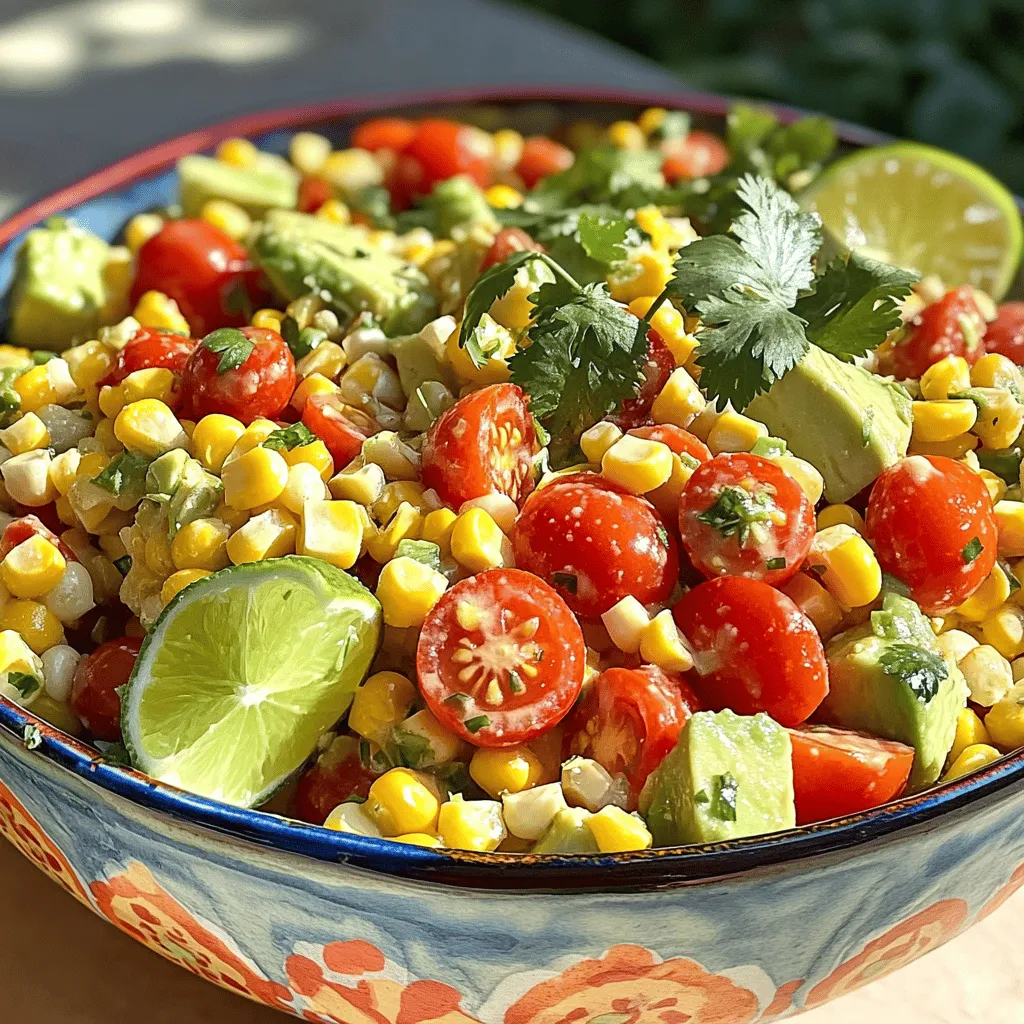 - 4 cups fresh corn kernels (about 6 ears of corn) - 1 cup cherry tomatoes, halved - 1/2 red bell pepper, diced - 1/2 cup red onion, finely chopped - 1 avocado, diced - 2 tablespoons lime juice - 2 tablespoons olive oil - 1 teaspoon cumin - Salt and pepper to taste - 1/4 cup fresh cilantro, chopped Fresh corn is the star of this salad. I love using sweet, juicy corn, especially in summer. You can shuck the corn and cut the kernels off the cob. You want about 4 cups, which is roughly 6 ears of corn. If you cannot find fresh corn, frozen corn works too. Just remember to thaw and drain it first. For bright colors, add cherry tomatoes and red bell pepper. The tomatoes add a juicy pop, while the bell pepper gives a nice crunch. Red onion adds a bit of sharpness. Dicing the onion finely helps it blend well with the other tastes. Finally, add a diced avocado for creaminess. It makes the salad rich and smooth. For the dressing, I use simple but tasty ingredients. Combine 2 tablespoons of lime juice and 2 tablespoons of olive oil in a small bowl. Add 1 teaspoon of cumin for a warm, earthy flavor. Season with salt and pepper to taste. Whisk it together until it’s well mixed. If you want an extra flavor boost, include fresh cilantro. It adds a herbaceous note that brightens the whole dish. You can find the full recipe to guide you through each step. - First, shuck the corn and remove the kernels from the cobs. Use a sharp knife and a cutting board for this. - Next, heat a large skillet over medium heat. Sauté the corn in a drizzle of olive oil. Cook for about 5 to 7 minutes until the corn starts to caramelize. This step brings out a sweet flavor. - In a large mixing bowl, combine the cooled corn with cherry tomatoes, red bell pepper, red onion, and diced avocado. - Toss everything gently to mix the ingredients well. You want all the fresh flavors to blend together. - In a small bowl, whisk together lime juice, olive oil, cumin, salt, and pepper until well combined. This dressing adds brightness to the salad. - Pour the dressing over the salad and toss again to coat all the ingredients evenly. - Finally, fold in the chopped cilantro for a fresh punch of flavor. Adjust seasoning if needed. Follow these steps for a summer corn salad that bursts with flavor and freshness. For the full recipe, check the section above. Enjoy your cooking! To make the best summer corn salad, start with fresh corn. Look for bright green husks. The husks should feel moist and firm. This means the corn is fresh. Check for plump, moist kernels. They should feel tight and full. If they feel dry, choose another ear. Fresh corn gives the best flavor and crunch. You can make this salad your own by adjusting the seasoning. Taste it and add more salt or pepper if needed. If you want to make it richer, try adding cheese. Feta or queso fresco works well for a salty kick. You can also add some herbs for extra flavor. Fresh basil or mint can brighten the taste. Presentation is important for any dish. Serve your salad in a colorful ceramic bowl. This will make it look even more inviting. To finish, garnish with cilantro and lime wedges. This adds a pop of color and freshness. It makes the dish look beautiful and ready to enjoy. For the full recipe, check out Sunny Corn Delight Salad. {{image_2}} Do you want a kick in your salad? Add jalapeños for heat. You can slice them thin and mix them right in. They will bring a nice spicy flavor. If you like, use chili powder in the dressing. This adds more warmth and a smoky taste. Want to make your salad heartier? Include black beans or grilled chicken. Both options add protein and help keep you full. You can also top your salad with feta or queso fresco for a creamy touch. These cheeses give a nice salty flavor that pairs well with the corn. If you want a vegetarian or vegan salad, it's easy to adapt. Replace honey or other non-vegan ingredients with maple syrup or agave. This keeps the sweetness without using animal products. You can also explore plant-based dressings for more flavor. Look for options made from nuts or seeds to keep it creamy and delicious. Feel free to mix and match these ideas to create your perfect summer corn salad. Enjoy! To keep your summer corn salad fresh, store it in an airtight container. This helps prevent moisture and air from spoiling the flavors. For the best taste, eat it within 1-2 days. After that, the veggies may lose their crunch and flavor. You can freeze the salad before adding avocado. This keeps the texture of the avocado intact. When you’re ready to eat, thaw the salad in the fridge overnight. Before serving, adjust the dressing for taste. This way, it stays bright and tasty. If your leftovers need a boost, add some extra lime juice and fresh herbs. This brings back the vibrant flavors. You can also use the salad in wraps or as a topping for tacos. It adds great taste and color to any dish. For the full recipe, check out the Sunny Corn Delight Salad. To make summer corn salad ahead of time, you should combine all the ingredients except for the avocados and dressing. This keeps the salad fresh. You can prepare this mix a day in advance. When you are ready to serve, add the dressing and avocado. This way, the salad stays crisp and tasty. Yes, you can use frozen corn. Make sure to thaw and drain the corn before using it in the salad. This helps to avoid extra moisture. Frozen corn can be a great option when fresh corn is not available. Summer corn salad pairs well with grilled meats, like chicken or steak. It’s also nice as a light appetizer. You can serve it at barbecues or picnics. The bright flavors of the salad complement many main dishes perfectly. Enjoy it fresh and colorful alongside your favorites! This summer corn salad is fresh, colorful, and full of flavor. You can mix fresh corn, tomatoes, and peppers with a zesty dressing. Follow each step, from prepping the corn to enhancing flavor, to create a dish everyone will love. Remember, you can store leftovers well or even freeze them. With endless variations, you can personalize this recipe. Enjoy your culinary adventure while staying healthy and satisfied!