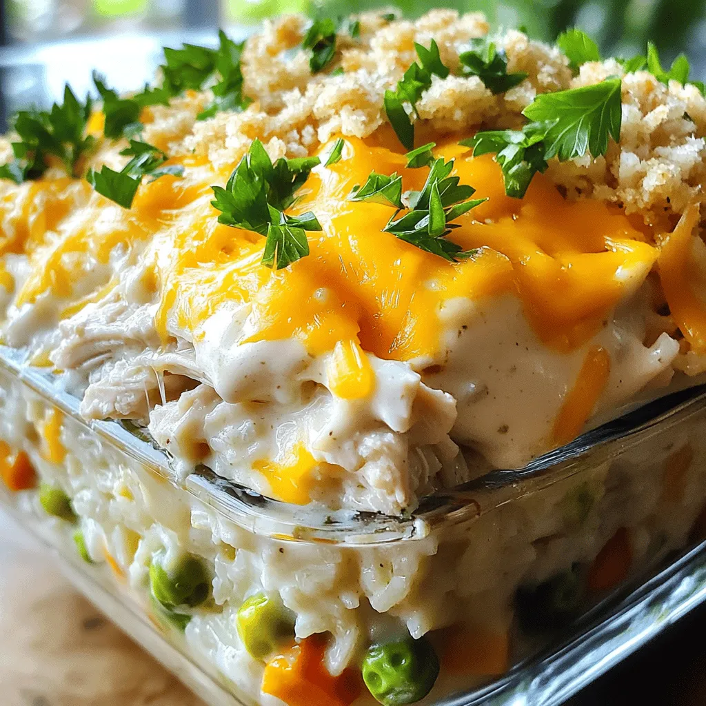 - 2 cups cooked rice - 2 cups cooked chicken, shredded - 1 cup cream of mushroom soup - 1 cup sour cream - 1 cup chicken broth - 1 cup mixed vegetables (peas, carrots, corn) - 1 teaspoon garlic powder - 1 teaspoon onion powder - 1 teaspoon paprika - 1 cup shredded cheddar cheese - Salt and pepper to taste - 1/2 cup breadcrumbs (for topping) - 2 tablespoons olive oil When cooking, fresh ingredients make a big difference. Choosing quality ingredients helps elevate your dish. I always look for bright colors and firm textures. For example, fresh vegetables should feel crisp and not limp. - Rice: Use short or long-grain rice. Avoid stale packages. - Chicken: Buy organic or free-range chicken for taste and health. - Vegetables: Go for frozen mixed veggies for convenience and freshness. They are often picked at peak ripeness. - Dairy: Check expiration dates on sour cream and cheese. Fresh is best! You can easily swap ingredients if needed. Here are some ideas: - Cream of Mushroom Soup: Use cream of chicken or homemade white sauce. - Sour Cream: Greek yogurt works as a great substitute. - Mixed Vegetables: Use any fresh veggies you have on hand. - Cheese: Try mozzarella or pepper jack for a different flavor. These tips make it easy to customize your creamy angel chicken rice casserole. You can find the full recipe above to see how it all comes together! 1. Start by preheating your oven to 350°F (175°C). This ensures even baking. 2. Grease a 9x13 inch baking dish with a little oil. This helps prevent sticking. 3. In a large bowl, mix the cooked rice, shredded chicken, and mixed vegetables. 4. Add the cream of mushroom soup, sour cream, and chicken broth. Stir until well blended. 5. Season your mixture with garlic powder, onion powder, paprika, salt, and pepper. Taste and adjust if needed. 1. Spread the rice and chicken mixture evenly in the greased baking dish. 2. Sprinkle cheddar cheese on top of the mixture for a creamy texture. 3. In a small bowl, mix breadcrumbs with olive oil. This makes a crunchy topping. 4. Evenly spread the breadcrumb mix over the casserole. 5. Cover the dish with aluminum foil. Bake for 25 minutes. This keeps the moisture in. 6. Remove the foil and bake for another 10-15 minutes. Look for a golden brown top. 7. After baking, let the casserole rest for a few minutes. This helps set the layers. For the full recipe, refer to the earlier section. Enjoy your cooking adventure! To make your creamy angel chicken rice casserole even creamier, try adding more sour cream. This small change brings a rich texture that everyone will love. You can also mix in some cream cheese for extra smoothness. For even cooking, spread the mixture evenly in your baking dish. This helps every bit cook at the same time. Cover it with foil during the first part of baking. This traps steam and keeps everything moist. Using store-bought rotisserie chicken saves time. Just shred it, and you're ready to go! This shortcut lets you skip cooking and focus on mixing your casserole. You can prep ingredients in advance, too. Chop your vegetables the day before. Measure out the rice and seasonings, and keep them in the fridge. This way, you can throw everything together in no time. Serve the casserole with fresh green beans or a simple salad. These sides add color and balance to your meal. For a colorful plate, add garnishes like fresh parsley or sliced green onions. A sprinkle of paprika on top adds a nice touch, too. These small details make your dish look fancy and inviting. For the full recipe, refer to the beginning of this article. {{image_2}} You can make this dish lighter with simple swaps. - Low-fat substitutes: Use low-fat sour cream and reduced-fat cheese. This keeps the creaminess while cutting calories. - Vegetable-loaded options: Add more veggies like spinach, bell peppers, or broccoli. These not only boost nutrition but also enhance flavor. Adding extra flavors can make your casserole shine. - Adding herbs and spices: Try fresh herbs like thyme or basil. They add a pop of freshness. You can also mix in a dash of cayenne for heat. - Different cheese options: Swap cheddar for mozzarella or pepper jack. Each cheese brings a unique twist to the dish. You can easily adjust this recipe for your needs. - Scaling the recipe for larger gatherings: Double the ingredients for a big crowd. Use a larger baking dish to fit everything. - Individual servings in mini dishes: For a fun twist, bake the casserole in small ramekins. This makes serving easy and adds a personal touch. For the complete recipe, check out the [Full Recipe]. Enjoy customizing this creamy angel chicken rice casserole! To keep your creamy angel chicken rice casserole fresh, refrigeration is key. Allow the casserole to cool first. Then, transfer it to an airtight container. This will help keep it moist and full of flavor. Store it in the fridge for up to three days. If you want to save it for longer, freezing is a great option. Portion the casserole into smaller servings. Wrap each portion tightly in plastic wrap. Then, place them in a freezer-safe bag. This way, you can enjoy it later without losing taste. The casserole can last up to three months in the freezer. When it’s time to enjoy your leftovers, reheating properly is important. The best method is using the oven. Preheat it to 350°F (175°C). Place the casserole in an oven-safe dish. Cover it with foil to keep it from drying out. Heat for about 20-25 minutes, or until it is hot throughout. You can also use the microwave for quick reheating. Place a serving on a microwave-safe plate. Cover it with a damp paper towel to maintain moisture. Heat for about 2-3 minutes, checking often to avoid overheating. Maintaining flavor and texture is vital. Avoid reheating multiple times; it can make the dish dry. Instead, only heat what you plan to eat. Enjoy every bite of your delicious creamy casserole! Can I make this dish ahead of time? Yes, you can prepare this casserole a day ahead. Just mix all the ingredients and store it in the fridge. When you're ready to bake, add a few extra minutes to the cooking time. What can I use if I don’t have cream of mushroom soup? You can substitute with cream of chicken soup or a homemade white sauce. Both will add creaminess and flavor without changing the dish too much. How do I know when the casserole is done baking? The casserole is done when the top is golden brown and bubbly. You can also check the center with a knife; it should be hot throughout. What sides pair well with this casserole? This casserole goes great with a simple green salad or garlic bread. You can also serve it with steamed broccoli or green beans for a healthy side. How do I properly store mixed vegetables? Store mixed vegetables in an airtight container in the fridge. Use them within three to four days for the best taste and texture. Can I substitute chicken for another protein? Absolutely! You can use turkey, pork, or even cooked beans for a meatless option. Just make sure to adjust cooking times as needed. For the full recipe of Creamy Angel Chicken Rice Casserole, check out the complete dish instructions! This blog post showed you how to make a tasty Creamy Angel Chicken Rice Casserole. We covered each ingredient you need and tips for choosing fresh ones. I shared steps for prep and baking, plus time-saving tricks. You learned about variations and how to store leftovers well. In the end, making this casserole can be quick and fun. Try it your way and enjoy every bite!