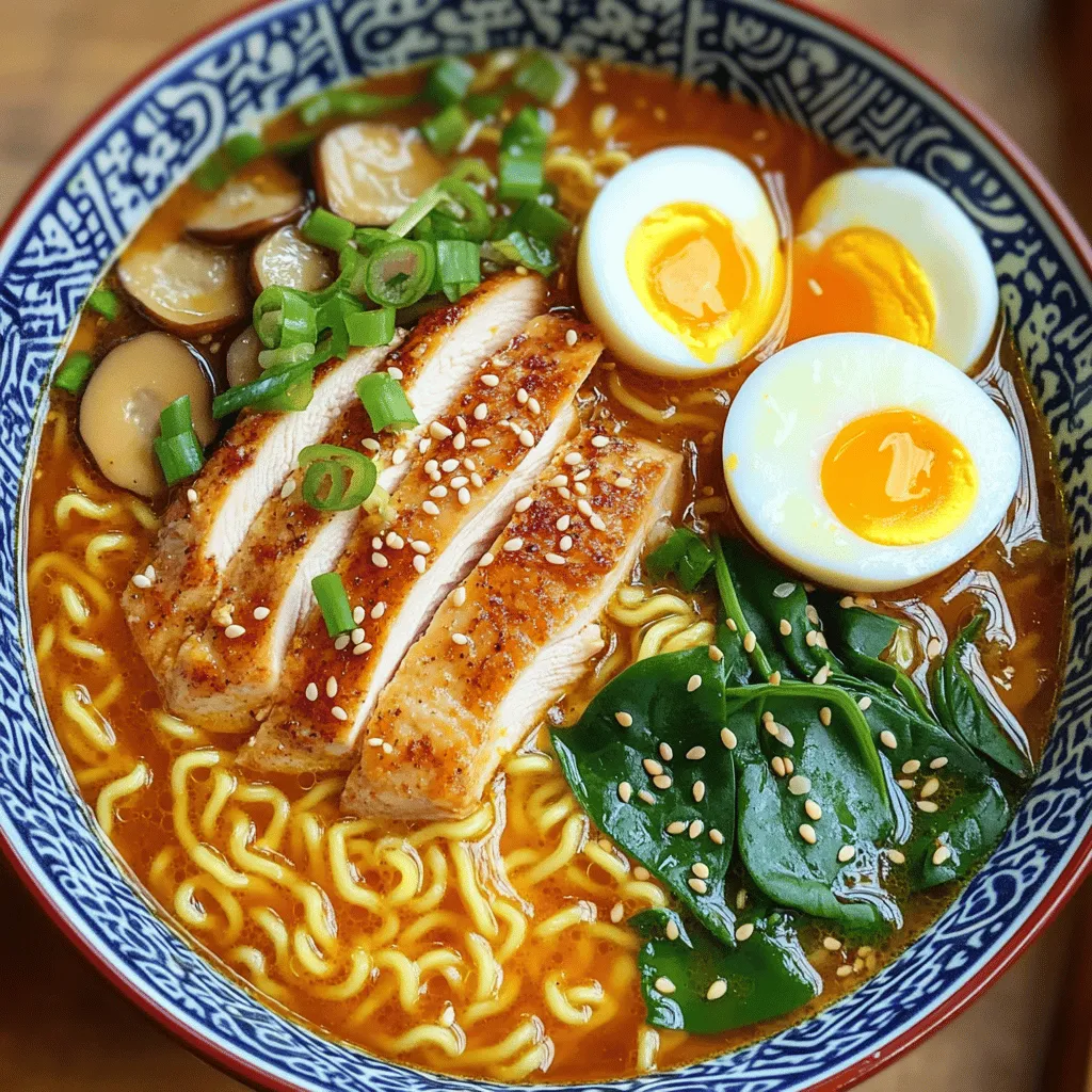 For a flavorful bowl of fiery chicken ramen, gather these key ingredients: - 2 boneless, skinless chicken breasts - 4 cups chicken broth - 2 packs of fresh ramen noodles - 2 tablespoons soy sauce - 1 tablespoon sesame oil - 1 tablespoon sriracha (adjust for spice level) - 1 tablespoon minced garlic - 1 tablespoon minced ginger - 2 green onions, sliced (for garnish) - 1 cup baby spinach - 1 cup shiitake mushrooms, sliced - 2 soft-boiled eggs (optional) - Sesame seeds (for garnish) - Salt and pepper to taste These ingredients create a rich base for your ramen. The chicken adds protein, while the broth brings depth. The noodles soak up all the flavors, making each bite a delight. To make your ramen even better, try these optional toppings: - Soft-boiled eggs, cut in half - Extra sliced green onions - Fresh cilantro for a burst of flavor - Nori (seaweed) sheets for texture - Chili flakes for more heat These toppings not only enhance the taste but also add color and texture to your dish. Feel free to mix and match based on your taste! To kick up the flavor, consider adding these spices: - Garlic powder for extra kick - Black pepper for warmth - Chili oil for a spicy finish - Lime juice for brightness These spices help you customize your fiery chicken ramen. You can adjust based on your spice tolerance. Use them wisely to create a bowl that suits your palate. For the complete cooking experience, check the Full Recipe. Start by heating sesame oil in a medium pot. Season the chicken breasts with salt and pepper. Place them in the pot and cook for 6-7 minutes on each side. You want them golden brown and fully cooked. Once done, take them out and let them rest. After a few minutes, slice the chicken thinly. In the same pot, add the minced garlic and ginger. Sauté these for 1-2 minutes until they smell great. Next, pour in the chicken broth. Let it come to a boil. After that, lower the heat and stir in the soy sauce and sriracha. Adjust the sriracha to match your spice level. Now, it’s time for the noodles. Add the ramen noodles to the broth. Cook them based on the package instructions, usually about 3-4 minutes. Once the noodles are almost done, add the sliced shiitake mushrooms and baby spinach. Let everything simmer for another 2-3 minutes. The mushrooms should be tender and the spinach wilted. - Assembling the Ramen Divide the noodles and broth into two large bowls. Top each bowl with the sliced chicken. If you want to add soft-boiled eggs, cut them in half and place them on top of the ramen. - Garnishing and Serving Finally, sprinkle sliced green onions and sesame seeds over the top. Serve hot and enjoy the fiery goodness! For complete details, check out the Full Recipe. To make your fiery chicken ramen just right, you can tweak the spice. Start with one tablespoon of sriracha. If that’s not hot enough, add more. You can also use chili oil for extra heat. Try adding fresh chopped chilies. They give a nice kick and fresh taste. If you want less heat, reduce the sriracha or skip it. Remember, it’s always easier to add more spice than to take it away! Soft-boiled eggs can make your ramen special. To get them just right, boil water in a small pot. Carefully add the eggs and cook for six to seven minutes. Then, move them to ice water for a few minutes. This stops the cooking and makes peeling easy. Peeling under running water helps too. Aim for a nice, runny yolk. It adds creaminess to your ramen. You can boost flavor by adding more ingredients. Try adding miso paste to the broth for depth. A splash of lime juice adds brightness. For crunch, throw in some bean sprouts or bok choy. Experiment with fresh herbs like cilantro or basil. These will bring a fresh taste to your dish. You can also add a dash of fish sauce for umami. Each addition makes the dish even better! For the full recipe, check out the full recipe section. Enjoy your cooking! {{image_2}} You can make a tasty vegetarian version of fiery chicken ramen. Start by replacing the chicken with tofu. Use firm tofu and cut it into cubes. Instead of chicken broth, use vegetable broth. It keeps the soup rich and flavorful. Add some extra veggies too. Try carrots, bell peppers, or bok choy for added crunch and color. The sriracha and soy sauce will still give it that spicy kick you love. For a creamy twist, add coconut milk to the broth. This will mellow the heat and create a nice smooth texture. Start with a cup of coconut milk when you prepare the broth. Mix it in after you add the soy sauce and sriracha. This change makes the ramen rich and comforting. You can still include all the original toppings, like soft-boiled eggs and green onions, for a perfect balance. If you want different protein options, there are many to choose from. Shrimp works great in this dish. Just add it when you cook the noodles to ensure it cooks quickly. Another option is using beef slices. Cook them in the broth for a few minutes until tender. You can also use plant-based meat if you want a vegan option. These alternatives keep the meal exciting while still being delicious. For the full recipe, just check out the section above. Enjoy your fiery chicken ramen! To store your leftover Fiery Chicken Ramen, let it cool first. Place it in an airtight container. It can stay in the fridge for up to three days. Make sure to keep the broth separate from the noodles. This keeps the noodles from getting soggy. When it’s time to enjoy your ramen again, reheat the broth in a pot. Heat it on medium until it’s hot. For the noodles, you can add them to the broth. Heat everything together for about three to five minutes. If the noodles are cold, you can also microwave them for a minute or two, then mix with the broth. If you want to freeze the ramen, you can do that too. Freeze the broth in one container. Freeze the noodles in another. You can freeze the chicken slices if you have leftovers. They can last up to three months in the freezer. When ready to eat, thaw in the fridge overnight. Reheat the broth and noodles as described above. Enjoy that fiery flavor again! You can use tofu, shrimp, or beef instead of chicken. Tofu gives a nice texture and absorbs flavors well. Shrimp cooks quickly and adds a seafood twist. Beef adds rich flavor and heartiness to the dish. Yes, you can make it gluten-free. Use gluten-free ramen noodles and ensure your soy sauce is gluten-free. Many brands offer tamari, a gluten-free soy sauce alternative. Fiery Chicken Ramen lasts for about 3 to 4 days in the fridge. Store it in an airtight container for the best freshness. Reheat it on the stove or in the microwave. You can find the Full Recipe for Fiery Chicken Ramen in the article above. It includes all the ingredients and step-by-step instructions. Enjoy cooking! In this post, we explored how to make delicious Fiery Chicken Ramen. We covered essential ingredients, step-by-step cooking, and helpful tips. I shared variations and storage methods to keep your ramen fresh. You can enjoy customizing this dish to suit your taste. With all these tips, you can create a warm, spicy bowl of ramen that delights everyone. Dive in and enjoy your cooking adventure!