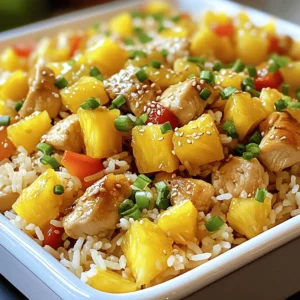 - 2 cups cooked jasmine rice - 1 lb chicken breast, cubed - 1 cup fresh pineapple, diced - 1 bell pepper (red or yellow), diced - 1 small onion, diced - 2 cloves garlic, minced - 2 tablespoons soy sauce - 1 tablespoon honey - 1 tablespoon sesame oil - 1 teaspoon ginger, grated - 1/2 teaspoon salt - 1/4 teaspoon black pepper - Green onions, chopped (for garnish) - Sesame seeds (for garnish) Gather these ingredients before you start cooking. Each item plays a key role in making the dish flavorful. The chicken gives you protein, while the pineapple adds a sweet touch. Jasmine rice provides a nice base. The bell pepper and onion add crunch and color. Garlic and ginger bring out the aroma and taste. The soy sauce and honey balance each other, making this dish sweet and savory. Don't forget the green onions and sesame seeds for garnish. They add a pop of color and extra flavor. This mix of ingredients makes your Sweet and Savory Pineapple Chicken Rice truly delightful. For more details, you can check the Full Recipe. 1. Heat sesame oil in a skillet over medium heat. 2. Add cubed chicken to the skillet. 3. Sprinkle with salt and black pepper. 4. Cook for about 5-7 minutes. 5. Look for a golden color on the chicken. Cooking the chicken first is key. This step locks in flavors and makes it juicy. 1. Add diced onion to the skillet. 2. Next, toss in the diced bell pepper. 3. Add the minced garlic last. 4. Cook for 3-4 minutes until vegetables soften. Soft vegetables add sweetness and depth. They blend well with the chicken. 1. Stir in diced pineapple for a sweet burst. 2. Pour in soy sauce, honey, and grated ginger. 3. Cook for another 2-3 minutes. 4. Fold in cooked jasmine rice, mixing it well. This step marries all the flavors. The rice soaks up the sauce and becomes delicious. You can find the Full Recipe for more details. Enjoy making this dish! To make your Sweet and Savory Pineapple Chicken Rice taste just right, adjust the seasoning. If you like it sweeter, add more honey. If you want it saltier, add a bit more soy sauce. Always taste before you serve. For chicken, make sure it’s cooked through. The best way to check is to cut a piece in half. The center should be white, not pink. Want to take your dish to the next level? Add some fresh herbs like cilantro or basil. They bring in bright flavors that pair well with the sweet pineapple. For a kick, sprinkle in some chili flakes or diced jalapeños. Start with a little, then add more if you like heat. When cooking, look for signs to know when your food is ready. Chicken should be golden brown and firm to the touch. The veggies should be soft but still colorful. For best results, aim for about 10-12 minutes of cooking time in total. This way, you’ll have a dish that is perfectly cooked and bursting with flavor. {{image_2}} You can change the chicken for other proteins. Tofu is a great choice for a vegetarian option. It soaks up the sauce flavor well. Shrimp also works nicely if you prefer seafood. For grains, swap jasmine rice for brown rice or quinoa. Brown rice adds a nutty taste, while quinoa boosts protein. Want to mix it up? Try different fruits! Mango or peaches add a sweet twist. They pair well with the savory chicken. You can also add nuts for extra crunch. Cashews or peanuts enhance the texture and flavor. If you're gluten-free, look for gluten-free soy sauce. This keeps the dish tasty and safe for those with dietary restrictions. To reduce sugar, try using a low-sugar sauce. It still tastes great without added sweetness. These variations keep your Sweet and Savory Pineapple Chicken Rice exciting and delicious! Explore these options to find your favorite twist. For the Full Recipe, check out the complete details. To keep your Sweet and Savory Pineapple Chicken Rice fresh, store it in the fridge. Place the dish in an airtight container. This helps prevent any strange smells from mixing. Make sure to cool the rice to room temperature first. Store leftovers for up to three days. When you are ready to eat leftovers, you can reheat them easily. Use a microwave-safe bowl for quick heating. Heat on high for about two minutes, stirring halfway. If using a skillet, add a splash of water to keep the rice moist. This method avoids soggy rice. Stir frequently until heated through. If you want to save some portions for later, freezing works well. Divide the dish into individual servings. Place each serving in a freezer-safe bag. Squeeze out any air before sealing. This keeps your rice tasty for up to three months. To thaw, place in the fridge overnight or use the microwave on defrost. Yes, you can use canned pineapple. Canned pineapple is sweet and soft. It adds a nice flavor, but it is juicier than fresh. This extra juice can change the dish's texture. If using canned pineapple, drain it well before adding it to the pan. This helps keep the dish from being too wet. To add heat, you can mix in crushed red pepper flakes. Start with a small amount and taste as you go. You can also add fresh chopped chili peppers for a bold flavor. Another option is to use a spicy sauce, like sriracha, when you mix in the sauce. This will give your dish a nice kick. This dish pairs well with simple sides. A fresh green salad or steamed broccoli adds crunch. You can also serve it with egg rolls or spring rolls. These add a fun texture and flavor contrast. Try pairing with a light soy sauce dip for more flavor. You can refer back to the Full Recipe for complete details and instructions. This will help you make the dish step by step, ensuring a great meal every time. This blog post covered a tasty recipe for Sweet and Savory Pineapple Chicken Rice. We discussed the main ingredients, including chicken, vegetables, and seasonings. I shared step-by-step instructions, useful tips, and variations. You can easily adjust flavors and ingredients to suit your taste. In closing, this dish is simple, fun to make, and full of flavor. Enjoy experimenting and personalizing it for you and your loved ones. Happy cooking!