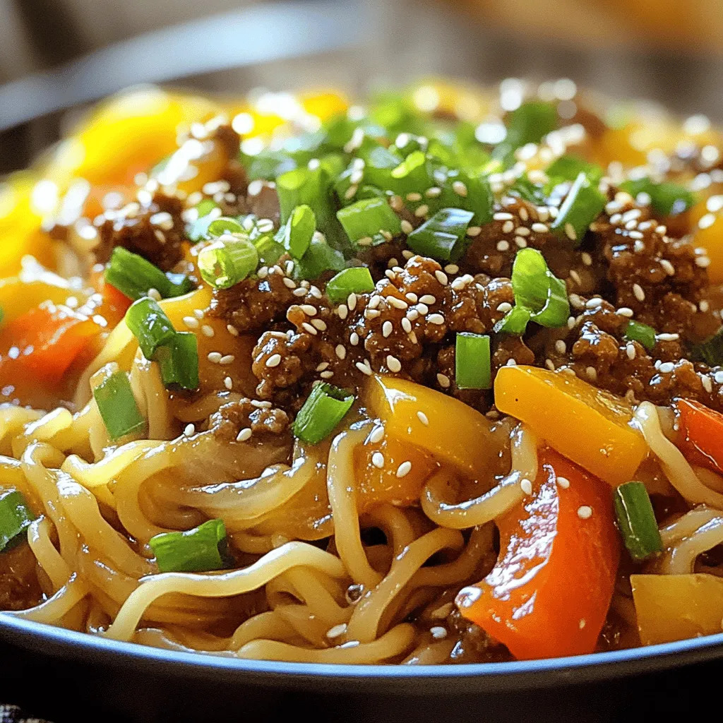 - Ground beef - Egg noodles - Sesame oil - Onion - Garlic - Ginger - Bell peppers - Green onions - Soy sauce - Oyster sauce (optional) - Brown sugar - Chili paste - Salt and pepper - Sesame seeds The heart of Mongolian Ground Beef Noodles lies in its main ingredients. Ground beef gives this dish a rich flavor and hearty texture. I prefer using egg noodles because they are soft and soak up the sauce well. For the aromatics, onion, garlic, and ginger create a fragrant base. The bell peppers add color and crunch. Fresh green onions bring a nice touch at the end. - Sesame seeds for garnish - Additional toppings like crushed peanuts or chili flakes - Alternative vegetables like carrots or snap peas Garnishing with sesame seeds adds a lovely finish. You can also experiment with toppings like crushed peanuts or chili flakes. If you want to switch up the veggies, try using carrots or snap peas for a different taste and texture. For the complete recipe, check out the Full Recipe. To cook the egg noodles, start by boiling a large pot of salted water. Once the water is boiling, add the noodles. Cook them as per the package instructions until they are al dente. This usually takes about 5-7 minutes. After cooking, drain the noodles and set them aside. To achieve the perfect texture, make sure not to overcook the noodles. They should be firm enough to hold up when mixed with the beef and sauce. Rinse them briefly in cold water to stop the cooking process and prevent sticking. Next, let’s make the sauce. In a small bowl, mix together the soy sauce, oyster sauce (if you like), brown sugar, and chili paste. This mix adds a great depth of flavor. Balance is key here; the sweetness from the brown sugar helps to round out the saltiness of the soy sauce. Taste the sauce as you mix. If you want more heat, add more chili paste. If it’s too salty, a little more sugar can help. Now it’s time to cook the beef and vegetables. Heat sesame oil in a large skillet or wok over medium heat. Add the sliced onion, minced garlic, and grated ginger. Sauté these for about 2-3 minutes until they smell great and the onions look clear. Next, raise the heat to medium-high. Add the ground beef to the pan and cook it until brown, about 5-7 minutes. Make sure to break it apart as it cooks. After the beef is browned, stir in the bell peppers. Cook them for another 3-4 minutes until they soften a bit. Once everything is cooked, pour the sauce over the beef and vegetables. Stir well to coat everything. Finally, add the cooked egg noodles to the skillet. Toss everything together until the noodles are well mixed with the beef and sauce. Season with salt and pepper as needed. Cook for an extra 2-3 minutes until everything is heated through. For a final touch, stir in the sliced green onions before serving. Enjoy your flavorful Mongolian Ground Beef Noodles! For the complete cooking guide, check out the Full Recipe. To make your Mongolian ground beef noodles shine, focus on layers of flavor. Start with fresh garlic and ginger for a strong base. Add these to the skillet first. Their aroma sets the stage for the rest of the dish. As you cook, taste your food often. Adjust seasoning with salt and pepper as you go. This helps you build a well-rounded taste. When cooking, you can choose between sautéing and stir-frying. Sautéing is great for a slower cook. It allows flavors to blend well. Stir-frying cooks food fast over high heat. This keeps veggies crisp and bright. For the best texture, watch your timing. Add the bell peppers after the beef turns brown. This gives them the right crunch without overcooking. A good skillet or wok makes a big difference. Use a large non-stick skillet for even heat. A wok can also work well for stir-frying. Both options help avoid sticking. For utensils, use a wooden spoon or spatula. These tools help you mix everything without scratching the pan. If you want to dive deeper into this recipe, check out the Full Recipe for detailed steps and measurements. By following these tips, you’ll create a dish that’s flavorful and comforting. Enjoy the process and happy cooking! {{image_2}} You may want a gluten-free option. Use gluten-free noodles made from rice or quinoa. You can also swap soy sauce for tamari to keep it gluten-free. This keeps the dish tasty for those with gluten sensitivities. If you prefer a vegetarian meal, replace the ground beef with crumbled tofu or tempeh. You can also use mushrooms for a hearty texture. Add more veggies like carrots or zucchini to fill the plate. Want to spice it up? Try adding fresh herbs like cilantro or basil. A pinch of cumin or smoked paprika can add warmth. If you enjoy heat, toss in more chili paste or fresh chili peppers. Regional adaptations can offer a fun twist. For a Southeast Asian flair, you can mix in some coconut milk. This will give your dish a rich and creamy texture. You can also substitute the bell peppers with bok choy or snow peas for a different crunch. Pair your noodles with a fresh side salad. A light cucumber salad can balance the richness. For drinks, try serving with green tea or a light lager. When it comes to presentation, serve the noodles in a large bowl. Top it with sesame seeds and sliced green onions. This adds color and texture. You can also arrange the noodles in a nest shape for a fun look. For the full recipe, check out the [Full Recipe]. To keep your Mongolian Ground Beef Noodles fresh, let them cool first. Place the leftovers in an airtight container. This helps prevent moisture loss and keeps flavors intact. I recommend using glass or BPA-free plastic containers. They are sturdy and easy to clean. Want to save some for later? You can freeze the cooked noodles. First, let them cool completely. Then, put them in freezer-safe bags. Remove as much air as possible to prevent freezer burn. When you're ready to eat, thaw the noodles in the fridge overnight. For reheating, you can use the microwave or a skillet. If using a skillet, add a splash of water to help steam the noodles back to life. In the fridge, your Mongolian Ground Beef Noodles last about 3 to 4 days. If you freeze them, they can stay good for up to 3 months. Just remember to label your containers with the date. This way, you can track how long they’ve been stored. Mongolian Ground Beef Noodles is a hearty dish with rich flavors. It combines ground beef, egg noodles, and colorful veggies. This meal has roots in Mongolian cuisine but is popular in many places. The blend of soy sauce, sesame oil, and spices gives it a unique taste. The dish is warm and filling, making it a great comfort meal on chilly days. Yes, you can make this recipe ahead of time. Cook the noodles and beef mixture and store them separately. Place the cooled noodles in an airtight container. Store the beef and veggies in another container. This helps keep the noodles from getting soggy. You can keep them in the fridge for up to three days. When you're ready to eat, just reheat everything together on the stove. To adjust the spice levels, start with a small amount of chili paste. You can easily add more if you like it hotter. Mix in some fresh chopped chili for a fresh kick. For a milder taste, skip the chili paste or use just a little. Taste as you go, and make it your own! In this article, we explored the key ingredients for Mongolian Ground Beef Noodles, including main elements and optional extras. We covered step-by-step cooking instructions, from boiling noodles to preparing sauces. Plus, we shared helpful tips and variations for dietary needs. Remember, cooking is about experimenting and finding what you love. With a few tweaks, this dish can easily become your favorite. Enjoy creating a satisfying meal that fits your tastes. The journey of cooking is just as rewarding as the meal itself.