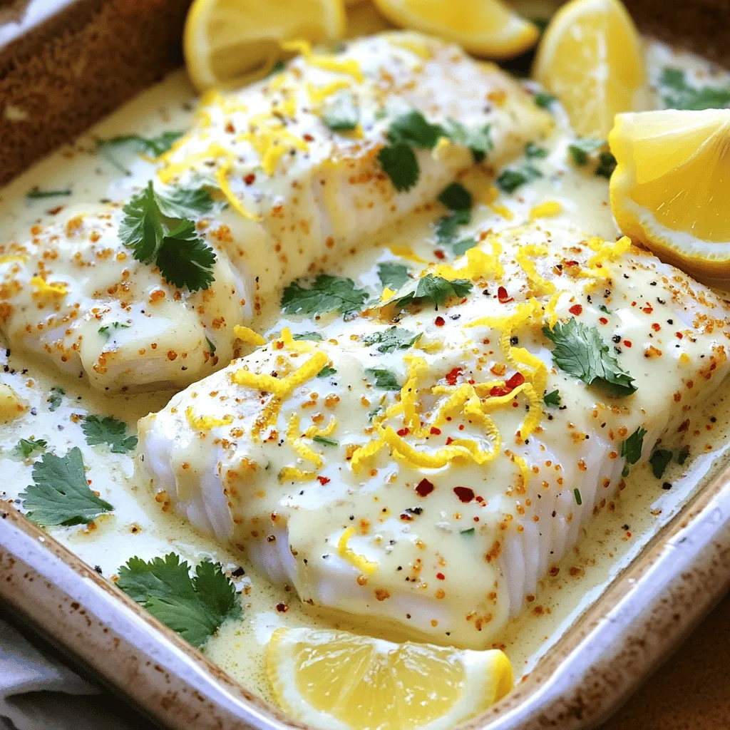 - 4 cod fillets (about 6 oz each) - 1 cup coconut milk - 1 tablespoon lemon zest - 2 tablespoons fresh lemon juice - 2 cloves garlic, minced - 1 teaspoon fresh ginger, grated - 1 tablespoon honey (or maple syrup for a vegan option) - 1 tablespoon soy sauce (or tamari for gluten-free) - 1 teaspoon red pepper flakes (optional for heat) - Salt and pepper to taste - Fresh cilantro, chopped (for garnish) - Lemon wedges (for serving) When I create this dish, I love how simple yet flavorful it is. The star of this recipe is the cod. It’s mild and flaky, making it perfect for soaking up the coconut lemon cream sauce. Coconut milk gives the sauce a rich, creamy texture. The lemon zest and juice add brightness and a hint of tang. Garlic and ginger bring warmth and depth. The honey or maple syrup balances the flavors with a touch of sweetness. Soy sauce or tamari introduces a savory note. You can spice things up with red pepper flakes if you like heat. The fresh cilantro adds a burst of color and flavor. Once you gather these ingredients, you’re ready to make a dish that impresses everyone. For the full details, check the Full Recipe. Enjoy the journey of making Tasty Baked Cod in Coconut Lemon Cream Sauce! - Preheat the Oven: Set your oven to 400°F (200°C). This step gets your oven ready for baking. - Combine ingredients in a saucepan: In a medium saucepan, mix the coconut milk, lemon zest, lemon juice, minced garlic, grated ginger, honey, soy sauce, and optional red pepper flakes. Bring this mix to a gentle simmer. Stir well and let it cook for about 5 minutes. The sauce will thicken a little. Remove it from the heat. - Season the cod: While the sauce simmers, season each cod fillet with salt and pepper on both sides. This adds flavor to the fish. - Place it in a baking dish: Arrange the cod fillets in a lightly greased baking dish. Pour the coconut lemon cream sauce over the fillets. Make sure to cover them well. - Bake until cod is opaque: Place the dish in your preheated oven. Bake for 15-20 minutes. The cod should become opaque and flake easily with a fork. The time may vary a bit based on how thick your fillets are. Enjoy this dish hot, and don't forget to check out the Full Recipe for more details! - Ensure cod fillets are evenly sized for consistent cooking. This helps them cook at the same rate. - Check for doneness with a fork. The fish should be opaque and flake easily. - Add more spices or herbs to the sauce, such as paprika or basil. This can boost the flavor. - A squeeze of lime can add a fresh twist to the dish. - Serve with rice, quinoa, or a fresh salad for a complete meal. - Roasted veggies also pair well with this dish. - Consider a light white wine to enhance your dining experience. For the full recipe, check out the details above! {{image_2}} You can switch the cod for other mild fish. Tilapia is a great option. It has a similar taste and cooks well in the sauce. If you prefer chicken, chicken breasts work nicely too. Just adjust the cooking time. Chicken usually takes a bit longer to cook than fish. To make this dish vegan, use plant-based milk instead of coconut milk. You can also replace honey with maple syrup. For gluten-free, choose tamari instead of soy sauce. This way, everyone can enjoy this tasty meal. The flavors will still shine through. Get creative with the flavors! Try adding lime or orange zest instead of lemon. These citrus options bring a unique taste to the dish. You can also add fresh herbs like basil or parsley for extra flavor. Don’t be afraid to experiment! Each twist can lead to a new favorite version of this recipe. For the full recipe, check the earlier section. Store any leftovers in an airtight container in the refrigerator. They will stay fresh for up to 3 days. When you want to enjoy these tasty bites again, just take them out and reheat. You can freeze baked cod for longer storage. Make sure to let it cool completely before freezing. Wrap each piece tightly in plastic wrap and then place them in a freezer bag. When you want to eat it, thaw it in the fridge overnight. To reheat, place the cod in a baking dish, cover with foil, and warm in a 350°F oven for about 15 minutes. To keep the quality, avoid reheating your cod multiple times. Each time you reheat, the fish can lose its delicate texture and flavor. It’s best to only heat what you plan to eat. This way, you can enjoy the dish at its best. To check if the cod is done, look for a few signs. The fish should be opaque and flake easily with a fork. If you see a white, milky liquid around the fish, it’s likely done. A good way to test is to insert a fork gently into the thickest part. If it flakes apart easily, you’re ready to eat! - Opaque color: The fish turns from translucent to white. - Flakes easily: A fork should break it apart without much effort. - Milky juices: Look for white liquid around the fish, signaling doneness. Yes, you can prepare the sauce and cod in advance! Making the sauce ahead saves time. Just store it in the fridge until you're ready to bake. You can also season the cod fillets and keep them covered. When you're ready to eat, just pour the sauce over the cod and bake it. - Make the sauce: Cook the sauce and cool it. Store in an airtight container. - Season the cod: Prepare and season the cod fillets. Cover them and keep in the fridge. - Bake when ready: Combine and bake whenever you need a quick meal. This dish pairs well with many sides! I love serving it with fluffy rice or quinoa. These grains soak up the sauce nicely. A fresh salad adds crunch and brightness to the meal. You can also try steamed vegetables for a healthy touch. Lemon wedges on the side brighten up the flavors. - Grains: Serve with rice or quinoa to soak up the sauce. - Salad: A fresh salad adds a nice crunch. - Vegetables: Steamed veggies give a healthy balance. - Lemon wedges: These brighten the dish and add zing. This blog post guides you on making Tasty Baked Cod in Coconut Lemon Cream Sauce. You learned about the key ingredients, step-by-step instructions, and helpful tips. I shared variations for different tastes and dietary needs, plus storage options. This dish is fun to make and packed with flavor. You can easily enjoy it for dinner or meal prep. Dive into this tasty recipe and impress your friends and family!