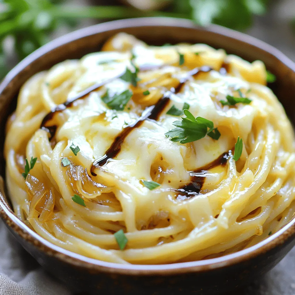 For this one pot French onion pasta, you will need: - 12 ounces pasta (fusilli or penne works well) - 2 medium onions, thinly sliced - 3 cloves garlic, minced - 4 cups vegetable broth - 1 tablespoon balsamic vinegar - 1 teaspoon sugar - 2 tablespoons olive oil - 1 tablespoon unsalted butter - 1 teaspoon dried thyme - 1 teaspoon rosemary, chopped - 1 cup grated Gruyère cheese (or a good melting cheese of choice) - Salt and pepper to taste - Fresh parsley for garnish (optional) If you need to change some ingredients, here are a few ideas: - Pasta: Use any short pasta like elbow macaroni or rotini. - Gruyère cheese: You can use mozzarella or fontina for a nice melt. - Vegetable broth: Chicken broth works well if you prefer. - Fresh herbs: If you lack fresh thyme or rosemary, use dried versions instead. Using fresh ingredients makes a big difference. Here are my tips: - Choose onions that are firm and without soft spots. - Fresh garlic cloves should smell strong and be easy to peel. - For herbs, pick those with bright colors and no browning. - Use homemade or low-sodium broth for the best flavor. This one pot French onion pasta is not just easy to make; it is also packed with flavor. Each ingredient plays a key role in creating a rich, hearty dish. You can find the full recipe to guide you through the cooking process. Start by gathering your ingredients. You need pasta, onions, garlic, and broth. Chop the onions thinly. Mince the garlic. This will help release its flavor. 1. In a large pot, heat olive oil and butter over medium heat. 2. Add the onions and sugar. Stir often to prevent burning. 3. Cook until the onions are soft and golden brown, about 15-20 minutes. 4. Next, add the minced garlic, thyme, and rosemary. Cook for 2-3 minutes. 5. Pour in the vegetable broth and balsamic vinegar. Stir well. Season with salt and pepper. 6. Now, add the pasta to the pot. Make sure it is submerged in the broth. 7. Bring the pot to a boil. Then, reduce heat and cover. 8. Simmer for about 10-12 minutes. Stir occasionally to avoid sticking. 9. Once the pasta is al dente, remove the pot from heat. 10. Stir in the grated Gruyère cheese until melted and creamy. Adjust seasoning if needed. The first stage shows onions cooking in the pot. They should turn a lovely golden color. In the second stage, you will add garlic and herbs. The aroma will fill your kitchen! Next, you’ll see the broth bubbling with pasta. It’s getting close! Finally, the creamy pasta should look rich and glossy with melted cheese. It’s a feast for the eyes. Let the pasta sit for a few minutes to thicken. Serve it warm in shallow bowls. Top with extra grated cheese for a nice touch. Add fresh parsley for color. Enjoy your meal! To get sweet, golden onions, start with medium heat. Use a large pot to give the onions space to cook evenly. Add olive oil and butter, then the sliced onions. Sprinkle in a bit of sugar to help with the caramelizing. Stir the onions often, so they don’t stick or burn. You want them to cook slowly, about 15 to 20 minutes. Be patient; this step adds great flavor to your pasta. One common mistake is cooking the onions on high heat. This can burn them and ruin the flavor. Another mistake is not stirring often enough. Make sure to keep an eye on them. If you skip the sugar, the onions may not caramelize well. Lastly, don’t forget to taste and adjust your seasonings. This will enhance the final dish. You can boost the taste of your One Pot French Onion Pasta by adding more herbs. Fresh thyme and rosemary work well. You can also try adding a bay leaf while cooking. Just remember to remove it before serving. If you like a bit of spice, a pinch of red pepper flakes adds nice heat. Feel free to mix and match herbs based on your taste. {{image_2}} You can easily add meat to this dish. Chicken and sausage work great. For chicken, use diced breast or thighs. Cook the chicken pieces in the pot before the onions. This adds flavor to the dish. If you prefer sausage, slice it and brown it with the onions. The richness of the sausage enhances the taste. You can keep it vegetarian and still enjoy great flavors. Swap the vegetable broth for a rich mushroom broth. It gives a deeper flavor. You can also add more veggies. Try mushrooms, spinach, or bell peppers. These add texture and color. If you need gluten-free options, use gluten-free pasta. There are many good types available now. Just make sure to check the cooking time. Gluten-free pasta may cook faster or slower than regular pasta. Adjust your broth amount if needed. This way, you still enjoy this easy comfort dish. For more details, check the Full Recipe for instructions. To keep your One Pot French Onion Pasta fresh, store it in an airtight container. Let the pasta cool down before sealing it. This helps avoid moisture build-up, which can make the pasta soggy. The leftover pasta can stay good in the fridge for up to three days. When you are ready to eat, reheating is easy. You can use the microwave or a stovetop. If using a microwave, place the pasta in a bowl with a splash of broth or water. Heat it in short bursts, stirring in between. If you prefer the stovetop, warm it on low heat. Add a bit of broth to keep it moist as you stir. If you want to save some for later, freezing is an option. Divide the pasta into portions and place them in freezer-safe bags or containers. Squeeze out as much air as possible to prevent freezer burn. It can last in the freezer for up to three months. To use, thaw overnight in the fridge before reheating. For a quick meal, you can reheat directly from frozen, but add extra broth or water to help it warm up evenly. Yes, you can use different pasta types! Fusilli and penne work well, but you can try others. Just keep cooking times in mind. Thinner pasta, like spaghetti, cooks faster than thicker types. Adjust your timing for perfect results. To make it creamier, add more cheese! Gruyère is great, but you can use cream or sour cream too. Stir in a splash of heavy cream right before serving. This adds a rich flavor and smooth texture. This dish pairs well with salad or crusty bread. A simple green salad adds freshness. Garlic bread or a warm baguette complements the pasta nicely. You can also serve it with roasted vegetables for a complete meal. For the full recipe, check out the details above. You can find tips and tricks to make it even better. Enjoy experimenting with your version of this dish! This blog post covered essential elements for a great One Pot French Onion Pasta. We talked about key ingredients, potential swaps, and tips for freshness. You learned step-by-step cooking methods and tips to avoid common mistakes. Variations let you explore meat, vegetarian, or gluten-free options. Plus, I gave storage tips to keep your leftovers fresh. In the end, experimenting makes cooking fun. Enjoy your pasta and share it with others!