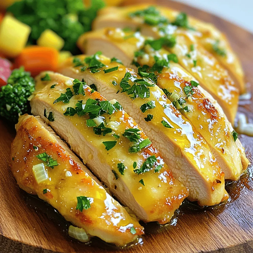 - 4 boneless, skinless chicken breasts - 1/2 cup unsalted butter - 6 cloves garlic, minced - 1 tablespoon fresh rosemary, chopped - 1 tablespoon fresh thyme, chopped - 1 teaspoon paprika - Salt and pepper to taste - Juice of 1 lemon - Fresh parsley, chopped for garnish Garlic Butter Chicken shines in its simplicity. You need just a few key items to make it delicious. The chicken breasts are the star. They must be boneless and skinless for the best results. Butter is our next big player. Use unsalted butter so you can control the salt level. Garlic adds the wonderful flavor. I love using six cloves, but you can adjust to your taste. Herbs make every dish special. Fresh rosemary and thyme give this chicken a lovely aroma. Paprika adds a hint of color and warmth. To finish, you’ll need salt and pepper. Use them to season the chicken well. A squeeze of lemon juice brightens the dish beautifully. Finally, fresh parsley adds a pop of color and freshness on top. For the Full Recipe, mix these ingredients and follow the steps to create a savory delight. Enjoy the magic of flavor in every bite! Season the chicken breasts with salt, pepper, and paprika on both sides. This adds flavor and makes the dish tasty. To get even seasoning, sprinkle the spices from a height. This way, your chicken absorbs all the flavors well. Make sure to cover both sides for the best taste. Melt the butter in a large skillet over medium heat. Once the butter is melted, add minced garlic, rosemary, and thyme. Sauté for 1-2 minutes until fragrant. You don’t want the garlic to brown, as it can taste bitter. Next, turn up the heat to medium-high. Add the seasoned chicken breasts to the skillet. Cook the chicken for about 6-7 minutes on each side. Use a meat thermometer to check the internal temperature, which should reach 165°F (75°C). This ensures the chicken is safe to eat and juicy. Squeeze lemon juice over the chicken towards the end of cooking. This brightens the flavors. Let it cook for one more minute. After cooking, take the chicken out and let it rest for a few minutes. While the chicken rests, increase the heat and let the garlic butter sauce simmer to thicken slightly. For plating, slice the chicken and arrange it on a serving platter. Drizzle the garlic butter sauce over the chicken. Garnish with fresh parsley for a pop of color. This adds a nice touch and makes the dish look great. - To keep chicken juicy, brine it first. Soak in salty water for 30 minutes. - Use medium heat to cook the chicken. This helps it cook evenly. - Sear the chicken for a nice crust. This adds flavor and keeps moisture in. - When sautéing garlic, use low heat. High heat can burn it quickly. - Stir the garlic often. This helps it cook evenly and stay fragrant. - Pair Garlic Butter Chicken with steamed broccoli or green beans. - Serve it over rice or pasta for a hearty meal. - Add a fresh salad on the side for crunch and color. - For presentation, drizzle extra garlic butter sauce around the plate. - Finish with fresh parsley on top for a pop of green. - Store leftovers in an airtight container in the fridge. - Use the chicken within three days for best taste. - To reheat, place the chicken in a skillet on low heat. - Add a splash of water or broth to keep it moist. - Avoid using the microwave; it can dry out the chicken. {{image_2}} You can easily switch up the flavors in your garlic butter chicken. Try using different herbs like basil or oregano. These herbs add a fresh twist. You can also use lemon thyme instead of regular thyme for a citrusy taste. For chicken cuts, feel free to use thighs or drumsticks. Dark meat is juicier and adds rich flavor. If you want a quicker option, diced chicken works well, too. Just adjust the cooking time to ensure it cooks through. If you need gluten-free options, ensure your butter is gluten-free, which most are. You can also swap regular butter for coconut oil for a dairy-free dish. This change keeps the dish rich and savory. Adding vegetables makes your meal more complete. Try adding broccoli, bell peppers, or green beans to the skillet. They cook quickly and soak up the flavor of the garlic butter. It’s a great way to make a one-pan meal. For an extra punch of flavor, consider adding lemon zest. This brightens the dish and adds freshness. If you like spice, a dash of hot sauce can transform the meal. You can mix it into the garlic butter sauce for a warm kick. Want it spicier? Add a pinch of cayenne pepper when cooking. This small change brings heat without overpowering the dish. Customize the spice level to suit your taste. For the full recipe, check out [Full Recipe]. For the best storage, use airtight containers. Glass or plastic containers work well. They keep the chicken fresh and prevent odors. Store Garlic Butter Chicken in the fridge or freezer. In the refrigerator, keep it at a temperature below 40°F (4°C). For the freezer, aim for 0°F (-18°C) or lower. Make sure to seal the container tightly. This helps maintain flavor and texture. Garlic Butter Chicken lasts about 3-4 days in the fridge. After that, it may spoil. You can store it in the freezer for up to 3 months. Signs of spoilage include a sour smell or changes in color. If you notice any off smells, it’s best to toss it. To reheat, you want to keep the chicken moist. The stovetop is the best way. Heat in a skillet over low heat. Add a splash of water or broth to keep it juicy. If you use a microwave, cover the chicken. This helps trap steam and moisture. Heat in short bursts, checking often. This will keep your Garlic Butter Chicken delicious. For the full recipe and more details, check out the Full Recipe. Cooking Garlic Butter Chicken is quick and simple. You will need about 10 minutes for prep and 20 minutes for cooking. In total, it takes about 30 minutes to make this dish. - Prep time: 10 minutes - Cook time: 20 minutes - Total time: 30 minutes - Servings: 4 This dish cooks fast, so you can enjoy a tasty meal in no time. Yes, you can use frozen chicken breasts. Just remember to thaw them before cooking. The best way to thaw chicken is in the fridge overnight. If you are short on time, you can use the cold water method. - Cold water method: Place the chicken in a sealed bag and submerge it in cold water for about an hour. Change the water every 30 minutes. - Cooking from frozen: If you must cook from frozen, increase the cooking time by 50%. Ensure the chicken reaches an internal temperature of 165°F (75°C). This way, your chicken will be safe and tasty. Garlic Butter Chicken pairs well with many sides. Here are some great options: - Steamed vegetables: Broccoli, green beans, or carrots work well. - Rice: White or brown rice soaks up the garlic butter sauce. - Mashed potatoes: Creamy potatoes balance the dish nicely. - Salad: A fresh green salad adds crunch and flavor. For drinks, consider serving a crisp white wine or a refreshing lemonade. These options complement the flavors of the dish perfectly. In this article, we explored the key ingredients and steps to make Garlic Butter Chicken. I shared cooking tips, serving ideas, and storage methods to enhance your meal. You can use fresh herbs or swap ingredients for different flavors. Remember, cooking does not have to be hard. With these steps, you can create a delicious dish everyone will love. Happy cooking!