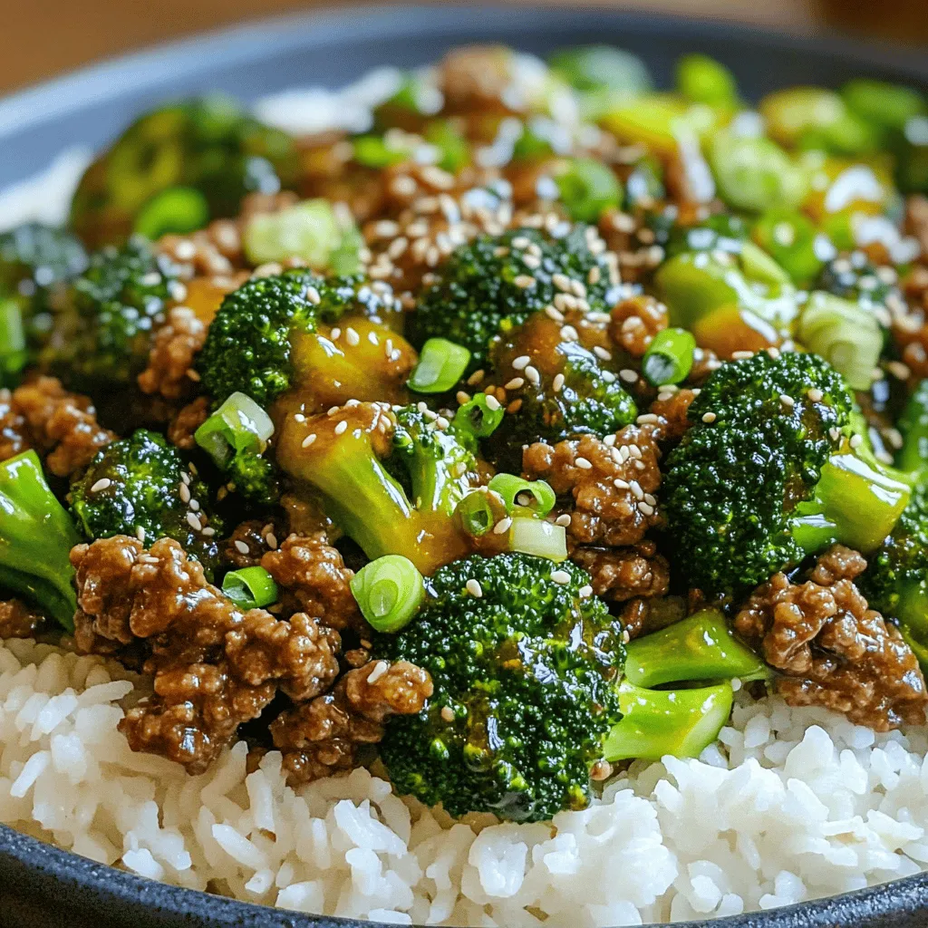 - 1 lb ground beef - 4 cups broccoli florets - 3 tablespoons honey - 4 cloves garlic, minced - 2 tablespoons soy sauce (low sodium) - 1 tablespoon sesame oil - 1 tablespoon cornstarch - 1/4 cup beef broth or water - 1 teaspoon grated fresh ginger - 2 green onions, chopped (for garnish) - Sesame seeds (for garnish) - Cooked rice or noodles (for serving) When selecting your ground beef, look for a mix with 80% lean meat. This gives great flavor and texture. Fresh broccoli florets should be bright green and firm. Quality garlic and ginger will make your dish pop with flavor. - Red pepper flakes for heat - Bell peppers, sliced for crunch - Cashews or peanuts for a nutty twist You can add red pepper flakes to spice things up. If you want extra crunch, toss in sliced bell peppers. For a nutty flavor, sprinkle in some cashews or peanuts. Each of these options adds a unique twist to the dish. To prepare the ground beef and broccoli, start by gathering your ingredients. Clean the broccoli and cut it into small florets. This helps it cook evenly and quickly. For the beef, use fresh ground beef for the best flavor. You can choose lean beef to reduce fat. Next, let’s prep the sauce. In a small bowl, mix the cornstarch and beef broth or water. Whisk until smooth. This will help thicken the sauce later. Set this aside for now. Mince the garlic and grate the ginger. These add great flavor to our dish. Now for the fun part—cooking! Heat the sesame oil in a large skillet over medium heat. Once the oil is hot, add the minced garlic and ginger. Cook them for about 30 seconds until they smell amazing. Then, add the ground beef. Use a wooden spoon to break it up into small pieces. Cook it for about 5-7 minutes. Look for a nice brown color, which shows it's cooked well. If there's excess fat, drain it off. Next, stir in the honey and soy sauce. Mix well to coat the beef. Now, take your cornstarch mixture and pour it into the skillet. Stir continuously for about 2-3 minutes. This will thicken the sauce nicely. Add the broccoli florets to the skillet. Cover it and cook for another 5 minutes. This helps the broccoli steam and become tender but still crisp. Finally, season with salt and pepper to taste. Serve your honey garlic ground beef and broccoli over cooked rice or noodles. Don’t forget to garnish with green onions and sesame seeds for that extra touch. Enjoy your meal! To make this dish shine, here are some helpful tips: - Use fresh ingredients: Fresh garlic and ginger make a big difference in flavor. - Watch the heat: Keep the skillet at medium heat. Too high can burn the garlic. - Break the beef well: Crumble the ground beef into small pieces. This helps it cook evenly. - Don't overcook broccoli: Steam it just until tender. You want it bright and crisp. - Thicken the sauce right: Mix cornstarch with broth well. This ensures a smooth sauce. Common pitfalls include: - Burning garlic: If you cook it too long, it turns bitter. Keep an eye on it. - Too much sauce: If the sauce is too runny, add more cornstarch. A little goes a long way. For a complete meal, pair this dish with: - Cooked rice: White or brown rice absorbs the sauce well. - Noodles: Lo mein or rice noodles add a nice twist. - Steamed veggies: Carrots or snap peas add color and crunch. To present your meal: - Use a large bowl: Serve the beef and broccoli in a deep dish. - Garnish nicely: Sprinkle sesame seeds and green onions on top. It adds flare. - Color contrast: Use a bright plate. It makes the dish pop and look appetizing. These tips will help you create a delightful experience with easy honey garlic ground beef and broccoli. For the complete recipe, check the Full Recipe section. {{image_2}} You can easily swap ingredients to fit your needs. If you want a gluten-free option, use tamari instead of soy sauce. For a low-carb version, try using cauliflower rice instead of regular rice. This keeps the dish light but still tasty. Feel free to change the protein, too. Ground turkey or chicken work well in this recipe. You can even use a plant-based ground beef for a vegetarian twist. If you want extra crunch, throw in some bell peppers or snap peas along with the broccoli. To give this dish a twist, mix in different flavors. Try adding chili paste for some heat, or a splash of lime juice for brightness. You could even make it Italian by using Italian herbs and adding a little parmesan cheese on top. If you like a sweet and spicy vibe, mix in some sriracha with the honey. It adds a fun kick that changes the whole taste. There are so many ways to make this dish your own! To keep your honey garlic ground beef and broccoli fresh, store it in an airtight container. This helps prevent moisture loss and keeps flavors intact. You can refrigerate leftovers for up to three days. If you want to keep them longer, freeze the dish. It can last in the freezer for about three months. When freezing, divide the food into smaller portions. This makes thawing easier. When you're ready to eat leftovers, there are safe ways to reheat your meal. You can use the microwave, a skillet, or the oven. If using a microwave, place the food in a microwave-safe bowl. Heat it on high for about 2 to 3 minutes, stirring halfway through. If using a skillet, heat it on medium and add a splash of water or broth. This helps keep the beef and broccoli moist. To boost the flavor while reheating, consider adding a drizzle of soy sauce or a sprinkle of sesame seeds. This can make the dish taste just as good as when you first made it. How to make the dish healthier? You can make this dish healthier by using lean ground beef. You can also add more vegetables. Try adding bell peppers or carrots for extra nutrients. Using low-sodium soy sauce helps reduce salt. You can serve it over brown rice for more fiber. Can I use frozen broccoli instead of fresh? Yes, you can use frozen broccoli. Just make sure to thaw it first. Add it to the skillet during the last few minutes of cooking. This way, it will heat through without getting mushy. How to adjust the recipe for different serving sizes To scale the recipe, simply multiply the ingredients. For example, if you want to serve six, use 1.5 times each ingredient. Keep the cooking times similar, but adjust as needed, especially for larger amounts. Tips for modifying cooking times based on quantity When cooking more, it may take longer to brown the beef. Cook in batches if your skillet is small. For large amounts, increase the simmering time for the sauce. Check the broccoli for tenderness before serving. This blog post covers every important aspect of making a delicious dish. We looked at essential ingredients and optional flavors. You learned step-by-step instructions, helpful cooking tips, and serving suggestions. Variations allow you to cater to different tastes, and we discussed how to store leftovers properly. In conclusion, enjoy trying this recipe in your own way. Each step helps you create a satisfying meal. Keep experimenting with flavors and techniques to make it your own. Happy cooking!