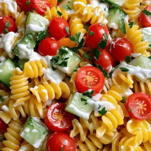 To make a tasty creamy pasta salad, you need these key ingredients: - 2 cups rotini pasta - 1 cup cherry tomatoes, halved - 1 cup cucumber, diced - 1/2 cup red bell pepper, chopped - 1/4 cup red onion, finely chopped - 1 cup cooked and cooled chickpeas - 1/2 cup Greek yogurt - 1/4 cup mayonnaise - 2 tablespoons lemon juice - 1 tablespoon Dijon mustard - 1 teaspoon garlic powder - Salt and pepper to taste - Fresh parsley for garnish These ingredients combine to create a colorful and fresh meal that shines in summer. You can change your pasta salad based on what you like. Here are some fun options: - Feta cheese: Adds a salty kick. - Olives: Brings a briny flavor. - Spinach or arugula: Adds a peppery taste and more greens. - Avocado: Makes it creamier and adds healthy fats. - Bacon bits: For a crunchy and savory twist. Feel free to mix and match these options for a unique dish every time. Seasoning can take your salad to the next level. Consider these suggestions: - Italian seasoning: A blend of herbs that adds depth. - Red pepper flakes: For some heat. - Chopped nuts: Almonds or walnuts add crunch. - Lemon zest: Brightens the flavor. Garnish with fresh parsley for a pop of color. These ideas make your creamy pasta salad even more special. For the full recipe, check the details above. Start by boiling water in a big pot. Once it bubbles, add 2 cups of rotini pasta. Cook it for about 8 to 10 minutes until it's al dente. This means it should be firm but not hard. Drain the pasta in a colander. Rinse it under cold water. This stops the cooking and keeps it from getting mushy. While the pasta cools, wash and cut your veggies. Use 1 cup of cherry tomatoes and cut them in half. Dice 1 cup of cucumber into small pieces. Chop 1/2 cup of red bell pepper and finely chop 1/4 cup of red onion. Add 1 cup of cooked and cooled chickpeas for protein. Mix all these in a large bowl. In a separate bowl, make the creamy dressing. Start with 1/2 cup of Greek yogurt and 1/4 cup of mayonnaise. Add 2 tablespoons of lemon juice and 1 tablespoon of Dijon mustard. Sprinkle in 1 teaspoon of garlic powder. Season with salt and pepper to taste. Whisk it all together until smooth. Now, pour the creamy dressing over the pasta and veggie mix. Stir gently to coat everything well. Make sure every piece is covered in that tasty dressing. Taste it and add more salt and pepper if you need to. Cover the bowl with plastic wrap. Place it in the fridge for at least 30 minutes. This chilling time helps the flavors mix better. When you’re ready to serve, take it out and stir it again. Garnish with fresh parsley for a pop of color. Enjoy your creamy pasta salad! Check the Full Recipe for more details. To get a creamy pasta salad, mix Greek yogurt and mayonnaise. This blend gives a rich taste. Use equal parts for balance. Add lemon juice for a touch of zest. It brightens the flavor and keeps it fresh. If the dressing is too thick, stir in a bit of pasta water. This adds moisture without losing texture. Always mix the dressing into the pasta while it’s still warm. It helps the pasta absorb the creaminess better. Serve your creamy pasta salad cold on a hot day. It pairs well with grilled chicken or fish. You can also serve it as a side at barbecues. For a fun twist, add olives or feta cheese. These ingredients add nice saltiness. Garnish with fresh parsley for a pop of color. You can also sprinkle some nuts for crunch. This adds texture and makes it more filling. One common mistake is overcooking the pasta. Cook it just until al dente to keep it firm. Rinse it under cold water to stop the cooking. Another mistake is not chilling the salad long enough. Let it sit in the fridge for at least 30 minutes. This allows the flavors to blend. Lastly, be careful with salt. Taste your salad before adding more. Some ingredients, like olives and chickpeas, can be salty. For the full recipe, check out Creamy Pasta Salad Delight. {{image_2}} Pasta salad is great because you can change it up in many ways. Here are some fun variations to try. You can use many pasta shapes for this salad. I love rotini, but here are some other options: - Penne - Fusilli - Farfalle - Shell pasta Each shape holds the dressing well. Choose what you like best! Want to make it vegetarian? Just skip the meat. You can use more veggies or add beans. Here are some ideas: - Use black beans or kidney beans for protein. - Add more chopped veggies, like bell peppers or broccoli. - Swap Greek yogurt for a plant-based yogurt to make it vegan. This way, everyone can enjoy the dish! If you want to add protein, there are many tasty options. Here are some ideas: - Cooked chicken or turkey adds great flavor. - Shrimp works well too. Just boil or grill it first. - Try diced ham or salami for a different taste. Mix and match to find your favorite! For the complete recipe, check out the Full Recipe section. To keep your creamy pasta salad fresh, store it in an airtight container. Make sure to seal it well. This will help keep the flavors intact. You can store it in the fridge for up to three days. If you see any signs of spoilage, toss it out. Always check for freshness before digging in. You can freeze creamy pasta salad, but it may change the texture. To freeze, place it in a freezer-safe container. Leave some space at the top, as the salad will expand. It’s best to eat it within one month for the best taste. When you're ready to eat, move it to the fridge overnight to thaw. Reheating creamy pasta salad isn’t always necessary. If you prefer it warm, do so gently. You can warm individual portions in the microwave for 20-30 seconds. Stir well to avoid hot spots. Always taste it after reheating. You might want to add a bit more dressing or seasoning for flavor. For best results, enjoy the salad cold or at room temperature. For the full recipe, refer back to the beginning. To make creamy pasta salad vegetarian, just skip any meat or seafood. Focus on fresh veggies like bell peppers, cucumbers, and tomatoes. You can add chickpeas or beans for protein. For the dressing, use Greek yogurt and mayonnaise, which are both vegetarian-friendly. This still gives you that rich, creamy taste without meat. Yes, you can use different types of dressing. Ranch, Italian, or even a balsamic vinaigrette can work well. If you prefer, try a homemade dressing with olive oil, vinegar, and herbs. This lets you change the flavor and keep things exciting. Feel free to experiment to find your favorite mix! Creamy pasta salad can last up to three days in the refrigerator. Store it in an airtight container to keep it fresh. If you notice any change in smell or texture, it’s best to toss it out. Always check before serving, especially if it’s been a few days. For the best taste, enjoy it within the first couple of days. We covered key ingredients and step-by-step instructions to create a creamy pasta salad. I shared tips to achieve the best texture and avoid common errors. You also learned about fun variations, storage methods, and answered common questions. Enjoy creating your own creamy pasta salad, tailored to your taste. With practice, you’ll impress friends and family with your skills. Happy cooking!