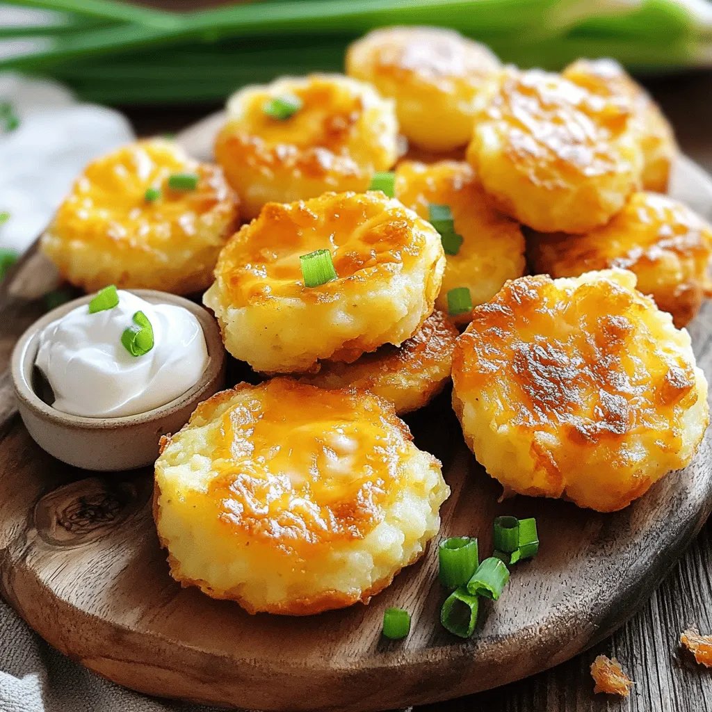 To make these tasty puffs, you need some simple ingredients. Here’s the list: - 2 cups leftover mashed potatoes - 1 cup shredded cheddar cheese - 1/2 cup grated Parmesan cheese - 1/4 cup green onions, finely chopped - 1 egg, beaten - 1/2 cup all-purpose flour - 1 teaspoon garlic powder - 1 teaspoon onion powder - Salt and pepper to taste - Oil for frying (vegetable or canola) These ingredients work together to create a cheesy, fluffy center with a crispy outer layer. You can add extra ingredients to make your puffs even better. Try these options: - Chopped herbs like parsley or chives - Cooked bacon bits for a smoky taste - Crumbled feta cheese for a tangy twist - A sprinkle of cayenne pepper for heat These flavors make your cheese puffs unique and exciting. If you have dietary needs, there are easy swaps. For a gluten-free version, use gluten-free flour. You can also replace egg with flaxseed meal or applesauce for a vegan option. Dairy-free cheese works well for those avoiding dairy. Always check labels to ensure all ingredients fit your diet. By adjusting these ingredients, you can enjoy Irresistible Mashed Potato Cheese Puffs no matter your dietary needs. For complete preparation details, please refer to the Full Recipe. To make the perfect mashed potato cheese puffs, start by mixing your ingredients. In a big bowl, add 2 cups of leftover mashed potatoes. Then, toss in 1 cup of shredded cheddar cheese and 1/2 cup of grated Parmesan cheese. This blend gives the puffs a great cheesy flavor. Next, add 1/4 cup of finely chopped green onions for a fresh taste. Crack in 1 beaten egg to help bind everything together. Now, sprinkle in 1/2 cup of all-purpose flour, 1 teaspoon of garlic powder, and 1 teaspoon of onion powder. These spices add depth to the flavor. Finally, season with salt and pepper. Mix it all well until the mixture is smooth and holds together tightly. After mixing, it’s time to shape the puffs. Take a small amount of the mixture in your hands. Aim for balls about 1 to 1.5 inches wide. This size ensures even cooking. Place each shaped ball on a baking sheet lined with parchment paper. Making all the puffs uniform helps them cook evenly. Try to keep your hands slightly damp to prevent the mixture from sticking to you. Now, let’s fry those tasty puffs. Heat oil in a deep frying pan over medium heat. To test if the oil is ready, drop a small piece of the mixture into the oil. If it sizzles, you’re good to go. Carefully place a few potato cheese balls into the hot oil. Make sure not to overcrowd the pan. Fry them for about 3 to 4 minutes, or until they turn golden brown and crispy. Once fried, use a slotted spoon to remove the puffs and drain them on paper towels. Repeat this process until all the puffs are cooked. For the full recipe, check the earlier section. Enjoy your crunchy, cheesy treats! To get that perfect crunch, you need the right oil. I like using vegetable or canola oil. Heat the oil to medium heat. Test it by dropping a small piece of the mixture in. If it sizzles, you are ready! Frying in small batches helps keep the temperature steady. If you add too many puffs at once, they will steam instead of fry. That will ruin the crunch! A few common mistakes can ruin your cheese puffs. First, don't skip the flour. It helps bind the mixture and adds structure. Second, don’t overcrowd the pan. This can lead to soggy puffs. Also, make sure the oil is hot enough. If it is not hot, the puffs will absorb too much oil and become greasy. Lastly, remember to drain the puffs on paper towels to remove excess oil. Serve your mashed potato cheese puffs warm for the best taste. I recommend placing them on a nice platter. You can add a side of sour cream or a spicy dipping sauce for extra flavor. Garnish with chopped green onions to make them pop. Enjoy the crunch with family or friends for a fun treat. For the full recipe, check out the section above! {{image_2}} You can make your cheese puffs even more tasty by adding herbs and spices. Try mixing in fresh parsley, chives, or dill. These herbs add bright flavors. You could also use spices like paprika or cayenne pepper for a kick. Just sprinkle in a teaspoon or two to change the taste. You can create different puffs every time you make them. You have two great choices for cooking these puffs: frying or baking. Frying gives you that crispy outside that many love. If you prefer a healthier option, try baking. To bake, place the formed puffs on a lined baking sheet. Spray them lightly with oil. Bake them at 400°F for about 20 minutes or until golden. Both methods work well, but they give different textures. If you need a gluten-free option, it's easy to adapt. Replace the all-purpose flour with gluten-free flour. You can also use almond flour or chickpea flour. This way, everyone can enjoy these tasty treats. Just be sure to check your cheese labels too, as some may contain gluten. There are many ways to enjoy your cheese puffs while meeting dietary needs. For the full recipe, check out the details above. To keep your mashed potato cheese puffs fresh, store them in an airtight container. Place a paper towel at the bottom. This helps absorb moisture and keeps the puffs crispy. You can refrigerate them for up to three days. If you want to enjoy their crunch, eat them within that time. You can freeze leftover cheese puffs for later. First, let them cool completely. Then, place them in a single layer on a baking sheet. Freeze for about one hour. Once frozen, transfer them to a freezer-safe bag. Remove as much air as you can. They will stay good for up to two months. When you’re ready to eat frozen puffs, don’t microwave them. Instead, use an oven or air fryer. Preheat your oven to 375°F (190°C). Place the puffs on a baking sheet. Heat for 10 to 15 minutes. If using an air fryer, set it to 350°F (175°C) for about 8 to 10 minutes. This keeps them crispy and delicious. Yes, you can use fresh mashed potatoes. Just make sure they are not too wet. They need to be thick enough to hold their shape. If you make fresh mashed potatoes, let them cool a bit before mixing. This will help them blend well with the cheeses. To make these puffs healthier, consider baking instead of frying. You can also use less cheese or choose low-fat versions. Adding more green onions or herbs boosts flavor without adding calories. Another idea is to swap regular flour for whole wheat or almond flour for a healthier option. Cheese puffs pair well with many sauces. Sour cream is a classic choice. You can also serve them with ranch dressing, spicy ketchup, or a tangy aioli. For a twist, try a honey mustard sauce. Each of these dips adds a fun flavor to the crispy puffs. Explore different sauces to find your perfect match! Mashed potato cheese puffs are simple and tasty. We covered key ingredients and options to boost flavors. I provided clear steps, tips for a great texture, and common mistakes to avoid. You can also explore variations to fit your diet and preferences. Don’t forget about storage and reheating tips to enjoy them later. These puffs are fun to make and share. Experiment with flavors and cooking methods. Each bite can bring joy and satisfaction. Enjoy your cooking journey with these delightful treats!