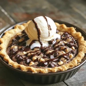 - 1 ½ cups all-purpose flour - ½ teaspoon baking soda - ½ teaspoon salt - ½ cup unsalted butter, softened - ¾ cup brown sugar, packed - ½ cup granulated sugar - 1 teaspoon vanilla extract - 2 large eggs - 1 cup semi-sweet chocolate chips - ½ cup chopped walnuts (optional) This list gives you all the basics to make a great chocolate chip cookie pie. You can easily swap some ingredients if you need to. Additional tips for ingredient substitutions: - Use gluten-free flour for a gluten-free pie. - Replace the eggs with flaxseed meal mixed with water for a vegan option. - Switch out semi-sweet chocolate chips for dark or milk chocolate based on your taste. - You can omit walnuts if you want a nut-free pie. With these ingredients, you’re set for a delicious treat. Enjoy the baking process and the sweet smell that fills your kitchen! For the full recipe, check out the provided details. 1. Preheat your oven and prepare the pie pan. Set your oven to 350°F (175°C). Grease a 9-inch pie pan with butter or cooking spray. This helps the pie come out easily. 2. Mix dry ingredients. In a medium bowl, whisk together 1 ½ cups of all-purpose flour, ½ teaspoon of baking soda, and ½ teaspoon of salt. This step keeps your pie light and fluffy. 3. Cream butter and sugars. In a large bowl, beat together ½ cup of softened unsalted butter, ¾ cup of packed brown sugar, and ½ cup of granulated sugar. Mix until creamy and smooth. This makes your base sweet and rich. 4. Add eggs and vanilla. Now, add 2 large eggs and 1 teaspoon of vanilla extract to your butter-sugar mix. Blend well until everything is combined. This adds flavor and moisture to your pie. 5. Combine wet and dry ingredients. Gradually blend the flour mixture into the wet mix. Stir until just combined. If the batter seems thick, you can add 1 tablespoon of milk to reach a better consistency. 6. Fold in chocolate chips and nuts. Gently fold in 1 cup of semi-sweet chocolate chips and ½ cup of chopped walnuts, if you like. This adds that classic chocolate chip cookie taste. 7. Pour into pie pan and spread evenly. Pour the cookie dough into your prepared pie pan. Use a spatula to spread it out evenly. This helps it bake evenly. 8. Baking time and checking for doneness. Bake your pie for 25-30 minutes. The edges should turn golden, and the center should be set. Check with a toothpick. It should come out with a few moist crumbs. 9. Cooling time before slicing. Once done, remove the pie from the oven. Let it cool in the pan for at least 15 minutes. This makes it easier to slice without falling apart. 10. Tips on how to serve the pie. Serve your pie warm or at room temperature. Add a scoop of vanilla ice cream on top. Drizzle with chocolate syrup for an extra treat. Enjoy every bite! - Ensuring the perfect texture: To get a soft and chewy pie, avoid overmixing the batter. Mix until just combined. This keeps the pie from turning tough. The key is to blend the wet and dry ingredients gently. - Avoiding overbaking: Keep an eye on your pie as it bakes. The edges should be golden, but the center can look a bit soft. A toothpick test is great here! Insert it in the middle; if it comes out with a few moist crumbs, the pie is ready. - Adding spices or extracts: Want to spice things up? Try adding a pinch of cinnamon or a splash of almond extract. These small additions can make a big difference in taste. - Using different types of chocolate: Mix it up with chocolate! You can use dark chocolate chips for a richer flavor. Or try white chocolate for a sweeter twist. You can even combine different chocolates for a fun mix. - Best pairings: Serve your cookie pie warm with a scoop of vanilla ice cream. The hot pie and cold ice cream create a yummy contrast. You can also drizzle chocolate syrup on top for extra indulgence. - Presentation tips for a festive look: For a beautiful display, cut the pie into neat wedges. Dust with powdered sugar before serving. You can add fresh berries or mint leaves for color. This makes your dessert look as good as it tastes! {{image_2}} For those who need gluten-free options, you can replace all-purpose flour with a gluten-free blend. Many brands work well for baking. This change keeps the pie delicious while catering to dietary needs. If you want a vegan version, swap the eggs for flax eggs. Mix one tablespoon of ground flaxseed with three tablespoons of water. Let it sit for five minutes to thicken. Use coconut oil instead of butter for richness. You can switch up the chocolate chips too. Try using white chocolate or butterscotch chips for a fun twist. These flavors add a nice change and pair well with the cookie base. Nuts are great for adding crunch. You can use pecans, almonds, or even macadamia nuts. Just chop them up and fold them in with the chocolate chips. Each nut gives a unique taste. Seasonal flavors can make this pie extra special. For fall, add pumpkin puree and spices like cinnamon and nutmeg. In winter, mix in peppermint extract and crushed candy canes. These flavors bring the holiday spirit to your table. Miniature versions are also a hit. Use a muffin tin to create small pies. They bake faster and are perfect for parties. Everyone loves a bite-sized treat! This recipe is flexible and fun. Feel free to mix and match these variations for your own twist on the classic chocolate chip cookie pie. For the full recipe, check out the earlier section. To keep your chocolate chip cookie pie fresh, cover it well. Use plastic wrap or foil. You can also place it in an airtight container. Store it in the fridge for up to four days. For longer storage, freeze the pie. Wrap it tightly in plastic wrap and then in foil. This way, it stays fresh for about three months. When you want to enjoy the pie again, warm it up slowly. Preheat your oven to 300°F (150°C). Place slices on a baking sheet. Heat for about 10-15 minutes. This method keeps the pie soft and chewy. You can also use a microwave. Heat each slice for about 20-30 seconds. Just be careful not to overheat it. In the fridge, the pie stays fresh for four days. If frozen, it can last up to three months. Once you thaw it, eat it within a week. Always check for any signs of spoilage before enjoying. With these tips, you can savor every delicious bite of your chocolate chip cookie pie! How to tell when the pie is done baking? You can tell the pie is done when the edges are golden brown. The center should be set but slightly soft. Insert a toothpick into the middle. If it comes out with a few moist crumbs, you're good to go! Can I make this pie ahead of time? Yes, you can! Bake the pie and let it cool completely. Wrap it well and store it in the fridge. It stays fresh for up to three days. What can I substitute for eggs? You can use applesauce or mashed bananas as an egg substitute. Use 1/4 cup for each egg. This keeps the pie moist and adds a bit of flavor. Why did my pie not set properly? If the pie does not set, it might not have baked long enough. Make sure to check the baking time. Also, ensure you mixed the ingredients well. This helps the batter come together. What to do if the crust is too hard? A hard crust can come from overbaking. If this happens, try reducing the baking time next time. You can also chill the dough before baking to keep it tender. Can I use different pan sizes? Yes, you can use different sizes! Just keep an eye on the baking time. A smaller pan may need more time, while a larger pan may need less. How to make a double batch? To make a double batch, simply double all the ingredients listed. Use a larger bowl for mixing and bake in two pans. Keep checking the baking time to ensure they cook evenly. This guide provided all the steps to make a delicious pie. We covered the key ingredients, preparation, mixing, baking, and cooling. I shared helpful tips to improve flavor and texture. You can try fun variations, like vegan or gluten-free, to fit your needs. Finally, I explained how to store and reheat leftovers for the best taste. Now, you’re ready to bake a perfect pie and impress your friends and family. Enjoy every bite!