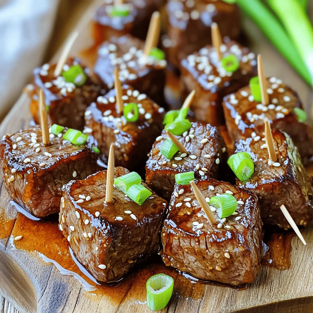 - 1 lb sirloin steak, cut into bite-sized cubes - 1/4 cup honey - 1/4 cup soy sauce - 4 cloves garlic, minced - 1 tablespoon fresh ginger, grated - 2 tablespoons olive oil - 1 teaspoon black pepper - 1 teaspoon sesame seeds (for garnish) - 2 green onions, sliced (for garnish) - Large skillet - Medium bowl The main ingredients for honey garlic steak bites make the dish tasty and simple. Sirloin steak gives a nice, tender bite. Honey adds a sweet touch that balances the salty soy sauce. Garlic and ginger bring bold flavors that make each bite pop. For seasoning, black pepper adds a hint of spice. Sesame seeds and green onions make the dish look nice and add crunch. You only need a large skillet to cook the steak bites. A medium bowl helps mix the marinade well. This setup makes the cooking process smooth and easy. If you want to try this dish, check the full recipe for all the steps and tips! - Combine honey, soy sauce, garlic, ginger, and pepper in a medium bowl. - Whisk until well mixed. This simple mix gives the steak its sweet and savory flavor. - Coat the steak cubes in the marinade. Make sure all sides are covered. - For the best taste, marinate for 30 minutes to 2 hours. The longer, the better! - Heat olive oil in a large skillet over medium-high heat. Wait until the oil is hot but not smoking. - Remove the steak from the marinade, shaking off any extra. Save the marinade for later. - Add the steak bites in a single layer. You may need to do this in batches. - Sear for about 2-3 minutes on each side. Look for a nice brown color. - Once cooked, pour the reserved marinade over the steak bites. Let it simmer for about 2 more minutes. This makes a tasty sauce that coats the bites. - Remove from heat and transfer to a serving platter. Sprinkle with sesame seeds and sliced green onions for a bright finish. For the full recipe, check [Full Recipe]. For steak, doneness matters. Here’s a simple guide: - Rare: 125°F - Medium Rare: 135°F - Medium: 145°F - Medium Well: 150°F - Well Done: 160°F Use a meat thermometer for best results. It helps you avoid overcooking. Let the steak rest after cooking. This step is key. Resting for 5 to 10 minutes keeps the juices inside. A juicy steak is always better! Presentation is fun! Try this: Serve the honey garlic steak bites on a wooden board. Drizzle extra sauce on top for flair. Use toothpicks for easy eating. Pair these bites with sides like rice, salad, or roasted veggies. They also go well with sweet drinks like iced tea or lemonade. Maximize marinade flavor for a tasty dish. Marinate the steak for at least 30 minutes. Longer marinating, up to 2 hours, makes a big difference. If you have extra marinade, store it. Keep it in a sealed container in the fridge. Use it within a week to keep it fresh. You can also use it as a sauce later! For the full recipe, check out the detailed steps provided. Enjoy your cooking! {{image_2}} You can use cuts other than sirloin for your steak bites. Ribeye offers great marbling and flavor. Flank steak is leaner but still tender when cooked right. Always slice against the grain for the best texture. If you choose a tougher cut, marinate longer. This helps break down the fibers. Try using a meat mallet to tenderize before marinating. Mixing in vegetables can enhance your dish. Bell peppers add color and crunch. Broccoli florets offer a nice bite and soak up the sauce. Snap peas or zucchini are also great options. Cook veggies for about 3-5 minutes before adding steak. This helps keep them crisp and fresh. Add them to the skillet after searing your steak bites. Switching sauces can change the flavor profile. BBQ sauce gives a smoky touch. Teriyaki sauce adds sweetness and umami. Experiment with sweeteners like maple syrup or agave. Adjust the amount based on your taste. Each sauce brings a unique twist to the dish. Enjoy the freedom to mix and match! For the full recipe, don't forget to check out the detailed steps above. To keep your honey garlic steak bites fresh, place them in an airtight container. This helps prevent air from making them dry. You can store them in the fridge for up to three days. If you have a lot of leftovers, try dividing them into smaller containers. This makes it easy to heat up just what you need. When you want to enjoy your steak bites again, avoid using high heat. The best way to reheat them is in a skillet over low heat. This keeps them juicy. Stir them often to ensure they warm evenly. You can also use a microwave, but be careful. Heat them in short bursts of 30 seconds to avoid overcooking. If you want to save your steak bites for later, freezing works well. First, let them cool completely. Then, place them in a freezer-safe bag or container. Be sure to remove as much air as possible. They can stay frozen for up to three months. When you’re ready to eat them, thaw them in the fridge overnight. For quick thawing, you can use the microwave. Just remember to reheat them gently for the best flavor. For more details, check out the Full Recipe. To reduce the sweetness, use less honey. Start with two tablespoons instead of a fourth cup. You can also add more soy sauce. This gives a savory taste that balances the honey. Try adding a splash of vinegar, too. It adds a tangy twist that cuts the sweetness. Yes, you can! Chicken works well, but it needs longer cooking. Cut the chicken into small pieces. Cook until they reach an internal temperature of 165°F. Tofu is a great option for a meatless dish. Press the tofu to remove excess water, then cube it. Sear it in the skillet until golden. Adjust the cooking time to avoid overcooking. These steak bites taste great with rice. Try serving them over jasmine or brown rice. Steamed broccoli or green beans add color and nutrients. A fresh garden salad also complements the dish well. You can also serve garlic bread for a tasty twist. You can marinate the steak for 30 minutes to 2 hours. If you want more flavor, go for the full 2 hours. Just don’t let it sit too long, or the meat can become mushy. Always keep it in the fridge while marinating for safety. This way, the flavors will soak in and make the steak bites amazing! For the full recipe, check out the details above. In this post, I covered how to make honey garlic steak bites using key ingredients like sirloin, honey, soy sauce, and fresh garlic and ginger. I shared step-by-step instructions from marinating the steak to cooking it perfectly. You learned tips for serving and flavor variations, plus how to store leftovers. These bites are tasty and easy to make, perfect for any occasion. Enjoy experimenting with flavors and sharing this delicious dish with others. Now, get cooking and savor every bite!