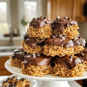 - 1 cup peanut butter (creamy or crunchy) - 1 cup granulated sugar - 2 cups semi-sweet chocolate chips - 3 cups chow mein noodles - 1 teaspoon vanilla extract - Pinch of salt To create the best easy no-bake peanut butter haystacks, gather these simple ingredients. You need peanut butter, sugar, and chocolate chips. The chow mein noodles add crunch, while vanilla gives a nice flavor boost. A pinch of salt balances the sweetness, making every bite delightful. I love using creamy peanut butter for a smooth texture. However, crunchy peanut butter adds a fun twist. The choice is yours! The sugar helps the haystacks hold together. Chocolate chips coat the mixture and bring sweetness. Chow mein noodles create that unique haystack shape. Make sure to have all these items on hand before starting. Trust me, you will want to enjoy these yummy treats! If you want to see the full recipe, check out the recipe section for all the steps. To make best easy no-bake peanut butter haystacks, follow these steps. Each step is simple and fun. - Step 1: Combine peanut butter and sugar in a saucepan. Use low heat. Stir until smooth, about 2-3 minutes. - Step 2: Remove the saucepan from heat. Stir in vanilla extract and a pinch of salt. This adds flavor. - Step 3: Fold in chow mein noodles. Make sure every noodle is coated. This is where the fun begins! - Step 4: Melt chocolate chips in a separate bowl. Use the microwave in 30-second intervals. Stir in between until smooth. - Step 5: Pour the melted chocolate over the peanut butter mixture. Stir gently until everything is well mixed. Chocolate makes it extra yummy! - Step 6: Scoop out small portions onto a parchment-lined baking sheet. Form haystack shapes. They don’t need to be perfect! - Step 7: Chill in the fridge for about 30 minutes. This helps them set and become firm. Now, you have a delightful treat! For the full recipe, check out the details above. To make the best haystacks, pick the right peanut butter. Creamy peanut butter gives a smooth texture. Crunchy peanut butter adds a fun crunch. Try both to see which you like best! Melting chocolate can be tricky. The key is to use low heat. I melt the chocolate chips in the microwave. Heat them in 30-second bursts. Stir in between to keep it smooth and avoid burns. Shaping your haystacks can be fun! Use a spoon or your hands to scoop the mixture. Wetting your hands can help prevent sticking. Aim for small, rounded shapes for a neat look. To make your haystacks pop, add a sprinkle of sea salt. This gives a sweet-salty taste that’s hard to resist. When you bite in, the flavors dance on your tongue! You can also try other nut butters. Almond or cashew butter can add a new twist. Feel free to mix in extras like mini marshmallows or dried fruit. These add-ins can make your haystacks even more special. For the full recipe, check the previous section. {{image_2}} You can easily change up the recipe to suit your tastes. One fun swap is to replace chow mein noodles with granola or pretzels. Granola adds a chewy texture, while pretzels bring a nice crunch and saltiness. Both options still taste great with the peanut butter and chocolate. Another way to customize your haystacks is by using different types of chocolate. You can try dark chocolate for a richer taste, white chocolate for a sweeter flavor, or even a mix of all three! Each choice gives your haystacks a unique twist. Get creative with your presentation by making themed haystacks! For holidays, add festive sprinkles to make them more fun. You can use red and green for Christmas or pastel colors for Easter. These little touches can make your treats stand out at any gathering. Chocolate drizzles are another way to enhance your haystacks. After forming your haystacks, melt some extra chocolate and drizzle it over the top. This adds a touch of elegance and extra flavor. Plus, it makes them look even more delicious! For the full recipe, check out the detailed steps in the earlier sections. To keep your haystacks fresh, store them in the fridge. The cool air helps maintain their shape and flavor. You can also store them at room temperature in a cool, dry place. If you choose this method, use an airtight container. These treats stay good for about one week when chilled. At room temp, they last about three to four days. If you want to save them for later, freezing is a great option. To freeze, place the haystacks in a single layer on a baking sheet. Once frozen, transfer them to a freezer-safe bag. They can stay in the freezer for up to three months. To thaw, just move them to the fridge for a few hours. This keeps their texture nice and smooth. Avoid thawing at room temperature, as this can make them too soft. For the best taste, enjoy them after they have thawed completely. Can I use other nut butters? Yes, you can! Almond butter or cashew butter works great. Each nut butter adds a unique taste. Is there a vegan option for this recipe? Absolutely! Use a plant-based butter and dairy-free chocolate chips. This keeps it vegan-friendly. How can I make these gluten-free? Chow mein noodles are typically gluten-free, but check the label. You can also use gluten-free pretzels or granola. What to do if the mixture is too sticky? If the mixture sticks, chill it for a few minutes. You can also add a touch more peanut butter to help. How to prevent haystacks from melting at room temperature? Store them in the fridge until you’re ready to serve. Use a cool spot or insulated container to keep them firm. You learned how to make tasty haystacks using simple ingredients. We covered each step clearly, from mixing peanut butter and sugar to shaping the treats. I shared tips for perfecting your haystacks and ways to customize flavors. Feel free to experiment with different ingredients and storage methods. Enjoy these sweet snacks anytime. With the right care, they’ll last longer and taste great. These treats are fun to make and share!