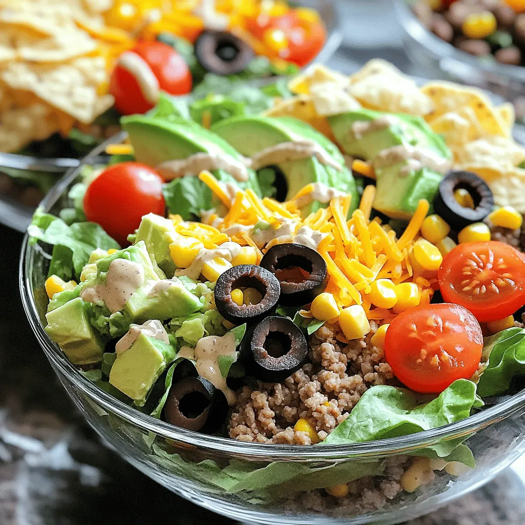 To make a tasty taco salad, gather these main ingredients: - 1 pound ground turkey or beef - 1 teaspoon taco seasoning - 1 head of romaine lettuce, chopped - 1 cup cherry tomatoes, halved - 1 cup corn kernels (canned or frozen and thawed) - 1 cup black beans, rinsed and drained - 1 avocado, diced - 1 cup shredded cheese (cheddar or Mexican blend) - 1/2 cup sliced black olives - Tortilla chips, for serving These ingredients blend well together. The meat brings protein, while the veggies add freshness. You can swap the ground meat for a plant-based option if you prefer. For the creamy chipotle ranch dressing, you need: - 1/2 cup ranch dressing - 1 tablespoon chipotle in adobo sauce, minced - 1 tablespoon lime juice - Salt and pepper, to taste This dressing gives your salad a smoky kick. The ranch balances the heat from the chipotle. You can adjust the lime juice to suit your taste. You can customize your taco salad with these optional toppings: - Fresh cilantro, chopped - Jalapeños, sliced - Sour cream or Greek yogurt - Additional cheese, like queso fresco - Sliced green onions Feel free to mix and match toppings. They add fun flavors and textures. Use what you have on hand for a personal touch. For the full recipe, check out Taco Salad Delight. First, heat a skillet over medium heat. Add 1 pound of ground turkey or beef to the pan. Cook the meat until it turns brown and is fully cooked. This takes about 6-8 minutes. Once cooked, sprinkle in 1 teaspoon of taco seasoning. Stir well to coat the meat. Add a splash of water to help mix the spices. Let it simmer for 3-4 minutes. This makes the meat juicy and full of flavor. Remove the skillet from heat and set the meat aside. Grab a large mixing bowl. Start with 1 head of chopped romaine lettuce. This gives your salad a fresh crunch. Next, add 1 cup of halved cherry tomatoes for sweetness. Toss in 1 cup of corn kernels, either canned or frozen and thawed. Add 1 cup of rinsed and drained black beans for protein. Don't forget 1 diced avocado for creaminess. Then sprinkle in 1 cup of shredded cheese, either cheddar or a Mexican blend. Finally, add 1/2 cup of sliced black olives for a salty bite. In a small bowl, combine 1/2 cup of ranch dressing with 1 tablespoon of minced chipotle in adobo sauce. This gives the dressing a smoky kick. Add 1 tablespoon of fresh lime juice for tanginess. Mix well until smooth. Taste and season with salt and pepper. Adjust to your liking. This dressing adds great flavor to the salad. Now, take the cooked meat and add it to the salad base. Toss everything gently to mix. This helps distribute the flavors. Drizzle the chipotle ranch dressing over the salad. Toss again to coat everything evenly. For serving, place the taco salad in individual bowls or on a large platter. Top with crushed tortilla chips for extra crunch. The chips add a fun texture and make the dish even more enjoyable. Enjoy your Taco Salad with Chipotle Ranch Dressing Delight! For the full recipe, refer to the recipe section above. To get the best flavor, season your meat well. Use taco seasoning to bring out the spices. You can also add garlic and onion for extra depth. Mix in a splash of lime juice for brightness. That little bit makes a huge difference! To save time, cook the meat ahead of time. You can store it in the fridge for up to three days. Chop your veggies ahead of time too; this makes it easy to grab and go. You can even make the chipotle ranch dressing in advance. Just keep it in an airtight container. Keep your salad crisp by adding ingredients just before serving. Store the lettuce and other veggies separately until you're ready to eat. This way, they stay fresh and crunchy. Crush the tortilla chips right before serving for the best texture. Enjoy that perfect crunch in every bite! {{image_2}} You can easily make this taco salad vegetarian or vegan. Use lentils or tempeh instead of ground turkey or beef. Both add great texture and flavor. For a vegan dressing, swap ranch for a plant-based version. Add mashed avocado or cashew cream for creaminess. This keeps your salad rich and satisfying without meat. Feel free to mix and match ingredients in your taco salad. Instead of romaine, try spinach or mixed greens. You can use any beans you like, such as pinto or kidney beans. If you don’t have black olives, slice up green olives or skip them altogether. You can also add other veggies, like bell peppers or cucumbers, for extra crunch. While the chipotle ranch dressing is fantastic, try other dressings too. A zesty lime vinaigrette can brighten the salad. For a spicy kick, use a sriracha or lime yogurt dressing. You can even make a simple olive oil and vinegar dressing. Each dressing gives your salad a new twist and keeps things exciting. Try the full recipe for more flavor ideas and fun! You can store taco salad in the fridge. Keep it in an airtight container. It will stay fresh for up to three days. If you have leftovers, do not add the dressing until you are ready to eat. This keeps the salad crisp and tasty. Freezing taco salad is not a good idea. The lettuce and tomatoes will become soggy. However, you can freeze the meat mixture. Store it in a freezer-safe bag. It will stay good for about three months. Thaw it in the fridge before using it again. When you have leftovers, keep them simple. Use the salad base without the dressing. Store each part separately. This helps maintain the flavors and textures. For a quick meal, simply combine your leftovers with fresh ingredients. You can check out the Full Recipe for ideas on how to use them. To make Taco Salad with Chipotle Ranch Dressing, first cook 1 pound of ground turkey or beef in a skillet. Use medium heat until it turns brown. Add 1 teaspoon of taco seasoning and a splash of water. Let it simmer for about 3-4 minutes. In a large bowl, combine chopped romaine lettuce, halved cherry tomatoes, corn, black beans, diced avocado, shredded cheese, and sliced olives. For the dressing, mix 1/2 cup of ranch dressing, 1 tablespoon of minced chipotle in adobo, and 1 tablespoon of lime juice in a small bowl. Toss everything together and serve with tortilla chips. You can use ground chicken or pork as a substitute. If you want a meatless option, try black beans, lentils, or crumbled tofu. These options add protein and keep the dish hearty. You can also use tempeh or jackfruit for a unique twist. Yes, you can prepare the salad in advance. Just keep the salad ingredients and dressing separate until you are ready to serve. This helps keep the lettuce crisp and fresh. You can store the salad in the fridge for up to 24 hours. Taco Salad is a great meal prep option. You can mix and match ingredients to fit your taste and diet. It stores well and keeps its flavor. When stored properly, it lasts for several days. Just remember to add the dressing right before eating. The Chipotle Ranch Dressing lasts about 3-5 days in the fridge. Store it in an airtight container to keep it fresh. If you notice any changes in color or smell, it's best to discard it. You can also make a larger batch and enjoy it on other salads or wraps. In this blog post, I covered the basics of taco salad, from ingredients to storage tips. You learned about the key components, tasty variations, and how to prepare and enjoy your meal. Remember, taco salad is fun to customize, making it great for anyone. Try different toppings or dressings to find your favorite mix. Use these steps to make a delicious meal anytime. Enjoy your cooking and savor your taco salad experience!