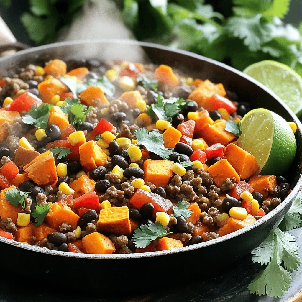 To make the Southwestern Ground Beef Sweet Potato Skillet, you will need: - 1 lb ground beef - 2 medium sweet potatoes, peeled and diced - 1 can (15 oz) black beans, rinsed and drained - 1 cup corn kernels (frozen or fresh) - 1 red bell pepper, diced - 1 small onion, diced - 2 cloves garlic, minced - 1 tablespoon chili powder - 1 teaspoon cumin - 1 teaspoon smoked paprika - Salt and pepper to taste - 2 tablespoons olive oil - Chopped cilantro and lime wedges for serving You can swap some ingredients to fit your taste or what you have at home. Here are a few ideas: - Ground beef can change to ground turkey or chicken for a lighter dish. - Sweet potatoes may be replaced with regular potatoes or butternut squash. - Black beans can be substituted with kidney beans or pinto beans. - Fresh corn can be switched for canned corn if that's what you have. - If you don’t have chili powder, try using taco seasoning instead. These swaps keep the dish tasty and fun. Using fresh ingredients often gives the best flavor. However, frozen ingredients can work well, too. Frozen corn is a great option since it is sweet and tender. When using frozen black beans, make sure to thaw and drain them before adding. Fresh sweet potatoes will cook better than frozen ones because they hold their shape and flavor. In this dish, the balance of fresh and frozen can make cooking easy. Just remember to adjust cooking times if you use frozen ingredients. Enjoy your cooking adventure! Start by gathering your ingredients. You will need ground beef, sweet potatoes, black beans, corn, red bell pepper, onion, and garlic. Slice the sweet potatoes into small cubes. This helps them cook faster and mix well with the beef. Dice the red bell pepper and onion. Mince the garlic. Next, rinse and drain the black beans. If you are using frozen corn, let it thaw out a bit. This makes it easier to mix later. Heat 2 tablespoons of olive oil in a large skillet over medium heat. Once the oil is hot, add the diced onion. Sauté for about 3-4 minutes until the onion turns soft and clear. Then, add the minced garlic and diced red bell pepper. Cook these for another 2-3 minutes. Now, turn the heat up to medium-high. Add the ground beef and cook it for 5-7 minutes. Break the beef apart with a spatula while it cooks. Once the beef is browned, sprinkle in the chili powder, cumin, smoked paprika, salt, and pepper. Stir well to mix the spices into the meat. Add the sweet potatoes next. Stir them into the beef mixture. Pour in 1/4 cup of water. Cover the skillet to help steam the sweet potatoes. Let it cook for 10-12 minutes. Stir occasionally until the sweet potatoes are tender. When they are soft, stir in the black beans and corn. Cook for another 3-5 minutes until everything is hot. Taste your dish and adjust the seasoning if you need to. Remove from heat when done. Keep an eye on the sweet potatoes. If they take longer than 12 minutes to soften, you can add a bit more water. This helps them cook evenly. Make sure your heat is not too high. If it is, the beef might burn while the sweet potatoes stay hard. For best results, serve the skillet hot. Garnish with chopped cilantro and lime wedges for a fresh finish. You can find the full recipe above. To enhance the taste of your Southwestern Ground Beef Sweet Potato Skillet, focus on spices. I love using chili powder, cumin, and smoked paprika. These spices add warmth and depth. For a fresh twist, add lime juice right before serving. The acidity brightens the dish. You can also mix in fresh herbs like cilantro. This adds a nice green touch and a burst of flavor. A common mistake is overcooking the sweet potatoes. They should be tender but not mushy. Make sure to check them often while cooking. Another mistake is not seasoning enough. Taste your dish as you cook. Adjust the salt and pepper to your liking. Also, be careful not to overcrowd the skillet. This can lead to steaming instead of browning the meat and veggies. Presentation can make your dish more appealing. Serve the skillet hot in a colorful dish. Sprinkle chopped cilantro on top for a pop of color. Add lime wedges on the side for a fresh look. This also allows guests to add their preferred amount of lime. A well-presented dish can make a simple meal feel special. Enjoy your beautiful creation! For the full recipe, check out the details above. {{image_2}} You can easily turn this dish vegetarian. Instead of ground beef, use lentils or tempeh. Both options provide great texture and protein. Cook lentils until tender before adding them to the skillet. If using tempeh, crumble it and sauté it until golden. Add the same spices for flavor. You can also toss in more beans, like kidney or pinto beans, to boost protein and fiber. If you love heat, add more chili powder or a dash of cayenne. You could also use fresh jalapeños for a spicy kick. For milder flavors, reduce the chili powder and skip the cayenne. Taste as you go to find the perfect balance for your heat level. You can swap the ground beef for other proteins too. Ground turkey or chicken works well and keeps the dish lean. If you want a richer flavor, try chorizo. You could even use shrimp or tofu for a fun twist. Just make sure to adjust the cooking time to suit the protein you choose. For the full recipe, check out the details provided above. After you enjoy your Southwestern Ground Beef Sweet Potato Skillet, store leftovers properly. Allow the dish to cool down to room temperature. Then, transfer it to an airtight container. Make sure to seal it well to keep out air. Store it in the fridge for up to three days. This way, your meal stays fresh and tasty for later. When you are ready to eat the leftovers, reheating is easy. Use a microwave-safe dish, and cover it with a lid or a damp paper towel. Heat on medium power for 2-3 minutes, stirring halfway through. If you prefer, you can reheat on the stove. Just add a splash of water and warm it over low heat. This helps keep the sweet potatoes soft. You can freeze this dish if you want to save it for later. Portion it into small, freezer-safe containers. Make sure to leave some space at the top for expansion. Label each container with the date. Frozen, it will last for up to three months. When you're ready to eat, thaw it overnight in the fridge. Then reheat it as mentioned earlier. Enjoy your flavorful meal even after a long time! It takes about 30 minutes to cook this delicious dish. You spend 10 minutes prepping and 20 minutes cooking. This means you can enjoy a hearty meal in no time. Yes, you can make this dish ahead of time. Cook it fully and let it cool. Once cool, store it in an airtight container in the fridge. It stays fresh for 3-4 days. Just reheat it before serving. You can serve this skillet with a simple green salad. Some tortilla chips also add nice crunch. You might like to try it with rice or quinoa for a filling meal. A dollop of sour cream or a sprinkle of cheese can add extra flavor, too. For a refreshing touch, serve with lime wedges on the side. For the full recipe, check out the details above! This blog post covered tasty ingredients, easy steps, and great tips for your dish. You learned about ingredient swaps, cooking methods, and storage ideas. Don't forget to try to mix flavors, avoid common mistakes, and think about different variations. With a little practice, you can create a meal everyone loves. Enjoy cooking and sharing your delicious Southwestern Ground Beef Sweet Potato Skillet!