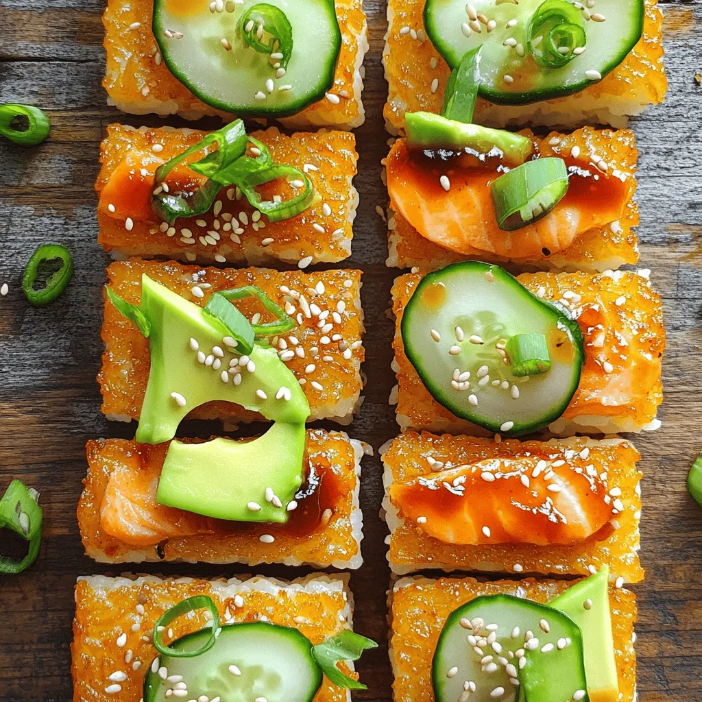 To make Salmon Crispy Rice, gather these simple ingredients: - 2 cups sushi rice - 2 tablespoons rice vinegar - 1 tablespoon sugar - 1 teaspoon salt - 1 ¼ pounds fresh salmon fillet - 1 tablespoon soy sauce (low sodium recommended) - 1 avocado, thinly sliced - 1 cucumber, thinly sliced - 1 tablespoon sesame oil - 1 tablespoon nori flakes (seaweed) - 1 tablespoon sesame seeds - 1 tablespoon green onions, finely chopped - Sriracha or spicy mayo for drizzling (optional) When choosing fresh salmon, look for vibrant color. The flesh should be a rich pink or orange hue. It should also feel firm to the touch. Avoid any fish with a dull color or dry edges. Smell the salmon; it should have a clean, ocean scent. If it smells fishy, skip it. Always buy salmon from a trusted source to ensure quality. If you cannot find sushi rice, don’t worry. You can use short-grain rice or medium-grain rice for a similar texture. Both can work well in this recipe. If you want a healthier option, try quinoa. It gives a nice nutty flavor, but it changes the dish's taste a bit. Adjust your cooking times for different grains as needed. To prepare sushi rice, start by rinsing the rice. Use cold water and keep rinsing until the water runs clear. This step removes excess starch for better texture. Next, cook the rice according to your rice cooker's instructions. Once cooked, transfer it to a large bowl. Now, mix rice vinegar, sugar, and salt in a small bowl. Stir until dissolved. Drizzle this mixture over the warm rice. Use a spatula to fold it in gently. Avoid mashing the rice. Let it cool to room temperature before using. While your rice cools, grab your fresh salmon fillet. Slice it into thin strips about an inch wide. You want nice pieces for each rice cake. In a bowl, drizzle soy sauce over the salmon. Ensure each piece is coated well. Let it marinate for about 10 minutes. This step adds flavor and makes the salmon tender. To make crispy rice cakes, heat sesame oil in a large non-stick skillet over medium heat. Wet your hands to prevent sticking. Take a handful of sushi rice and form it into small rectangular or square cakes. Place them carefully in the hot skillet. Cook each cake until the bottom turns golden and crispy. This takes about 3-4 minutes per side. Flip them gently to keep their shape. Once cooked, remove them from the skillet and set aside. The crispy texture makes these cakes a delight in your Salmon Crispy Rice dish. For the full recipe, check out the [Full Recipe]. One big mistake is using wet hands when forming the rice cakes. Wet hands help keep the rice from sticking. If your hands are dry, the rice can fall apart. Another mistake is not cooking the rice properly. Under-cooked rice will not hold together. Overcooked rice can be mushy and lose its shape. Avoid pressing the rice too hard when forming cakes. This can make them dense and tough. Instead, gently shape them to keep them light. Lastly, don't skip cooling the rice. Warm rice is hard to shape and can make the cakes soggy. A non-stick skillet is key for crispy rice. It prevents sticking and burning, giving you a nice golden crust. A rice cooker can ensure perfect sushi rice every time. It takes the guesswork out of cooking. A sharp knife is also vital for slicing the salmon and veggies. Use a bowl for mixing the rice seasoning. A spatula works best for folding the rice gently. If you want to get fancy, a ring mold can help shape the rice cakes evenly. Presentation makes your dish pop! Start by placing the crispy rice cakes neatly on a plate. Top each cake with a slice of salmon. Arrange the avocado and cucumber around the cakes for color. Use nori flakes and sesame seeds to add texture and flavor. Drizzle some sriracha or spicy mayo for a fun touch. Finally, sprinkle green onions over the top. This adds a fresh taste and a splash of color. For a finishing touch, serve on a colorful plate to make your dish stand out. For the full recipe, check out the detailed instructions. {{image_2}} You can switch up the salmon for other proteins. Tuna works great in this dish. Just slice it thinly like the salmon. You can also use crab meat. It gives a sweet flavor. Both options will keep the dish light and fresh. For a vegan twist, try using marinated tofu. Slice it into thin pieces. You can also use tempeh for a nuttier taste. These options give you a protein boost. Don't forget to add some fresh veggies for crunch. Try carrots or radishes for a colorful touch. Mix up the flavors with different sauces. Try ponzu sauce for a citrusy kick. You can also use a spicy mayo made from vegan mayo and Sriracha. For toppings, add pickled ginger or wasabi peas. They give extra zest and crunch. Each change will make your crispy rice unique. For the full recipe, refer back to the Crispy Rice Salmon Delight. To store your leftover salmon crispy rice, place it in an airtight container. This helps keep it fresh. If you have extra crispy rice cakes, store them separately from the toppings. This prevents sogginess. Make sure to eat leftovers within two days for the best taste. When reheating, use a skillet over medium heat. Add a little oil to the pan. This method keeps the rice cakes crispy. Heat for about three minutes on each side. Avoid using the microwave, as it makes the rice soft. You can freeze the rice cakes before frying. Shape them and place them on a baking sheet. Freeze until solid, then transfer to a freezer bag. They can last up to a month. When ready to eat, fry them straight from the freezer. This way, you enjoy that crunch! For the salmon and toppings, it’s best to prepare them fresh. For the full recipe, check out the details above. The best rice for this dish is sushi rice. Sushi rice is sticky and helps hold the cakes together. It absorbs flavors well and gives a nice texture. You can find sushi rice in most grocery stores. Look for short-grain rice labeled as "sushi" or "glutinous." This rice is essential for making crispy rice cakes that stay intact. To make this dish gluten-free, use tamari instead of soy sauce. Tamari has a similar taste and is made without wheat. Always check labels to ensure products are gluten-free. Using gluten-free rice vinegar is also a good idea. This way, you enjoy the same great taste without gluten. Yes, you can prepare the rice cakes in advance. Make the rice cakes, then let them cool completely. Store them in an airtight container in the fridge. You can reheat them in a skillet with a little oil to regain crispiness. This method helps save time, especially when serving guests. For the best flavor, top them with salmon and veggies just before serving. You have now learned how to make delicious crispy rice. We covered the right ingredients and tips for fresh salmon and sushi rice. I shared a step-by-step guide for perfect preparation and cooking. You also discovered common mistakes to avoid and how to decorate your dish nicely. Feel free to try different meats or go vegan. Remember, storing and reheating correctly is key for freshness. Enjoy making your crispy rice. It’s fun and tasty!