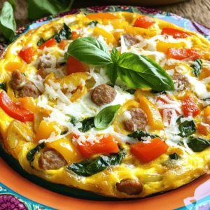 To make this frittata, gather these simple ingredients: - 6 large eggs - 1 cup Italian sausage, casings removed - 1 bell pepper (red, yellow, or green), diced - 1 small onion, diced - ½ cup fresh spinach, chopped - ½ cup shredded mozzarella cheese - ¼ cup grated Parmesan cheese - 2 tablespoons olive oil - Salt and pepper to taste - Fresh basil leaves, for garnish If you have allergies or preferences, you can swap some ingredients: - Use turkey sausage instead of Italian sausage for a leaner option. - Substitute dairy-free cheese for mozzarella and Parmesan if you're lactose intolerant. - Try using zucchini or mushrooms if you don’t have bell peppers. - If you prefer a different herb, add parsley or chives instead of basil. Using fresh ingredients makes a big difference in flavor. Fresh eggs give a rich taste and fluffy texture. Fresh spinach adds vibrant color and nutrients. A bell pepper adds sweetness and crunch. When you choose fresh, you get the best taste and quality in your frittata. For the best results, always opt for seasonal and local produce when possible. This keeps your dish not only delicious but also supports local farmers. Check out the Full Recipe for more details on how to create this delightful meal! Start by gathering all your ingredients. You will need: - 6 large eggs - 1 cup Italian sausage, casings removed - 1 bell pepper (red, yellow, or green), diced - 1 small onion, diced - ½ cup fresh spinach, chopped - ½ cup shredded mozzarella cheese - ¼ cup grated Parmesan cheese - 2 tablespoons olive oil - Salt and pepper to taste - Fresh basil leaves, for garnish Next, preheat your oven to 375°F (190°C). This step is key for a perfect frittata. While the oven heats, dice your onion and bell pepper. Chop the spinach. This prep makes cooking faster and easier. In a large oven-safe skillet, add the olive oil. Heat it over medium heat. Once hot, add the Italian sausage. Cook it for about 5-7 minutes. Break it into small pieces as it cooks. You want it browned and fully cooked. After the sausage is ready, add the diced onion and bell pepper. Sauté these for 3-4 minutes. You want them soft and fragrant. Then, stir in the chopped spinach. Cook this for an additional 1-2 minutes until it wilts. In a separate bowl, whisk together the eggs, mozzarella cheese, and Parmesan cheese. Season this mixture with salt and pepper. Pour it evenly over the sausage and veggies in the skillet. Let the frittata cook on the stovetop for 2-3 minutes. Use a spatula to lift the edges gently. This helps uncooked egg flow underneath. Now, transfer the skillet to the oven. Bake it for 15-20 minutes. You want the frittata to be set and lightly golden on top. When it’s done, take it out of the oven. Let it cool for a couple of minutes. Slice it into wedges and sprinkle fresh basil leaves on top. Enjoy your delicious Italian sausage frittata with peppers! For the complete cooking guide, check the Full Recipe. To get a great frittata, focus on the eggs. Fresh eggs give the best flavor and texture. Whisk them well. This adds air and makes your frittata fluffy. Cook the frittata slowly. Start on the stovetop and then finish in the oven. This helps it cook evenly. Avoid high heat to keep it from burning. To boost flavor, add herbs or spices. Fresh basil and oregano work well with this dish. You can also use garlic for a tasty twist. For extra creaminess, use a mix of cheeses. Try adding feta or goat cheese for a unique taste. You can also add diced tomatoes or olives for added depth. Use an oven-safe skillet. A cast-iron skillet is my favorite choice. It heats evenly and gives a nice crust. A non-stick skillet also works but may not brown the frittata as well. Make sure you have a good spatula. It will help you lift the frittata's edges while cooking. This way, the uncooked egg flows underneath nicely. For a perfect finish, use a sharp knife for slicing. For the complete recipe, check out the Full Recipe. {{image_2}} You can easily make this frittata vegetarian. Just skip the Italian sausage. Use mushrooms or smoked tofu instead. Both add great flavor and texture. You can also try chickpeas for extra protein. Feel free to mix in your favorite vegetables too. Zucchini or artichokes work well. This way, everyone can enjoy a tasty meal. Cheese can change the whole dish. If you want a stronger taste, try feta or goat cheese. They add a nice tang. For a creamier texture, use ricotta cheese. You can also mix cheeses for more flavor. Just remember to stick with soft or semi-soft cheeses. They melt nicely into the frittata. Adding veggies boosts flavor and nutrition. You can toss in cherry tomatoes for sweetness. Broccoli florets or asparagus add crunch and color. Carrots or peas provide a nice pop of flavor too. Just make sure to chop them small. This helps them cook evenly in the frittata. You can always use leftover veggies from your fridge. It's a smart way to reduce waste. To keep your frittata fresh, let it cool first. Once it's cool, place it in an airtight container. You can also wrap individual slices in plastic wrap. This method prevents it from drying out. Store it in the fridge for up to three days. If you want to keep it longer, freezing is a great option. Reheating the frittata is simple. For the best taste, use the oven. Preheat your oven to 350°F (175°C). Place the frittata on a baking sheet. Heat for about 10-15 minutes. You can also use the microwave. Heat on medium for 1-2 minutes. Check to ensure it’s warm all the way through. Freezing the frittata is easy. Slice it into wedges. Wrap each slice tightly in plastic wrap. Then, place them in a freezer-safe bag. Remove as much air as possible. You can freeze the frittata for up to three months. When you're ready to eat, thaw it in the fridge overnight before reheating. Enjoy your tasty meal! A frittata is an Italian dish made with eggs. It often includes meats, veggies, and cheese. Unlike an omelet, you cook a frittata slowly. You start on the stove and finish it in the oven. This method makes it fluffy and creamy. It is perfect for breakfast or brunch. You can slice it into wedges for easy serving. Yes, you can use other meats in a frittata. Ground turkey, bacon, or ham are great choices. Just ensure you cook the meat fully first. You can also mix and match meats for added flavor. The key is to keep the meat pieces small. This helps them cook evenly and blend well with the eggs. To check if the frittata is done, look for a few signs. The top should be golden and slightly puffed. You can insert a knife in the center. If it comes out clean, the frittata is ready. If you see wet egg, cook it a bit longer. Let it cool for a few minutes before slicing. Enjoy your meal! For the full recipe, see the details above. This blog post shared key steps to make a perfect frittata. We covered ingredients, preparation, and cooking methods. I shared tips for great texture and flavor. You learned how to adapt recipes and store leftovers effectively. Always use fresh ingredients for the best taste. Remember, you can experiment with flavors and ingredients to suit your needs. Enjoy making your frittata, and have fun with it!