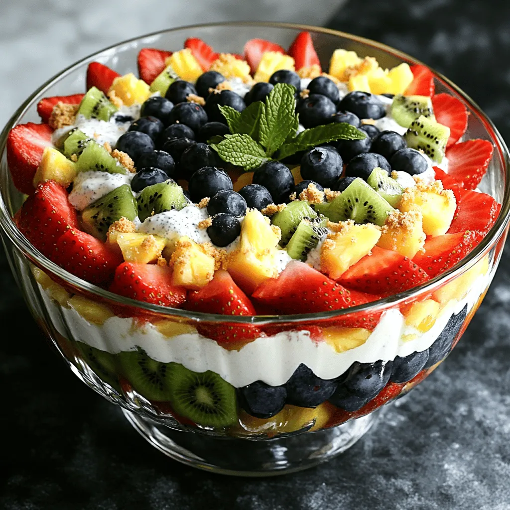 To create your Cheesecake Fruit Salad, you will need some fresh fruits and a creamy base. Here’s the list of ingredients: - 1 cup strawberries, hulled and sliced - 1 cup blueberries - 1 cup kiwi, peeled and diced - 1 cup pineapple, diced - 1 cup cream cheese, softened - 1/2 cup Greek yogurt - 1/4 cup powdered sugar - 1 teaspoon vanilla extract - Zest of 1 lemon - 1/4 cup crushed graham crackers (for topping) - Fresh mint leaves (for garnish) Each ingredient plays a key role in the flavor and texture. The fruits provide freshness and sweetness. The cream cheese and yogurt create a rich, creamy base. The lemon zest adds brightness, while the crushed graham crackers give a delightful crunch on top. You can find the full recipe in the main article for step-by-step guidance. First, take a large bowl. Combine 1 cup of softened cream cheese with 1/2 cup of Greek yogurt. Use a hand mixer or a whisk to blend them until smooth and creamy. This mix is the heart of your cheesecake fruit salad. Next, add in 1/4 cup of powdered sugar, 1 teaspoon of vanilla extract, and the zest of 1 lemon. Blend these ingredients well until they are fully mixed. This creamy cheesecake mixture is now ready to enhance your fruit salad. In a separate bowl, it’s time to prepare the fruits. Take 1 cup of hulled and sliced strawberries, 1 cup of blueberries, 1 cup of peeled and diced kiwi, and 1 cup of diced pineapple. Toss these fruits together gently. This step helps to combine the flavors without breaking the fruit pieces. The vibrant colors and fresh scents will make your salad inviting. Now, we will bring it all together. Carefully fold the cheesecake mixture into the bowl of fruits. Be gentle to keep the fruit pieces intact. Mix until the fruits are well-coated with the creamy cheesecake. Finally, transfer this delightful mix to a serving dish or individual bowls. For an added crunch, sprinkle 1/4 cup of crushed graham crackers on top. Garnish with fresh mint leaves for a pop of color and freshness. Enjoy your Cheesecake Fruit Salad Delight! For the complete recipe, refer to the Full Recipe section. Using clear glass bowls makes your cheesecake fruit salad shine. The colorful fruits look great against the glass. You can also layer the salad in parfait glasses. This gives a nice visual effect. Adding garnishes like mint leaves or extra fruit slices makes it even better. A sprig of mint adds a fresh look and taste. To get a creamy texture, start with soft cream cheese. This makes mixing easy and smooth. When you blend, don’t mix too much. Over-mixing can break up the fruit and make it mushy. You want to keep the fruit pieces intact for a nice bite. Serve your cheesecake fruit salad cold for the best taste. It’s best at a temperature between 35°F to 40°F. You can make it ahead of time. Just keep it in the fridge. If you make it a few hours before serving, the flavors will blend nicely. {{image_2}} You can change the fruits in this salad. Try using peaches or ripe mango instead of strawberries. If blueberries aren't available, consider raspberries or blackberries. You can also swap kiwi for orange segments or diced apples. Seasonal fruits make great choices. In summer, use fresh cherries or watermelon. In winter, think about pomegranate seeds or citrus fruits. These changes keep your salad fresh and fun! Want a lighter version? Use lower-fat cream cheese. It still gives the creamy texture you love without the extra calories. You can also use Greek yogurt as a great substitute. For sweetness, consider sugar substitutes. Honey or agave syrup can work well. You can also use stevia or monk fruit sweetener for a low-calorie option. This way, you enjoy a tasty salad without the guilt! Add some crunch to your salad! Chopped nuts like almonds or pecans add texture and flavor. Shredded coconut can also bring a tropical twist. You can spice things up, too. A dash of cinnamon or nutmeg can enhance the taste. These simple additions make your cheesecake fruit salad even more delightful! For the full recipe, check out the detailed instructions. To store leftover cheesecake fruit salad, place it in an airtight container. Make sure the lid seals well to keep it fresh. You can also use a glass bowl with plastic wrap. This helps prevent air from getting in. This salad lasts for three to five days in the fridge. Check for signs of spoilage, like an off smell or watery texture. If you see these signs, it’s best to toss it. You can freeze cheesecake fruit salad, but the texture may change. To freeze, place it in a freezer-safe container. Leave some space at the top for expansion. When ready to serve, thaw it in the fridge overnight. Avoid using a microwave, as this can make the fruits mushy. After thawing, mix gently before serving to bring it back together. Enjoy your delightful treat! Cheesecake fruit salad is a fun and tasty dessert. It mixes fresh fruit with a creamy cheesecake mixture. The main fruits are strawberries, blueberries, kiwi, and pineapple. This salad is light and sweet, perfect for hot days. The cheesecake part comes from cream cheese, Greek yogurt, powdered sugar, and vanilla. This blend gives the salad a rich and smooth taste. Yes, you can prepare this salad in advance! Make the cheesecake mixture and chop the fruits ahead of time. Just store them separately in the fridge. Mix them together right before serving. This way, the fruits stay fresh and crunchy. It’s a great idea for parties or family gatherings. To make the cheesecake mixture thicker, use more cream cheese. You can also reduce the amount of Greek yogurt. Mixing longer can help too, but don’t overdo it. You want it smooth, not too thick. If you prefer a lighter texture, add a bit of whipped cream. This gives it a nice airy feel. Absolutely! You can use dairy-free cream cheese instead of regular cream cheese. For yogurt, choose a dairy-free option like coconut yogurt. This way, you can enjoy the same creamy taste without dairy. Just make sure to check the labels for added sugars or flavors. Enjoy your cheesecake fruit salad with these tasty swaps! You learned how to make a tasty cheesecake fruit salad. We explored all the ingredients, from fresh fruits to creamy mixtures. I shared simple steps for preparation, plus helpful tips for serving and storage. You can even customize the dish with fruit swaps or healthier options. This treat is easy to make and sure to impress. Enjoy your delicious creation with friends and family for any occasion!