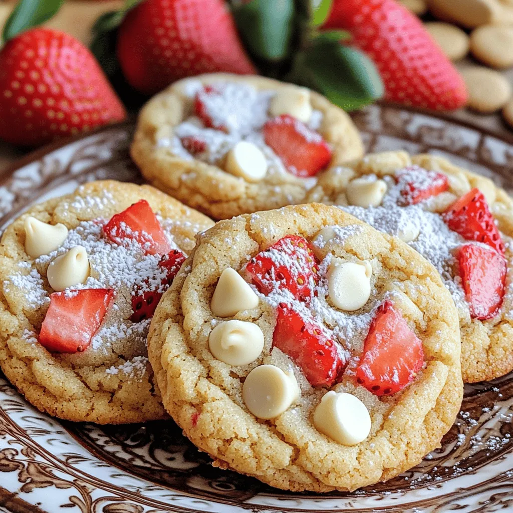 - 1 cup unsalted butter - 1 cup granulated sugar - 1/2 cup packed brown sugar - 1 large egg - 1 teaspoon vanilla extract - 2 cups all-purpose flour - 1 teaspoon baking powder - 1/2 teaspoon baking soda - 1/4 teaspoon salt - 1 cup cream cheese - 1 cup fresh strawberries, diced - 1/2 cup white chocolate chips (optional) - 1/2 cup crushed graham crackers (for topping) For these Strawberry Cheesecake Cookies, using fresh ingredients makes a big difference. The butter should be soft but not melted. This helps create a light cookie. The cream cheese adds a nice touch of richness. If you can, use ripe strawberries for a sweeter taste. You might not have cream cheese. Try using Greek yogurt instead. It keeps a creamy texture and adds a bit of tang. For a gluten-free option, you can swap all-purpose flour with a gluten-free blend. This keeps the cookies soft and chewy. If you want fewer calories, you can use a sugar alternative like coconut sugar or stevia. These options give sweetness without too many extra calories. You can find all these ingredients at your local grocery store. Look for fresh strawberries in the produce section. If you prefer shopping online, many stores deliver fresh ingredients right to your door. It’s easy to get what you need without leaving home. For the [Full Recipe], check out the rest of the article! 1. Preheat the oven to 350°F. 2. Prepare the baking sheet with parchment paper. 1. In a large bowl, cream the softened butter with granulated and brown sugars. Mix until light and fluffy. 2. Incorporate one large egg and one teaspoon of vanilla extract. Beat until well combined. 1. In another bowl, whisk together two cups of all-purpose flour, one teaspoon of baking powder, one-half teaspoon of baking soda, and one-fourth teaspoon of salt. 2. Gradually mix the dry ingredients into the wet ingredients. Stir until just combined. 1. Gently fold in one cup of softened cream cheese and one cup of diced fresh strawberries. Add white chocolate chips if you like. 2. Form the cookie dough into balls. 1. Drop dough balls onto the prepared baking sheet, about two inches apart. 2. Bake for 10-12 minutes. The edges should be lightly golden, and the centers may look slightly underbaked. Enjoy the process of making these Strawberry Cheesecake Cookies! For detailed steps, refer to the Full Recipe. To make these cookies great, start with room temperature ingredients. Softened butter and cream cheese mix better. They blend smoothly, making your dough creamy. If your ingredients are cold, the dough can be lumpy. Next, do not overmix the dough. Mix just until everything is combined. Overmixing adds air and makes cookies tough. Gently fold in your strawberries and cream cheese. This keeps the cookies soft and chewy. Want to enhance the flavor? Add lemon zest for a bright, citrusy kick. It pairs well with strawberries and cream cheese. Just a teaspoon can make a big difference. You can also try different types of chocolate. Instead of white chocolate chips, use dark or milk chocolate. Each type brings a unique taste. Experiment and find your favorite! To avoid spreading, chill your dough for about 30 minutes before baking. This helps the cookies hold their shape. You can also use a cookie scoop for even portions. For even baking, rotate your baking sheet halfway through. Ovens can have hot spots. This simple step ensures all cookies bake evenly. Keep an eye on them to prevent overbaking. You want golden edges and soft centers. For the full recipe, check out the [Full Recipe]. {{image_2}} You can change up the fruit in these cookies to fit your taste. Try using blueberries for a twist. Blueberry cheesecake cookies bring a fresh burst of flavor. The sweet blueberries mix well with the creamy cheesecake base. Raspberries are another great choice. Raspberry cheesecake cookies are tart and sweet. They add a nice contrast to the creamy filling. Both options are simple to make. Just swap the strawberries for your chosen fruit. You can also play with the size and shape of your cookies. Mini cookies are a fun option. They are cute and perfect for sharing. You can use a smaller scoop to make bite-sized treats. Bar cookies are another great choice. Instead of scooping dough, spread it in a baking pan. Bake until golden, then cut into squares. This method is quick and easy. You can enjoy the same great taste in a different form. If you need a vegan version, it is possible! Use plant-based butter and cream cheese. Substitute the egg with a flax egg or applesauce. Your cookies will still taste amazing without the animal products. For a low-sugar or keto-friendly option, swap regular sugar for a sugar substitute. You can use almond flour instead of all-purpose flour. These changes keep the cookies tasty while fitting your diet needs. For the complete recipe, check the Full Recipe link. To keep your Strawberry Cheesecake Cookies fresh, use an airtight container. This type of container will prevent air from making your cookies stale. You can stack them gently, but avoid crushing them. At room temperature, these cookies last about five days. If you notice they become soft, just pop them in the fridge for a firmer bite. Freezing cookie dough is a great way to save time. Scoop the dough into balls and place them on a baking sheet. Freeze them for about an hour. Once frozen, transfer the dough balls to a freezer bag. This keeps them fresh for up to three months. When you want to bake, take out how many you need and let them thaw in the fridge overnight. Bake them as usual. You may need to add a minute or two to the baking time if they are still a bit cold. For any unused cream cheese, wrap it tightly in plastic wrap or place it in an airtight container. It keeps well in the fridge for about a week. Always check for any changes in smell or texture before using it again. Fresh strawberries should be stored in the fridge, too. Keep them in a container with air holes to let them breathe. They stay fresh for about three to five days. Remember to wash them only before you use them to avoid mold. Strawberry Cheesecake Cookies last about one week at room temperature. Store them in an airtight container. This keeps them soft and fresh. For longer storage, place them in the fridge. They can stay good for up to two weeks there. If you freeze them, they last up to three months. To keep cookies fresh, avoid exposing them to air. Yes, you can use frozen strawberries. They work well in these cookies. However, they may change the texture. Frozen berries have more water. This can make your cookies a bit softer. To avoid this, drain any excess liquid before using. You can also chop them smaller. This way, the flavor remains strong and delicious. If you want to make these cookies egg-free, there are great options. You can use unsweetened applesauce. Use 1/4 cup for each egg. Mashed banana is another choice. Use the same amount as applesauce. Silken tofu is also a great option. Blend it until smooth, then use 1/4 cup. Each substitute gives a nice texture to the cookies. Yes, you can make gluten-free Strawberry Cheesecake Cookies. For this, use a good gluten-free flour blend. Look for one that can replace all-purpose flour. Some brands work well for baking. You can also add a bit of xanthan gum to help with texture. This will make your cookies just as tasty as the original ones. This blog post covered key ingredients for Strawberry Cheesecake Cookies and how to make them. You learned about alternatives for key ingredients and where to buy them. Step-by-step, you saw the preparation, mixing, and baking process. We explored tips for the best texture and flavor, along with fun variations that fit different diets. In conclusion, whether you stick to the classic recipe or try something new, these cookies are sure to satisfy. Happy baking!