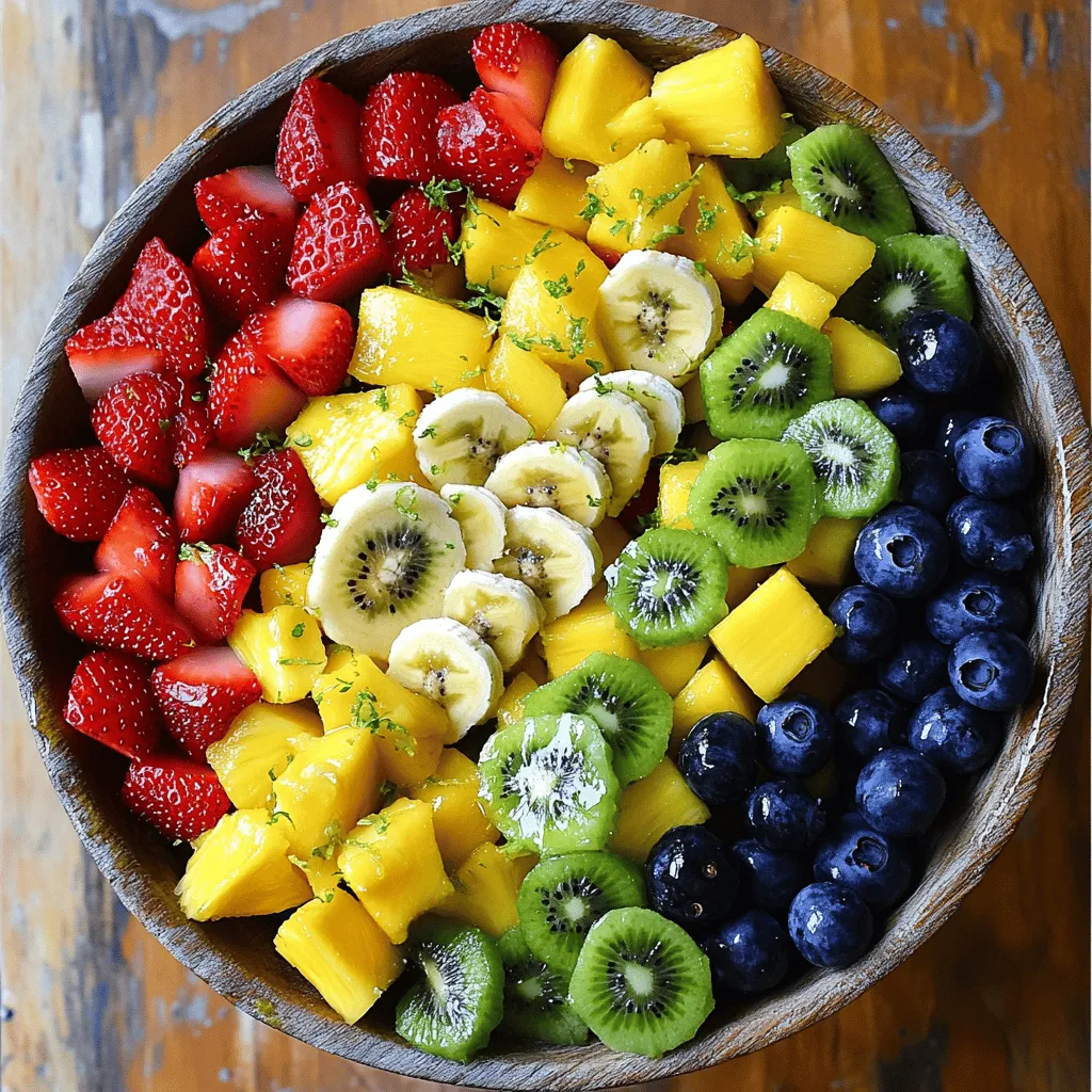 - Diced pineapple - Strawberries, hulled and sliced - Peeled kiwi, diced - Blueberries - Diced mango - Sliced banana - Honey - Fresh lime juice - Lime zest - Sea salt Tips for selecting ripe fruits Choose fruits that feel firm but yield slightly when pressed. Look for vibrant colors. For pineapples, smell the base; it should smell sweet. Strawberries should be bright red with no white or green spots. Kiwi should be slightly soft, indicating ripeness. Mangoes should have a sweet aroma and give a little when pressed. Bananas should have a few brown spots for the best flavor. How to prepare fruits for salad Start by washing all fruits well. Peel the kiwi and mango before dicing. Remove the tops from strawberries and slice them. Cut the pineapple into small chunks. For bananas, slice them just before serving to avoid browning. This keeps your salad fresh and colorful. For the full recipe, combine these fruits with a zesty honey lime dressing for a delicious treat. To start, grab a large mixing bowl. Add the diced pineapple, strawberries, kiwi, blueberries, mango, and sliced banana. I like to add the fruit in this order: pineapple first, then strawberries, kiwi, blueberries, mango, and banana last. This way, the colors pop, and your salad looks stunning! In a small bowl, whisk together two tablespoons of honey, fresh lime juice, lime zest, and a pinch of sea salt. It's important to mix it well until you get a smooth, even consistency. This dressing will add a bright flavor to your fruit salad. Now it’s time to combine everything. Drizzle the honey-lime dressing over the fruit mixture. Gently toss the fruit with a spatula. Be careful not to mash the fruit. You want to keep those lovely shapes and textures intact. Let your salad sit for about 10 minutes. This time allows the flavors to blend beautifully. For the full recipe, check out the Tropical Fruit Fiesta Salad section. To get the best flavor, let your fruit salad sit for about 10 minutes. This time helps the honey-lime dressing mix well with the fruits. As the fruits rest, they release some juices, adding more flavor to the salad. You can also add a pinch of cinnamon for a warm twist or fresh mint for an extra zing. When serving at gatherings, use a large, clear bowl. This way, everyone can see the colorful fruits. You can also serve in small cups for easy grabbing. For garnishing, try adding a sprinkle of lime zest on top. It makes the salad look fresh and bright. To save time, prep your fruits the night before. Store them in airtight containers in the fridge. You can also buy pre-cut fruit at the store. This option cuts down on your prep time and still gives you a fresh fruit salad. For the Full Recipe, check the details above. {{image_2}} You can switch out fruits based on the season. In summer, use berries like raspberries and blackberries. Fall calls for apples and pears. During winter, try citrus fruits like oranges and grapefruits. You can also add tropical fruits for a twist. Mangos and pineapples bring bright flavors to your bowl. They add a fun twist to your fruit salad with honey lime dressing. If you want a change, use yogurt or a cream-based dressing. Greek yogurt gives a rich, creamy taste. You can also add flavors like vanilla to your yogurt. For a lighter option, try a simple vinaigrette. Experiment with different sweeteners, too. Maple syrup or agave nectar can work well. They change the taste while keeping it sweet. This salad is easy to adapt for different diets. For vegan options, substitute honey with agave or a fruit puree. This keeps the dressing sweet but plant-based. You can make it gluten-free by using fresh fruits only. If you need low-sugar options, reduce the honey. You can also add more fruit to enhance natural sweetness. Enjoy the tasty flexibility of this fruit salad! To keep your fruit salad fresh, store it properly. Place the salad in an airtight container. This helps prevent air from getting in and keeps the flavors intact. If you have extra dressing, store it in a separate small jar. This way, it won't make the fruit soggy. Your fruit salad lasts about 3 to 5 days in the refrigerator. After that, the fruit may start to lose its texture and flavor. Signs that your fruit salad has spoiled include a mushy texture or an off smell. If you see any brown spots or mold, it's best to toss it out. Can you freeze fruit salad? It's not the best option. Freezing changes the texture of most fruits. However, if you need to freeze some fruit, opt for bananas, mangos, or berries. These fruits hold up better in the freezer. Just chop them into pieces and store them in freezer bags. You can use many fruits in a fruit salad. Here are some of my favorites: - Diced pineapple - Strawberries, hulled and sliced - Peeled kiwi, diced - Blueberries - Diced mango - Sliced banana Mixing different colors and textures makes the salad more fun. You can also add seasonal fruits. Try peaches in summer or apples in fall. The key is to use ripe fruits for the best flavor. Yes, you can prep this salad ahead of time! To keep it fresh: - Cut your fruits and store them in airtight containers. - Keep the honey lime dressing separate until you're ready to serve. This method helps avoid sogginess. When you’re ready, mix the fruit and dressing. Let it sit for about 10 minutes for the flavors to blend. To modify the sweetness, you can change the honey and lime amounts. Here’s how: - Add more honey if you want it sweeter. - Use less honey for a milder taste. - Adjust the lime juice for tartness. Taste your dressing as you mix. This way, you can find the perfect balance for your salad. Enjoy experimenting with flavors! This fruit salad blog post covered key ingredients, step-by-step instructions, and helpful tips. You learned about fresh fruits and how to prepare them. I shared simple ways to make a delicious honey lime dressing. You can now impress friends with stunning presentations and creative variations. Remember to store leftovers properly and know their shelf life. Enjoy making this easy, healthy treat anytime. Your fruit salad journey starts here—have fun mixing and matching!