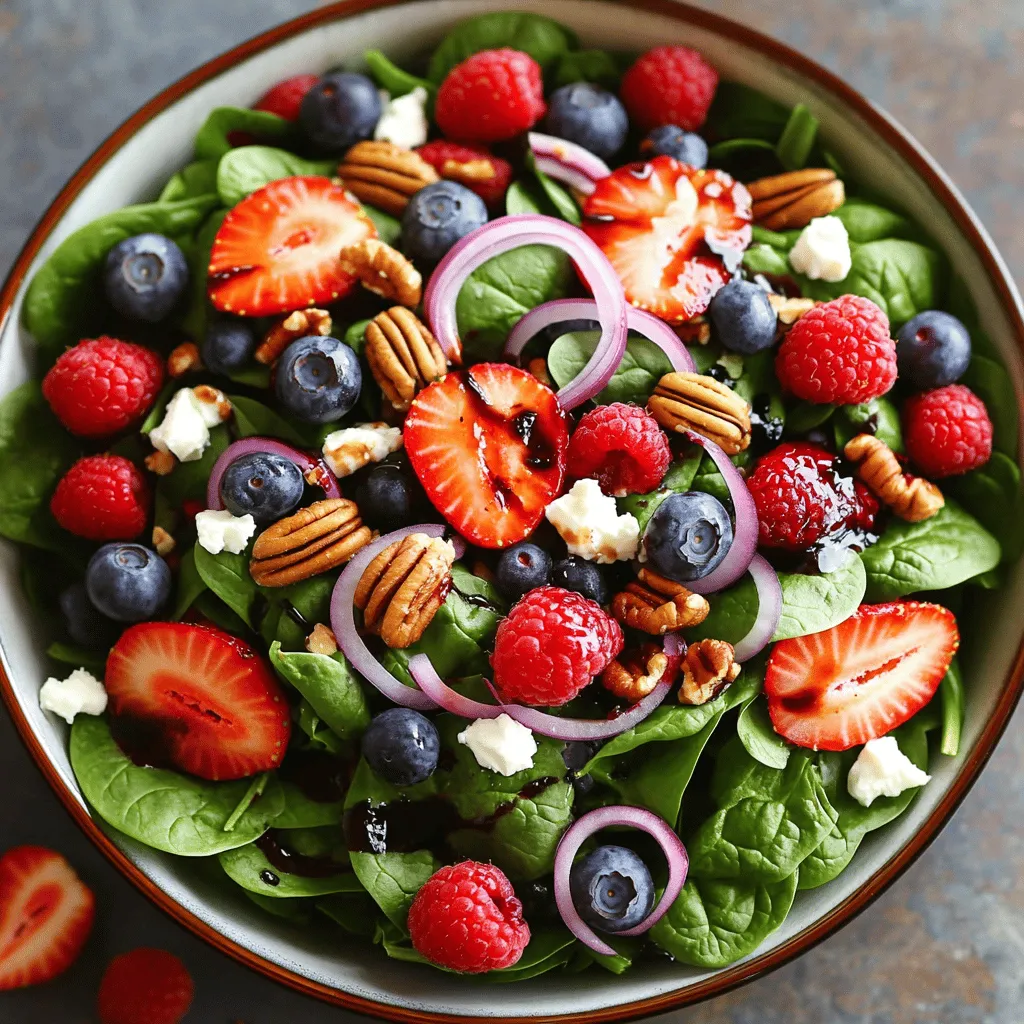 You need 5 cups of fresh baby spinach. Look for bright green leaves. They should feel crisp and tender. Wash and dry them well to remove dirt. This spinach is the base of our salad. For a burst of flavor, use 1 cup of mixed berries. Strawberries, blueberries, and raspberries work best. Choose ripe berries for the sweetest taste. If the berries are big, slice the strawberries. This adds color and nutrition to the salad. Use 1/2 cup of lightly toasted pecans for crunch. Toasting brings out their flavor. You can also add 1/4 cup of crumbled feta cheese for creaminess. This cheese pairs well with berries. Don't forget 1/4 of a red onion, sliced thin. This adds a nice bite. For dressing, use 1/4 cup of balsamic vinaigrette. If you like it a bit sweeter, add 1 tablespoon of honey. You can adjust salt and pepper to taste. For the full recipe, you can find it detailed above. Toasting the pecans adds a rich flavor. Start with a dry skillet. Heat it over medium heat. Add the pecans to the skillet. Stir them often for about 5-7 minutes. You want them to smell nice and look golden. Once done, take them off the heat and let them cool. Now, let’s build the salad base. Grab a large mixing bowl. Add 5 cups of fresh baby spinach. Make sure the spinach is washed and dried well. Next, rinse the mixed berries. If you use strawberries, slice them small. Combine all the berries in the bowl with the spinach. It’s time to mix everything! Sprinkle the toasted pecans, sliced red onion, and crumbled feta cheese on top. Then, drizzle 1/4 cup of balsamic vinaigrette over the salad. If you like a bit of sweetness, add a tablespoon of honey. Gently toss the salad until all the ingredients are coated in the dressing. Season with salt and pepper to taste. Serve it right away for the best freshness. Check out the Full Recipe for more details! To make your Berry Spinach Salad shine, focus on fresh ingredients. Use ripe berries for the best taste. Mix strawberries, blueberries, and raspberries for a burst of flavor. Toast the pecans to bring out their nutty taste. This step adds crunch and warmth. If you like a bit of sweetness, drizzle honey over the salad. This balances the tartness of the berries. A sprinkle of salt can really enhance the flavors too. Don't skip it! Serve your salad right after mixing. This keeps the spinach fresh and crisp. You can serve it as a side dish or a light main meal. Pair it with grilled chicken or fish for protein. It also goes well with crusty bread. If you want to make it a meal, add some quinoa or chickpeas. Both options add good protein and make the salad more filling. How you present your salad makes a big difference. Use a large, colorful bowl to catch the eye. Add a few whole berries and pecans on top for a pretty finish. You can also layer the ingredients for a nice look. Start with spinach, then add berries, nuts, and cheese. This way, each bite has a bit of everything! For a fancy touch, serve with a side of extra dressing. For the full recipe, check out the Berry Spinach Salad with Toasted Pecans. {{image_2}} To make your Berry Spinach Salad more filling, add protein. Grilled chicken works well. You can use sliced turkey or even shrimp. For a vegetarian option, try chickpeas or black beans. These add a nice texture and boost the nutrition. While balsamic vinaigrette is tasty, you can switch it up. Try a lemon vinaigrette for a zesty flavor. A honey mustard dressing adds a sweet touch. You can even use yogurt-based dressings for a creamy twist. Just mix and match to find what you love best. Use seasonal fruits to change the salad's taste. In spring, add fresh peas or asparagus. In summer, switch to peaches or nectarines. Fall calls for apples or pears, while winter can bring in citrus fruits. This keeps your salad fresh and exciting all year long. To store leftovers, place your salad in an airtight container. Use a layer of paper towel on top to absorb moisture. This helps keep the spinach fresh. Store it in the fridge for up to two days. However, the salad tastes best if eaten right away. Always wash and dry your spinach before use. This keeps it crisp. When you buy berries, choose firm ones without bruises. Store berries in their original container to avoid squishing. For pecans, keep them in a cool and dry place. This way, they stay crunchy and flavorful. You can freeze pecans but not the salad itself. To freeze pecans, place them in a zip-top bag. Remove as much air as possible before sealing. For berries, wash and dry them first. Spread them out on a baking sheet and freeze. Once they are solid, transfer them to a bag. This keeps them fresh for smoothies or baking later. For the full recipe, check out the Berry Spinach Salad with Toasted Pecans. You can use many types of berries in this salad. Strawberries, blueberries, and raspberries work great. You can mix and match for fun flavors. Blackberries also add a nice touch. Choose berries that are fresh and ripe for the best taste. You can prepare some parts of this salad ahead of time. Wash and dry the spinach and berries. Store them in the fridge. However, wait to mix the salad until just before serving. This keeps everything fresh and crunchy. If you don’t have balsamic vinaigrette, try other dressings. A simple mix of olive oil and lemon juice works well. You can also use a honey mustard dressing for a sweet kick. Experiment to find what you like best. If you don’t have pecans, almonds or walnuts are good options. Toast them just like the pecans to enhance their flavor. Each nut adds a unique crunch and taste to the salad. Adding protein boosts the meal's heartiness. Grilled chicken, shrimp, or chickpeas are great choices. Just toss them in with the other ingredients for a satisfying dish. If feta isn’t your favorite, try goat cheese or blue cheese. These options add a creamy texture and tangy flavor. You can also skip cheese entirely for a lighter salad. Store any leftover salad in an airtight container. Keep it in the fridge for up to two days. If the salad has dressing, it may get soggy. Consider storing the dressing separately for the best texture. You can use frozen berries if fresh ones aren't available. Just thaw them and drain any excess liquid. They may be softer but still taste great in the salad. This salad pairs well with grilled meats or fish. It also complements a light soup or sandwich. The fruity flavors work well for lunch or dinner. For the complete recipe, check out the Full Recipe section. This blog post covered how to make a tasty spinach salad. We discussed key ingredients like fresh spinach, mixed berries, and pecans. You learned step-by-step how to prepare and serve the salad. I shared tips to boost flavor and ideas for presenting your dish. We also explored variations, storage methods, and answered common questions. Remember, the right mix of ingredients can transform your salad into a delightful dish. Enjoy making this salad your own!