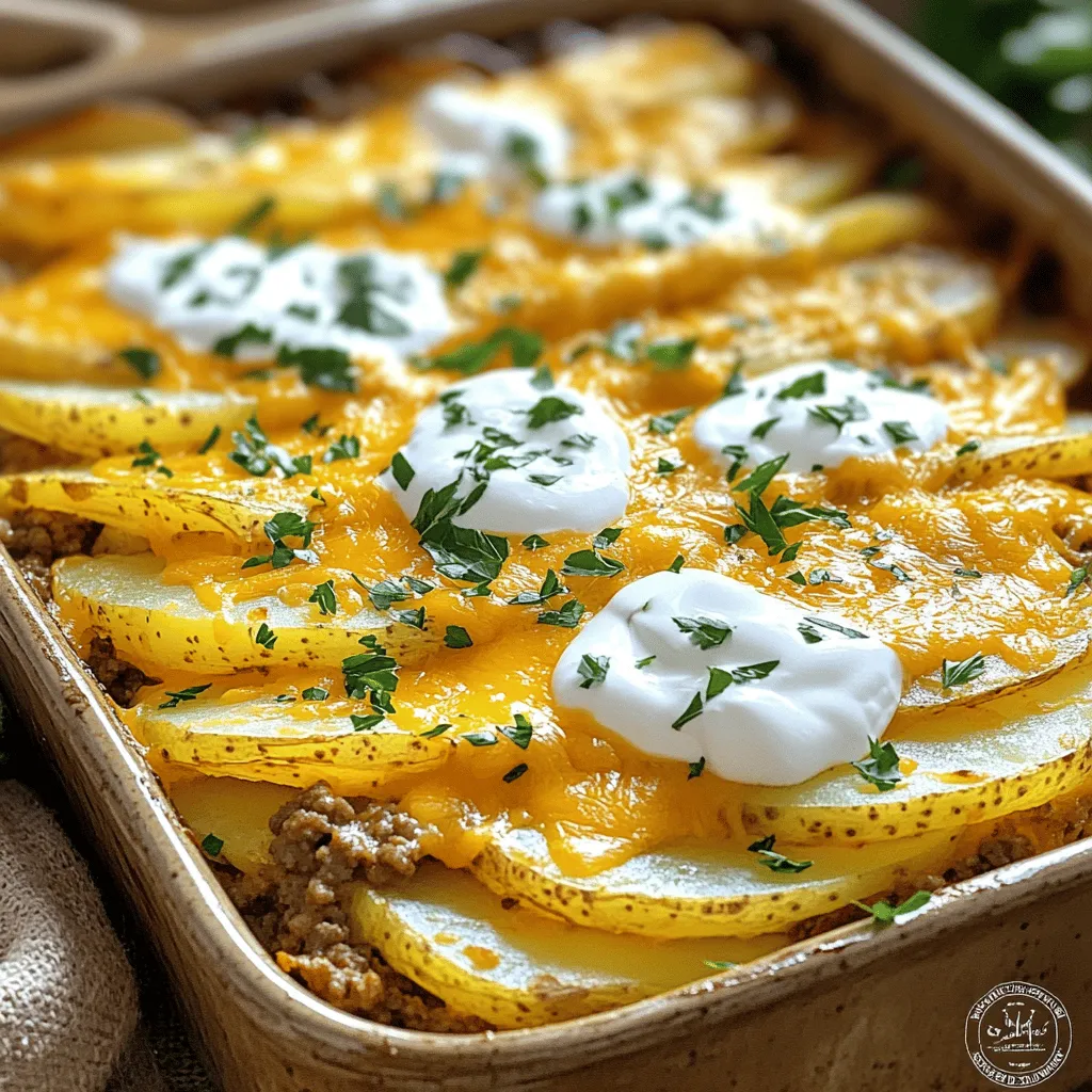 This Ground Beef Potato Bake is a warm and filling dish. It brings together layers of tender potatoes, flavorful beef, and rich cheese. This bake is easy to make and perfect for family meals or gatherings. - 1 lb ground beef - 4 large russet potatoes, thinly sliced - 1 medium onion, diced - 2 cloves garlic, minced - 1 cup shredded cheddar cheese - 1 cup sour cream - 1 cup beef broth - 1 teaspoon smoked paprika - 1 teaspoon dried oregano - Salt and pepper to taste - Fresh parsley, chopped (for garnish) The ground beef gives this dish its heartiness. Choose a lean variety for less fat. The russet potatoes hold their shape and add a nice texture. The onion and garlic bring depth and flavor. The cheese melts beautifully, creating a creamy top. Sour cream adds tang and richness, while beef broth keeps everything moist. Smoked paprika and oregano enhance the flavor profile without overpowering the dish. Don’t forget salt and pepper; they balance the flavors. Top it with fresh parsley for color and freshness. With these ingredients, you create layers of comfort and taste in every bite. Check the [Full Recipe] for detailed cooking steps. 1. Preheat the oven and cook the ground beef: Start by preheating your oven to 375°F (190°C). This step is key to ensure even cooking. In a large skillet, add 1 pound of ground beef. Cook it over medium heat until it turns brown, which takes about 5 to 7 minutes. If there is extra fat, drain it. 2. Sauté onions and garlic: Next, add 1 medium diced onion and 2 minced garlic cloves to the skillet. Sauté them for about 5 minutes. You want the onion to become soft and clear. This adds depth to your dish. 3. Combine and layer ingredients in the baking dish: In a big mixing bowl, combine your sliced potatoes with the beef mixture. Toss until the potatoes get coated with the beef and spices. Layer half of this mixture in a greased 9x13 inch baking dish. Spread half of 1 cup of sour cream over it. Then, top with half of 1 cup of shredded cheddar cheese. 4. Baking time and technique: Pour half of 1 cup of beef broth over the layers. Repeat this with the rest of the mixture, sour cream, and cheese. Finally, pour the remaining beef broth on top. Cover the dish tightly with aluminum foil and bake for 45 minutes. After that, remove the foil and bake for another 15 minutes. You want the top to be golden and the potatoes to be tender. 5. Cooling and garnishing the dish: Once done, take the dish out of the oven and let it cool for a few minutes. This makes it easier to serve. Before serving, sprinkle some fresh chopped parsley on top. This adds color and freshness to your hearty meal. This recipe offers a simple way to make a warm, comforting meal. For the full recipe, check below. To avoid a watery bake, drain excess fat after cooking the beef. Use a slotted spoon to remove any liquid. This keeps the bake firm and flavorful. Another way is to layer the potatoes and beef well. This helps to absorb moisture. For tender potatoes, slice them thinly. Thin slices cook faster and soak up flavors. You can also soak them in cold water for 30 minutes. This removes extra starch and helps them stay firm while baking. To boost flavor, try adding spices like cumin and thyme. These can add depth to the dish. Fresh herbs like rosemary or basil work well too. Mix them into the beef or sprinkle on top before serving. Cheddar cheese is great, but feel free to mix in mozzarella or gouda for a twist. Each cheese brings its own taste, making each bite fun. For a rustic style, serve the bake right from the dish. This invites everyone to dig in. If you want a fancier look, scoop portions onto plates. Add a sprinkle of fresh parsley on each plate for a pop of color. You can also drizzle some sour cream on top before serving. This adds creaminess and looks nice. A side salad can also add freshness to the meal. {{image_2}} You can swap ground beef for other meats. Ground turkey or chicken works well. They give a lighter flavor but still taste great. If you want a vegan option, try crumbled tofu or lentils. Use a dairy-free cheese and sour cream for a fully plant-based dish. You can make this dish in a slow cooker. Brown the meat first, then layer everything in the slow cooker. Cook on low for 6 to 8 hours. For a quicker option, use an Instant Pot. Cook the beef first, then layer the ingredients. Seal the pot and cook on high pressure for 10 minutes. Quick and easy! This bake pairs well with simple sides. A fresh green salad adds crunch and color. Roasted vegetables bring out the dish's flavors. For drinks, serve with sparkling water or light red wine. These options balance the hearty meal perfectly. To keep your Ground Beef Potato Bake fresh, store leftovers in an airtight container. Let the dish cool to room temperature before sealing it. Place the container in the fridge. This way, it stays good for about 3 to 4 days. If you want to store it longer, consider freezing it instead. When it's time to enjoy your leftovers, the best method is to use the oven. Preheat your oven to 350°F (175°C). Place the bake in an oven-safe dish and cover it with foil. Heat for about 20 to 30 minutes. This helps maintain the texture and flavor. You can also microwave individual portions. Just be careful, as it may heat unevenly. To freeze your Ground Beef Potato Bake, make sure it’s completely cool. Then, cut it into portions. Wrap each piece tightly in plastic wrap and then in aluminum foil. This prevents freezer burn. You can store it in the freezer for up to 3 months. When ready to eat, thaw it overnight in the fridge before reheating. This keeps the taste fresh and delicious. Can I use other types of potatoes? Yes, you can use other potatoes. Yukon golds or red potatoes work well. They add a nice flavor and texture. How do I know when the bake is done? The bake is ready when the top is golden. You can also check if the potatoes are tender by poking them with a fork. Can I prepare this dish ahead of time? Absolutely! You can assemble it a day ahead. Just cover and store it in the fridge. Bake it when you're ready. This dish has about 450 calories per serving. It’s filling and great for a hearty meal. If you're watching fat intake, use lean ground beef. What to do if the potatoes are undercooked? If the potatoes are undercooked, cover and return the dish to the oven. Bake for an extra 10-15 minutes. Check again for tenderness. How to make it spicier? To add spice, mix in some cayenne pepper or red pepper flakes. You can also use spicy sausage instead of ground beef for a kick. For the complete recipe, check the Full Recipe. This blog post provided a complete guide for a tasty layered bake. We covered ingredients, detailed instructions, and helpful tips to make it great. Remember, you can modify the recipe with different meats or cooking methods to suit your taste. Whether you're storing leftovers or reheating, I shared the best practices to keep your dish fresh. Embrace the idea of experimenting and making this recipe your own. Enjoy creating a flavorful meal that everyone will love!