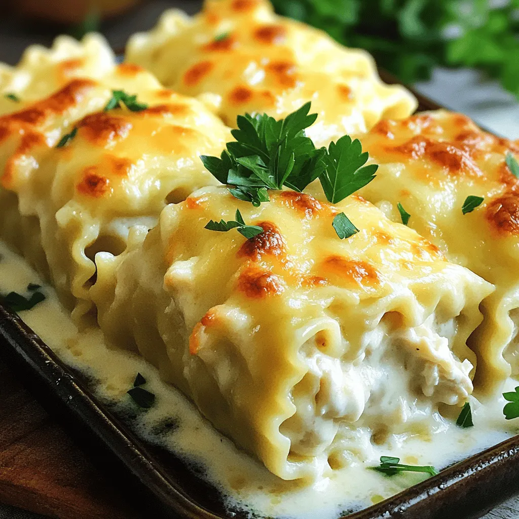 - 9 lasagna noodles - 2 cups cooked chicken, shredded - 1 cup ricotta cheese - 1 ½ cups mozzarella cheese, shredded - 1 cup Parmesan cheese, grated - 2 cups Alfredo sauce (store-bought or homemade) - 1 egg - 1 teaspoon garlic powder - 1 teaspoon Italian seasoning - Salt and pepper to taste - Fresh parsley, chopped (for garnish) - Alternatives for Chicken: You can use turkey or even cooked vegetables like spinach or mushrooms. These work well in place of chicken and still keep your dish tasty. - Cheese Substitutes: If you need a different cheese, try cottage cheese for a lighter option. Or use any melty cheese like cheddar or gouda. - Homemade Alfredo Sauce: Making your own sauce is easy! Just blend heavy cream, butter, and grated cheese. Add garlic for extra flavor. This recipe is all about using what you have. Feel free to mix and match! For the full recipe, check out the detailed steps I provided. Cooking the Lasagna Noodles Start by boiling water in a large pot. Add the lasagna noodles once the water boils. Cook them until they are al dente, which means they should still have a slight bite. This usually takes about 8 to 10 minutes. Drain the noodles in a colander and rinse them under cold water. This stops the cooking process. Cooling and Drying Process Lay the noodles flat on a clean towel. This helps them cool and dry. Make sure they do not stick together. You want them ready for rolling, so let them sit for about 5 minutes. Mixing the Chicken and Cheese In a large mixing bowl, combine the shredded chicken and cheeses. You need ricotta, mozzarella, and Parmesan. Add one egg to help bind the filling. Mix well until everything is evenly combined. This mix should be creamy and cheesy. Seasoning Tips Add garlic powder, Italian seasoning, salt, and pepper to the mixture. These seasonings bring out great flavor. Taste a little to see if it needs more salt or spices. Adjust to your liking. Spreading Alfredo Sauce Take a baking dish and spread a thin layer of Alfredo sauce on the bottom. This prevents the rolls from sticking. Use about half a cup of sauce. Rolling Techniques Now, take one noodle and place 2-3 tablespoons of the chicken mixture on it. Spread the filling evenly across the noodle. Start at one end and roll it up tightly. Place it seam-side down in the baking dish. Repeat this with the rest of the noodles. Covering and Baking Time Once all the rolls are in the dish, pour the rest of the Alfredo sauce over the top. Sprinkle the remaining mozzarella and Parmesan cheese on the sauce. Cover the dish with aluminum foil to keep moisture in. Bake it at 375°F (190°C) for about 25 minutes. Final Browning Tips After 25 minutes, take off the foil and bake for another 15 minutes. This helps the cheese brown nicely. You want it bubbly and golden. Once done, let it sit for about 5 minutes before serving. Garnish with fresh parsley for a pop of color. Enjoy your delicious Chicken Alfredo Lasagna Rolls! For the full recipe, check out the instructions above. - Overcooking Noodles: Make sure to cook the lasagna noodles only until they are al dente. Overcooked noodles can break when you roll them. This makes it hard to keep the filling inside. Keep an eye on the time while boiling. - Filling Overflows: It’s easy to be too generous with the filling. Use about 2-3 tablespoons per noodle. If you add too much, the filling may spill out while baking. This can make a mess and ruin the dish's look. - Additional Seasonings: Besides garlic powder and Italian seasoning, consider adding a pinch of red pepper flakes for heat. You can also mix in some fresh herbs like basil or oregano. These will brighten up your dish and add depth of flavor. - Garnishing Ideas: Fresh parsley adds a nice touch. You can also try grated lemon zest for a fresh twist. A sprinkle of extra Parmesan cheese on top just before serving makes it look fancy and taste even better. - Best Baking Dish Types: A 9x13-inch glass or ceramic dish works well. Glass lets you see the food as it cooks, while ceramic provides even heat. - Helpful Kitchen Tools: Use a spatula to spread the Alfredo sauce. A large spoon helps with filling the noodles. Don’t forget measuring cups for accurate ingredient amounts. These tools make the process smoother and more fun! {{image_2}} You can make a tasty vegetarian version of Chicken Alfredo Lasagna Rolls. Just swap the chicken for your favorite veggies. Zucchini, spinach, and bell peppers work great. They add color and flavor. Next, adjust your cheese mix. You might want to add more ricotta cheese for creaminess. Mixing in some feta can also bring a nice tang. Just remember to season well to keep the flavor strong. Want to change up the sauce? You can easily use a red sauce instead of Alfredo. A marinara sauce will give a fresh twist. It pairs well with the cheese and noodles. Another fun idea is to use a creamy garlic sauce. This sauce will add a rich, savory taste. Simply blend garlic with cream and herbs. Pour it over the rolls before baking for extra flavor. When it comes to serving, think about sides that complement the rolls nicely. A simple green salad with a light vinaigrette adds freshness. Garlic bread is also a great choice to soak up any extra sauce. You can pair these rolls with steamed broccoli or roasted veggies. They add color and nutrition to your meal. For a fun touch, sprinkle some extra cheese on top before serving. For the complete experience, don’t forget to check out the Full Recipe for detailed steps! How do you store leftovers? First, let the Chicken Alfredo Lasagna Rolls cool down. Place them in an airtight container. This keeps them fresh for up to 3 days in the fridge. If you want to keep them longer, consider freezing. What are the best containers to use? Use glass or plastic containers with tight lids. These help prevent moisture loss. If you’re short on containers, wrap the rolls in plastic wrap and then place them in a zip-top bag. What are the best freezing tips for lasagna rolls? If you want to freeze your Chicken Alfredo Lasagna Rolls, do it before baking. Wrap each roll tightly in foil or plastic wrap. Place them in a freezer-safe bag. They can last up to 3 months in the freezer. How do you reheat frozen rolls? To reheat, take the rolls out the night before. Let them thaw in the fridge. When ready, preheat your oven to 375°F (190°C). Place the rolls in a baking dish. Cover with foil and bake for about 30 minutes. Remove the foil for the last 10 minutes to brown the cheese. Enjoy your delicious meal! Prep time takes about 20 minutes. Cooking time is around 40 minutes. In total, you need about 1 hour to make Chicken Alfredo Lasagna Rolls. This includes both preparing and baking the dish. It’s a quick and tasty dinner option! Yes, you can! Using store-bought Alfredo sauce saves time. It works great for this recipe. If you want, you can also make your own. Just choose what fits your schedule best. Both options taste delicious. I recommend serving a fresh salad with these rolls. Garlic bread is also a great side. You can add steamed vegetables for some color and nutrition. These sides balance the richness of the lasagna rolls. You can find many ideas in the Full Recipe. This blog covered how to make Chicken Alfredo Lasagna Rolls. I outlined the ingredients, including chicken, cheese, and noodles. You learned about preparation, filling, and baking. I shared tips to avoid common mistakes and enhance the flavor. You can also explore vegetarian options and different sauces. In the end, enjoy your rolls and get creative with them!