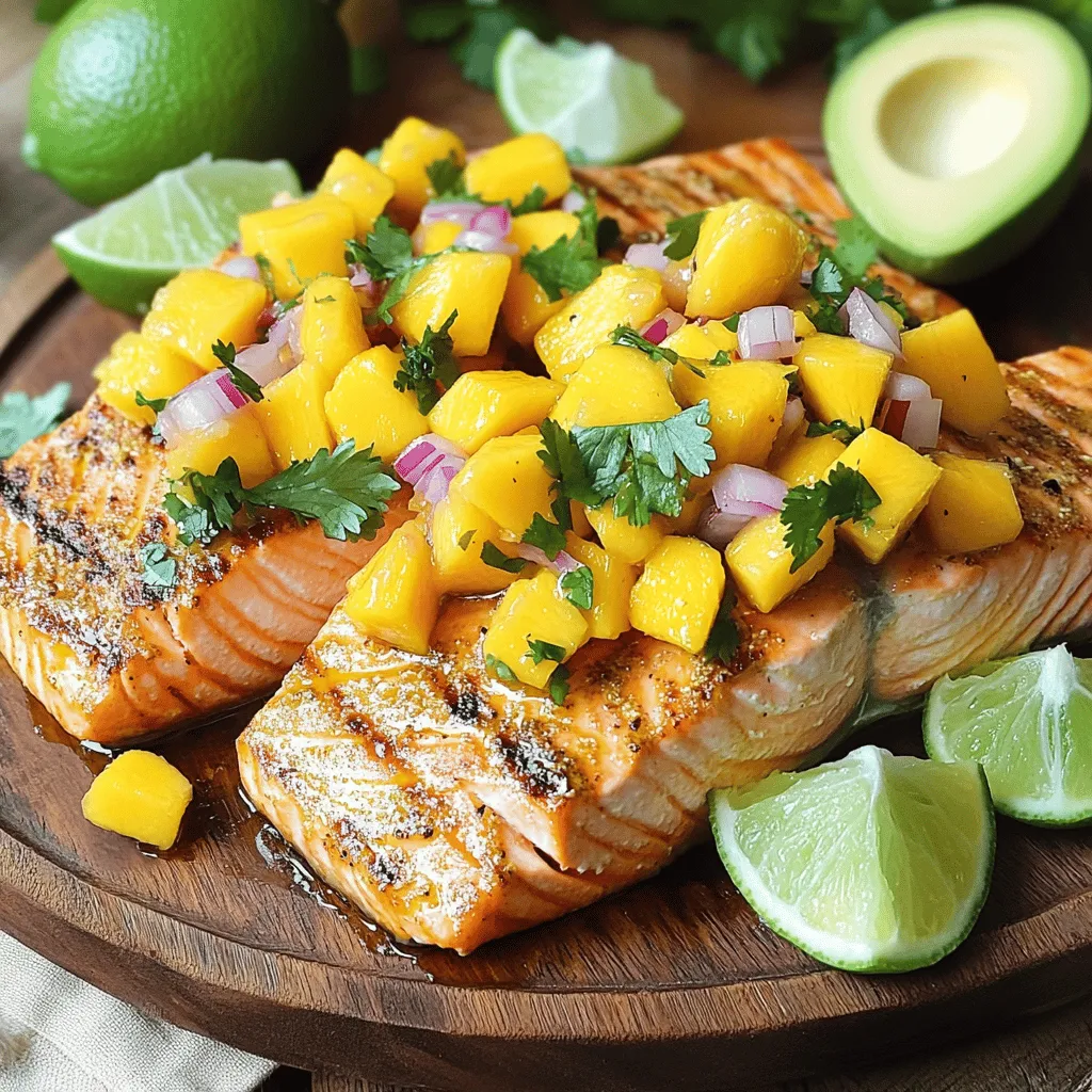 - 4 salmon fillets (about 6 ounces each) - 1 large mango, diced - 1 small red onion, finely chopped - 2 tablespoons olive oil - 1 teaspoon garlic powder - 1 teaspoon smoked paprika - Salt and pepper to taste - 1 jalapeño, minced (seeds removed for less heat) - 1/4 cup chopped fresh cilantro - Juice of 1 lime - 1/2 avocado, diced (optional) When making this dish, you want fresh and good-quality ingredients. The salmon fillets should feel firm and moist. Look for bright, vibrant mango that gives slightly when pressed. A small red onion adds a nice crunch and sweetness. Olive oil is key for seasoning, giving a rich flavor to your salmon. Garlic powder and smoked paprika add depth and warmth to the dish. For spice lovers, the jalapeño adds some heat. If you prefer milder flavors, skip it or remove the seeds. Fresh cilantro gives a bright taste and color. Lime juice adds a tangy kick that balances the salsa. Lastly, if you want to make it creamier, add diced avocado. It adds a smooth texture and flavor to the dish. All these ingredients come together to create a vibrant and tasty meal that you will love. You can find the full recipe for this salmon delight with tropical mango salsa in the section above. - Preheat your grill or oven to medium-high heat (about 375°F/190°C). - Mix olive oil, garlic powder, smoked paprika, salt, and pepper in a small bowl. - Rub the olive oil mixture over the salmon fillets evenly. - Place the salmon fillets on the grill or a baking sheet. Cook for 5-7 minutes on each side. If you use the oven, cook for 12-15 minutes. Salmon is done when it flakes easily with a fork. - Combine diced mango, red onion, jalapeño, cilantro, lime juice, and avocado in a bowl. Toss gently to mix. - Ensure salmon is at room temperature before cooking for even cooking. - Use a meat thermometer for perfect doneness (internal temp: 145°F/63°C). Before you cook, take the salmon out of the fridge. Let it sit for about 15 minutes to warm up. This step helps it cook evenly. A meat thermometer is a great tool. It tells you when your salmon is done. Insert it into the thickest part of the fish. When it reads 145°F, your salmon is perfect! - Let mango salsa sit for at least 10 minutes before serving to enhance flavors. - Adjust spiciness by controlling the amount of jalapeño used. After you mix the salsa, let it rest. This waiting time allows the flavors to blend. If you prefer less heat, use less jalapeño. You can always add more later if needed. - Pair with quinoa or rice for a complete meal. - Serve with lime wedges for extra zest. This dish pairs well with quinoa or rice. Both add a nice texture and balance the flavors. Serve some lime wedges on the side. A little squeeze of lime brightens the whole meal. For the full recipe, check out the detailed cooking steps and tips! {{image_2}} You can swap salmon for other proteins. Grilled chicken works well and is tasty. Shrimp also makes a great choice. If you want something different, try firm white fish. Cod or tilapia pair nicely with mango salsa too. These options give you a chance to mix things up. Mango salsa is fun to change. You can add diced pineapple for a sweet twist. Bell peppers also add crunch and color. If you want a new flavor, try mint instead of cilantro. Mint gives a fresh taste that brightens the dish. These simple swaps keep the salsa exciting. Cooking salmon can be done in different ways. For a crispy skin, use the pan-sear method. This method gives a nice texture. You can also bake the salmon wrapped in foil. This keeps it moist and tender. Both methods are easy and delicious. Enjoy exploring these options with the Full Recipe! Store leftover salmon and mango salsa in airtight containers. Keep them in the fridge. Eat them within 2-3 days for the best taste and quality. Freshness is key to enjoying your dish. You can freeze cooked salmon for up to 2 months. When ready to eat, defrost it in the fridge overnight. This helps keep the flavor intact. Mango salsa tastes best fresh. If you have extra mango, consider freezing it for future recipes. To reheat salmon, place it in the oven at 350°F/175°C. Heat until warmed through. This method helps retain the salmon's flavor and texture. Avoid microwaving the salsa. This keeps it fresh and maintains its crunch. Enjoy your delicious dish! For the full recipe, check out the [Full Recipe]. Salmon is done when it flakes easily with a fork or reaches an internal temperature of 145°F (63°C). To check this, use a fork to gently poke the salmon. If it separates easily, it is ready. Cooking salmon just right ensures it stays moist and flavorful. Yes, but thaw it completely before cooking for even results. Place frozen salmon in the fridge overnight. If you're short on time, you can run it under cold water for quicker thawing. This helps avoid uneven cooking and enhances the texture. Marinate the salmon in lemon or lime juice for 30 minutes before seasoning and cooking. This simple step brightens the flavor and adds a nice tang. You can also add herbs or spices to the marinade for an extra kick. Consider serving with a light salad, roasted vegetables, or cilantro-lime rice for a well-rounded meal. These sides complement the fresh flavors of the salmon and mango salsa. You can mix and match to suit your taste and make each meal unique. For the complete process of making this dish, check out the Full Recipe. In this blog post, we explored a tasty salmon and mango salsa recipe. You saw how to prepare the salmon with simple seasonings and how to make a fresh mango salsa. We also shared tips for cooking, storing leftovers, and variations to suit your taste. This recipe is easy to make and full of flavor. It’s perfect for any meal. Enjoy this dish, and don’t be afraid to experiment with your ingredients. Happy cooking!