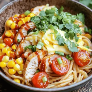 Monterey Chicken Spaghetti combines tender chicken, tasty pasta, and gooey cheese. This dish is fun to make and even better to eat. You’ll find that the flavors blend well and please everyone at the table. Here are the key ingredients for this delicious meal: - 8 oz spaghetti - 2 boneless, skinless chicken breasts - 1 teaspoon smoked paprika - 1 teaspoon garlic powder - 1 teaspoon onion powder - 1 teaspoon dried oregano - Salt and pepper to taste - 2 tablespoons olive oil - 1 cup cherry tomatoes, halved - 1 cup corn (fresh or canned) - 1 cup shredded Monterey Jack cheese - 1/2 cup green onions, sliced - 1/4 cup fresh cilantro, chopped (optional) - 1/2 cup BBQ sauce You can switch out some ingredients to make it your own: - Use whole wheat or gluten-free pasta for a healthier option. - Substitute chicken with firm tofu for a vegetarian twist. - Add bell peppers or zucchini for extra veggies. - Swap BBQ sauce for teriyaki for a different flavor. Feel free to get creative! Each change can bring new tastes to your plate. Start by boiling a large pot of water. Add a pinch of salt. Once the water is boiling, add 8 oz of spaghetti. Cook it according to the package instructions until it is al dente. This usually takes about 8 to 10 minutes. Make sure to stir the pasta occasionally to prevent it from sticking. When it’s ready, drain the spaghetti in a colander and set it aside. While the spaghetti cooks, take the two boneless, skinless chicken breasts. Pat them dry with a paper towel. Season both sides with smoked paprika, garlic powder, onion powder, oregano, salt, and pepper. Make sure to cover the chicken well with spices. Heat 2 tablespoons of olive oil in a large skillet over medium heat. Once hot, add the seasoned chicken breasts. Cook for about 6 to 7 minutes on each side. The chicken should be golden brown and cooked through. Remove the chicken from the skillet and let it rest for a few minutes. After resting, slice the chicken into strips. In the same skillet, add 1 cup of halved cherry tomatoes and 1 cup of corn. Sauté them for about 2 to 3 minutes. You want the tomatoes to soften a bit. Next, add the sliced chicken back into the skillet. Then, toss in the drained spaghetti and 1/2 cup of BBQ sauce. Stir everything together well. Finally, add half of the shredded Monterey Jack cheese. Reduce the heat to low. Sprinkle the remaining cheese on top of the mixture. Cover the skillet with a lid and let it cook for about 2 to 3 minutes. This helps the cheese melt nicely. When it’s all melted, remove it from the heat. Top with sliced green onions and fresh cilantro if you like. Enjoy your Monterey Chicken Spaghetti! To make the best chicken for your Monterey Chicken Spaghetti, start with fresh chicken breasts. Trim off any fat for even cooking. Use a meat mallet to pound the chicken to a uniform thickness. This ensures it cooks evenly. Season the chicken well with smoked paprika, garlic powder, onion powder, oregano, salt, and pepper. Let it sit for a few minutes to absorb those flavors. When you cook, use medium heat. This helps the chicken brown nicely without burning. Cook each side for about 6-7 minutes. Check if it's golden brown and cooked through. Always let the chicken rest for a few minutes before slicing. This keeps it juicy. For the cheese to melt perfectly, use Monterey Jack cheese. It has great melting qualities. After you combine the spaghetti and chicken, sprinkle half the cheese into the skillet. Then, cover the skillet with a lid. This traps steam and helps the cheese melt evenly. Keep the heat low to avoid burning. Let it melt for about 2-3 minutes. Once melted, you can add more cheese on top before serving for that extra cheesy goodness. When serving Monterey Chicken Spaghetti, think about presentation. Use deep bowls to hold the pasta and toppings. Garnish with sliced green onions for a fresh crunch. If you like, add a sprinkle of cilantro for a burst of color. You can also serve it with a side salad or garlic bread. This adds freshness and balances the meal. For a fun twist, offer extra BBQ sauce on the side. This way, guests can drizzle more sauce on their pasta if they wish. Enjoy your delicious meal! {{image_2}} You can easily make Monterey Chicken Spaghetti vegetarian or vegan. Start by swapping the chicken for plant-based protein. Tofu or chickpeas work well. You can also use your favorite meat substitutes. For a vegan twist, choose a dairy-free cheese. Nutritional yeast adds a cheesy flavor without dairy. To change the spice level, you can play with the seasonings. If you like heat, add red pepper flakes or a dash of hot sauce. You can also mix in jalapeños for a fresh kick. For milder flavors, reduce the smoked paprika. This keeps the dish tasty without overwhelming spice. Seasonal vegetables brighten up this dish. In summer, add zucchini or bell peppers for a fresh taste. In fall, consider adding spinach or kale for extra nutrients. Use whatever is fresh at the market. This not only enhances the flavor but also boosts the dish's health benefits. To keep your Monterey Chicken Spaghetti fresh, store it in an airtight container. Allow it to cool first. Place it in the fridge for up to three days. If you want to keep it longer, consider freezing it. When you're ready to enjoy leftovers, reheating is easy. You can use the microwave or stovetop. If using the microwave, heat for one minute, then stir. If using the stovetop, add a splash of water and warm it gently over low heat. This keeps the pasta from drying out. Freezing this dish is a great option. Portion it into individual servings in freezer-safe containers. It can last for about three months in the freezer. When you're ready to eat, thaw it overnight in the fridge before reheating. This makes for a quick and tasty meal later on! You can use several cheese types. Cheddar cheese works well as a substitute. It adds a nice sharp flavor. Mozzarella is also a great choice for a mild and creamy taste. If you want a dairy-free option, try cashew cheese or almond cheese. Both melt well and taste great. Yes, you can easily make Monterey Chicken Spaghetti gluten-free. Use gluten-free spaghetti instead of regular pasta. Many brands offer tasty options made from rice, corn, or quinoa. Just ensure that your BBQ sauce is also gluten-free. Check the label to be safe. Monterey Chicken Spaghetti lasts about three to four days in the fridge. Store it in an airtight container for best results. If you want to enjoy it later, make sure to cool it down before placing it in the fridge. In this blog post, we've explored how to make Monterey Chicken Spaghetti. You learned about key ingredients and how to prepare them. The step-by-step instructions guide you through cooking the chicken and mixing it all together. I shared helpful tips for perfecting your dish and variations to fit your taste. Finally, I covered storage methods to keep leftovers fresh. Remember, cooking is fun! Use your creativity and enjoy every bite of your meal.